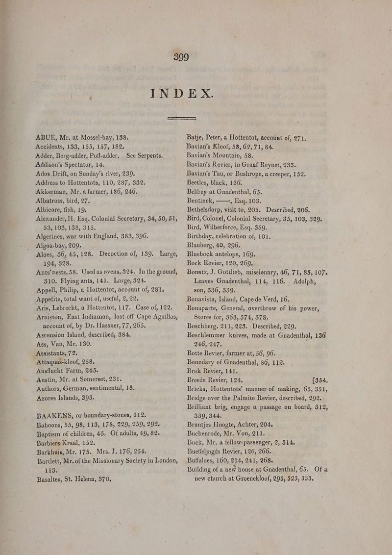 Accidents, 133, 155, 157, 182. Adder, Berg-adder, Puff-adder, Addison’s Spectator, 14. Ados Drift, on Sunday’s river, 239. Address to Hottentots, 110, 287, 332. Akkerman, Mr. a farmer, 186, 246, Albatross, bird, 27. Albicore, fish, 19. Alexander, H, Esq. Colonial Secretary, 34, 50, 51, 53, 103, 138, 315. Algerines, war with England, 383, 396. Algoa-bay, 209. Aloes, 36, 45,128. Decoction of, 139. Large, 194, 328. Ants’ nests, 58. Used as ovens, 324. In the ground, 310. Flying ants, 141. Large, 324. Appell, Philip, a Hottentot, account of, 281, Appetite, total want of, useful, 2, 22. Aris, Lebrecht, a Hottentot, 117. Case of, 122. Arnistun, East Indiaman, lost off Cape Aguillas, account of, by Dr. Hassner, 77, 205. Ascension Island, described, 384, Ass, Van, Mr. 130. Assistants, 72. Attaquas-kloof, 258. Ausflucht Farm, 245. Austin, Mr. at Somerset, 231. Authors, German, sentimental, 18. Azores Islands, 393. See Serpents. BAAKENS, or boundary-stones, 112, Baboons, 55, 98, 113, 178, 229, 259, 292. Baptism of children, 45. Of adults, 49, 82. Barbiers Kraal, 152. Barkhuis, Mr. 175. Mrs. J. 176, 254. Bartlett, Mr. of the Missionary Society in London, 13, Basaltes, St. Helena, 370, Bavian’s Kloof, 58, 62, 71, 84. Bavian’s Mountain, 58. Bavian’s Revier, in Graaf Reynet, 233. Bavian’s Tau, or Bushrope, a creeper, 152. Beetles, black, 136. Belfrey at Gnadenthal, 63. Bentinck, , Esq. 103. Bethelsdorp, visit to, 205. Described, 206. Bird, Colonel, Colonial Secretary, 35, AeA 325. Bird, Wilberforce, Esq. 359. Birthday, celebration of, 101. Blauberg, 40, 296, Bluebock antelope, 169. Bock Revier, 120, 269. Bonatz, J. Gottlieb, missionary, 46, 71, 85, 107. Leaves Gnadenthal, 114, 116. . Adolph, son, 336, 339. Bonavista, Island, Cape de Verd, 16. Bonaparte, General, overthrow of his power, Stores for, 363, 374, 378. Boschberg, 211,223. Described, 229. Boschlemmer knives, made at Gnadenthal, 136 246, 247, ; Botte Revier, farmer at, 56, 96. Boundary of Gnadenthal, 86, 112. Brak Revier, 141. Breede Revier, 124. [354. Bricks, Hottentots’ manner of making, 65, 351, Bridge over the Palmite Revier, described, 292. Brilliant brig, engage a passage on board, 312, 339, 344. Bruntjes Hoogte, Achter, 204. Buchenrode, Mr. Von, 211. Buck, Mr. a fellow-passenger, 2, 314. Buefieljagds Revier, 126, 266. Buffaloes, 160, 214, 241, 268. Building of a new house at Gnadenthal, 65. new church at Groenekloof, OSL 0s 355s Ofa