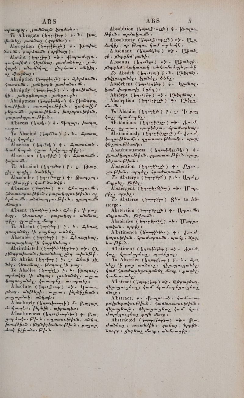 ABS արոաքոյ 5 JwtEbings կողմանս - To A’brogate ( Էպբեյ-) Fr ն: fuer rath Ey, բառնալ (զօրենո) = Abrogation (Էպրտվեւըն) Գ. խոփ». Սուն Ա բարձումն ( օրինաց ) 2 Abrupt (էպ) «ծ: ՀՔարաժոյու։ դգածավեժ 5 Հերձիոլ, բաժանեալ: ust, կարծ , անակնկալ. :: Ընդծատ ’ անկից , ոչ մրազեսլ: Abruption (Էպրքւն) ¢- ՀՃիերժումն, Հոոուու Հն: , saul aps pest tne dis Հ Abruptly Cherchrrh ) {6 Փութանո», ճե , վիզդ նարար: » ոոնդուղն Հ Abruptmess (keretr*t-) 4. անդր. ութիւն ի ռաստկութժիւտ , դաձավեժ բերումն Է բբտութիշն , fungognel[P fit , .թարաժայուութիւն Fy A’bscess (էպ) $+ Qenzgerp, խաղա. ոստ = To Abscind (էպ) ք, ն. Sram DE» կտրել: Abscissa ( էպ Լ) Փ. Հատուած , ful” Inpro (բոտ Էրկըւչավփից) > Abscission ChoeEec® ) 4. umn tin , կարում: Հ To Abscond (kawtchw) ք, ge (Իշ չել: worhys ձածնիլ։ Absconder (bape p cba ne ) Լ. (Բոգչող: որ Թագչի Ս hull ծածկի = Absence ( et) td) ) a Հյեուազումն , Epleneits = witalinugpaelF fot Ա բաղում «րուազ = A’bsent (Kaebbr ) wd . Հեռի , ե բոզ. Eur» Sfauweop , բացակայ 5` անխու. գիր » զբաղետլ hinop : To-Absént (hyskbe ) քէ, Ն. Հեռա. պուցանել, մմ բազեայ առնել: Absentée ( OL) -Ln dal ) 4. Հեուտցետլ, օտարացել 'ի Չայրենեոց = Absinthiated (tel Sttety) «Է. OL Հենդքախաոն մ խոսուն եալ. pur ավփանթի 2 To Absist Cb boe ) է singe Հեոի Լե. ճել, Հծեոսթնալ, Թողուլ. մ բոց: To Absdlve ( Է`ՎԱՎՆ) Fs ճ- (թողուլ, արձակել է մեղոոց 5 լուՓֆանել, ազատ կացուցանել: ատարել, տուսար իլ: Absolute. ( Էպօլիո- ) «ծ. կառա. plug, անթժերի Հ աի: մարե Ա ups luat Հ բացարձակ Ա անկաս = A’bsolutely (Yamerbemerh) մ. Prager auhwnyku , fnpi fa , իրես: A’bsoluteness ( Էպածլիոչոնե«) գ. Բա. Ցպարձակուվժիւն Հ ազատութիւն , անկա ութիւն ։ ինթնիչխանութիւն , բաղալ,, «եալ իչխանութիչւն ։ ABS 5 Absolution (Laywor french ) 4+ (haya (thera չ արձակումն Հ A’bsolutory ( Baywopfemrerh ) wd 6 Ue ձակիչ որ Թողու- կատ արձակի > A’bsonant (faywobbbe ) we. Uiak ղի, ընդգր բանի: A’‘bsonus ( kaywol pw ) w . Ui-rtqt., բնղղեմ:, ծակաուավ , անձամաձայն goat fr: To Absorb ( fe ony Hop oy ) է, tee (դել, Ընկլուղանել: կլանել, ծծել: Absorbent (hey«épabhr ) 4: fal փարատիչ (դեղ) Հ Absorpt (ԷՀ: ԷՐ) Ի Ընդ րալ = Absorption (Ապո ւն) $e Ըննըը. մուն : To Abstain (էէն) ք, է: 'Ի բաց քլ: ծրաժարել = Abstémious (t4rfstype) «Է. մուժ. էլ, ղղո , apap Eoin , ծրաժարնալ : Abstémiously (kerf tygert ) 1: fred կալուվժ եմք , դղաստուվժեամբ: ee hd fia mne (FE ashy « Abstémiousness ( kaerfbypebhe ) 4. տո«Ժնալութիւն , դդաստութիւն չար, /Եչյոուվժիչւն Ա ) Absténtion (էպաքքեւնե) 4. Ogne_ շութիւն, արգել, ծրաժարումն z To Abstérge (taerkrs) ք. ՍՐԲԵԼ։ մաբրել: քնչել։ Abstérgent (Layrkpaitte ) «Է. Yee els» spels+ | To Absteérse (Lawrkp ) S fu to Ab- sterge . Abstersion (hawrbpack ) 4. Սրբու, Siappne iti , PUP ne itis 2 Abstérsive Chaerkeob) Ե. U err ղական , սրբիչ = A’bstinence (Էպոբինելն«) 4. բուժ. կաղլութԹթիւն , ծրաժարումն , ոլածթ , are taelFher - A’bstinent ( Eaup hi bien ) «ծ. ժու. կալ, ծրաժարեալը, ալածելցու : To Abstract Chavrrkte ) ք, be Հո. LE, է euy տոնուլ: վերոողուցանել: Qual” ծրաժարեցուցանել dinop Հ punky կլանող, 4Suntiunomby = A’bstract Ckayorpher ) wt dpe վերացեաչ, վերացուցեիալ, Quad” ծրաժարեցուցետը, dinop : Ճ՛ՖՏԵՐՅՇԵ, Փ- ՎԲաղուասծ, Հսմուուօու Բովանդակութիւն 7 Suntan omnr(d-frets = {i pug kash > վերոացուգնալ, որ Հլ. Ժարեզուցեաը դչոլը inop Հ Abstracted Cheyer kieby ) ա: բա. Ժանեալ. ջ մու ն4լին 5. ամն tpefi F նուրբ : Ցոդնալ. dinop , առմասդիը Ա