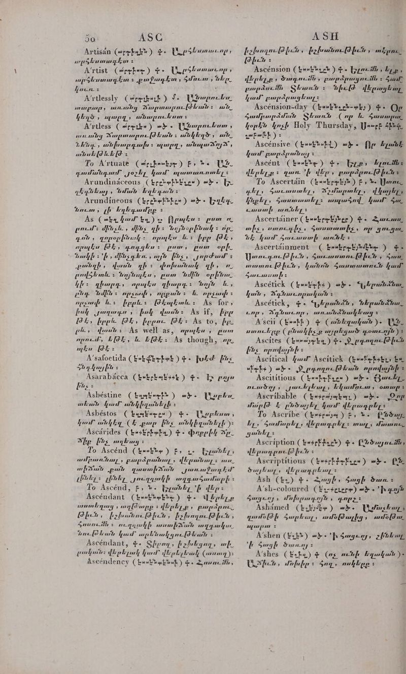 Artisan (»բԷլլ են) Ye Uns hunueng, արծետտագետ - A’rtist («բդի ) ee | ee , sop 4 bum Ean : չ։թաջագետ » ծմուսո , ns Ipaen.: A’rtlessly ( wperberh ) f. Աթայանը «ոբառլը:ջ տոսը շրալոուսրուվմ նան Հ դոն... Սեծ » ալարզ» ate pate 2 A’rtless ( wprike ) mo « Լ1ճարուն ո , ws 1h. ունը 2 արարո (Ff ush : Հ անկեղծ 7 als % Fig , sol frp pfu = 2 yey» aarTanag es yp 5 utube {ti &amp; [7d ւ To ՃՆՇ (#ppfeckye ) Fs be ULE Avundinaceous ( Էրբբոթինիւը») Է: Ե- շենի » tabi Eqbt gush = ուսո, իմ հեղեզամբք Էշ ՒԷ ( «ել ամ էԼ) ռչ Ռրոլեռ 5 րոտ ո, pod: միչ ն , մինչ դե : տռյնօբին ակ 5 np դոն , զորօրինո:մ, Տ որոլես fe > ter Թե , որոլես ԹԷ, շչողցիս : pum, pum օրի.  Պոլի Հ ի ՛ մինչդեո. , mys եչ, որժատ 5 փանզի , վառն ռի = փոխանա ab Cela / da ers ble > Խոյլնոչես , pag djs op fiw նի = զիարդ, apy ba ghuapy Հ ոյն ե, բող Նին = որչափ, որքան = ՆՉ որչավի = որչոոի he: երբե: Թեոլետեւ 3 As for , ful րնթ £2 , fol վառն = As if; beg 22 fepe ԹԵ, եբքբո- UGE: As to, be gles feats : As well as, որոլես , Gum որում, ԵԹԵ, Ը E(k: As though, ap. mEu ԹԷ։ i A’safoetida (kok Gbrbet )4¢- խեժ firs Sh դկային » 5 Asarabdeca Cketrbabesk )) Ժ- Է բոյ» ինչ ։ Ashéstine ( bamtorhh ) wd. Uwere SA մ Ր մենրաննելի Ashéstos C ba koe po ) + Deekun , կուր wth by ( Է Է hg 2 wth baat bbs ye Ascarides (էէր իւղ) Գ. Փռոբթրիկ Ap 72 fags wy brung : = To Ascénd ae New է, t+ ելանել, ամբո ոա, բաղլԳլրոան ույ ։ PE puting : ees tt wt Must բ Մ դաստի ճան J 4) fh. wm Jan gh fl To Ascénd, ք, ն. խանել 'բ վեր։ Ascéndant (էան) Գ. Վերոլթ չոռ ղաց , աղդ ալրթ 2 վերելք , բոս Հք ու,, Թիւ ’ fiebrutar[F pct , էչխողութիւն , Ճոււու Դն = ուղղակի asa fy ան sas of op ces Ty ess tol? bot քում` արբրենակցուլթժթեան :: Ascéndant, 6. Ste ny; bebbgna, 7 poly wsite: Pip jul a a diply buh (առող): Aseéndency (feukhekieh) գ. Հյոտումի:, Էչխողութիւն : belwim [3 fit ր երու, (Phra: Ascénsion (kuxthach) 4. ելում, Eye, diplype , ծոսդումն 4 eurpdpusg nity ջ Հար pupae քն Shue = tfeld LE rary busy Ascénsion-day (twukbyph-wky) Գ: Og Համբարձման Տեաոն a op h. ed Le hop ki կոչի Holy Thursday, Yorrt Shhq չարի) = | Ascénsive (teokbuBhL) wh - ՈՐ Fyn hal! բարձլոան ոշ > | Asecént ( էԱ) qe bre Ր ելումն : To Ascertain (heobpebyh ) Fy be Yeon դել, Հուսո էչ, Wp fas pinky 5. վկայել, hupky, Sea umn bey: Bain hatin կաի Sur cue fs ey Ascertainer (heekprbyber) 4+ Zura, իչ , ոռոգիչ, Suruimunn fs , op gga DE կատ Հառսաստիխ ոու է. : Ascertéinment ( kwkpphyhible ) ge Ստուգուվթժիւն , Sues (d fet » Հաս, ոուստուվթժիւն Ա հատոն Sununu heal 4ureusssin fs = Ascétick ( էո«ե-իՀ ) «ծ. epson, լայն , Mg eter nies yest Է | է Ascétick, 4. «Սորանձճն , ներանճնա ony, Wyte eng , առոսոնձնակեագզ : A’sei (էէէ) + (sb bqusljusth ) + Vz Ascites Cheewyr ka) Ge Փ.բջողուվլժիշն Ascitical քամ Ascitick (fee Mehatry be «եչ ) wi > Diegagne (thu որովայնի: Ascititious (bewbrfagy) whe Bucky ուսսծոլ, մառշհլիալ: Ehmdluem , օսուսը : Aser ribable ( bevpodgnbory ) wh (er To Ascribe’ (Արայ) ք Fy he pide, Ey, Համարել: վերագրել: տալ: Tune, պանել: Aseription ( bose EPoe®) «. Ը7ծայուճն, վերսագրութիւն > Ascriptitious (t++rhprFrigy) «Է. ԸՆ ծայրուը, վեր աղբեալ ԷՀ = Ash (t2) aay, ծացի ծառ. : A’sh-coloured (¥a-¢ergre) #&amp; «Ի գոյն 4Sugeny , մու ղ-ոլն , pape > Ashamed (brkyby ) wd + ՆԱՆԱՆ դոսթթԹժի Հարիչ, ամօլթալից ամօթ, արատ > A’shen (է. Էն) w § » 'Ի Հազ-ժռյ, է ծացի Sus. ոյ: A’shes ( Eafe) + (ոչ ումի հական ye ԵՏՄ 22 ; մխի : ծող» ոսներջ : շննեսոլ,