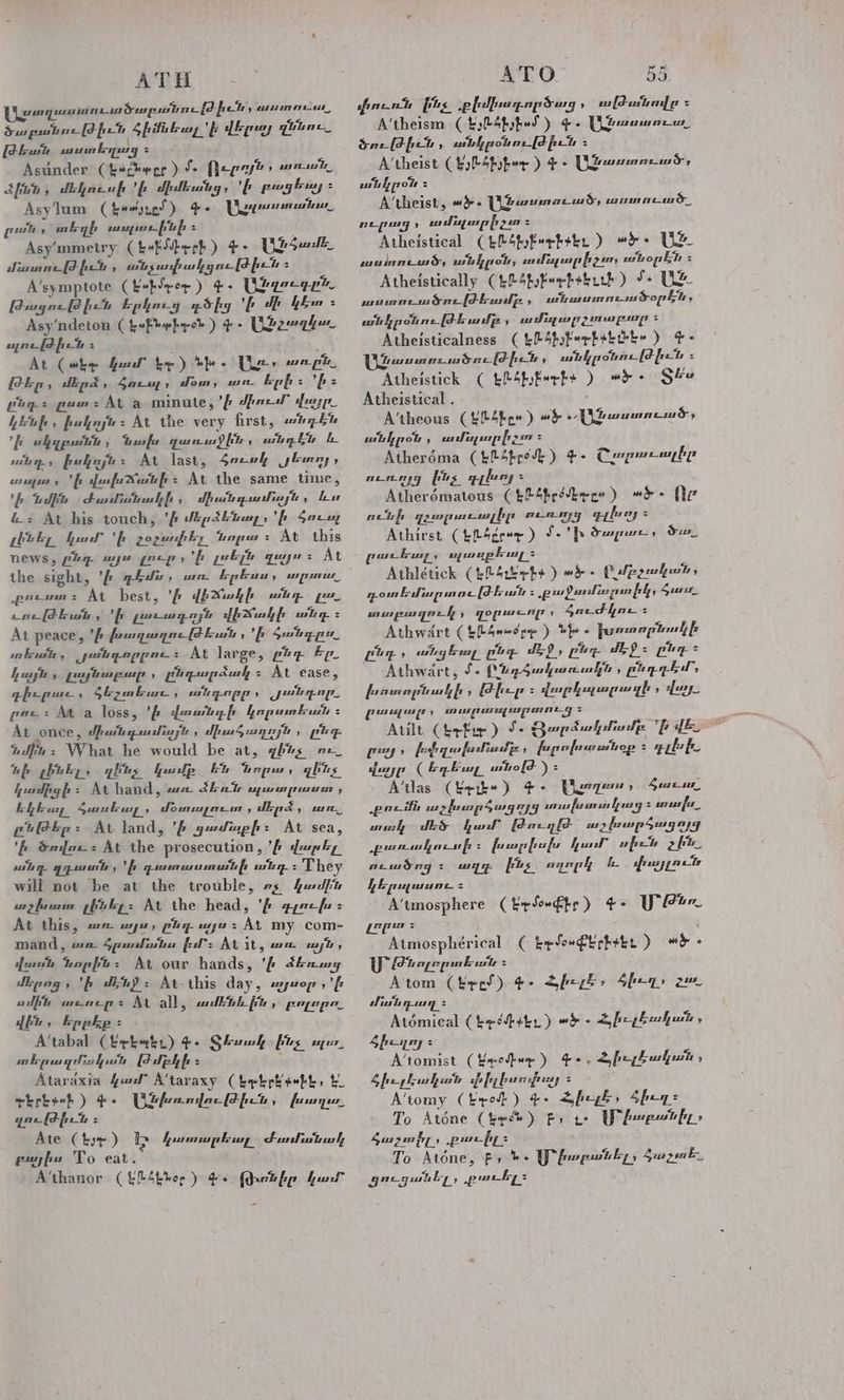ATH au wamnwoeupwtac{ifch, ad 05 La ծաբանութիշն Հիմնրալյ 'ի վերոյ quite Թետն տտտեղաց = Asunder (kechyer ) Se ՈՐԴ , ոււումուն.. Հինն, մեկուսի ն միմեւոնը, է բոացեայ : Asylum (tem snes) a. Ceuta pe , տեղի յառաւինի : Asy’mmetry (tet Sbeck ) 4. Uta սնոտութիւն , անչավակցութիշն 5 A’symptote (kopirer ) 4: Ubqergpi (Թոռցութիշն Ephacy aS fig է ժի կեսո = Asy‘ndeton ( few foe fpol ) գ. Usouqhe սլութիւն : | : At ( whey fa I br) ջի. Uw» eure pis Թեր, dE pd » Հուս, dom, we. երի ։ է։ ընդ: pum: At a minute,’ dpa” վյ. կենի, իսկոյն: At the very first, անդն է սկզբաշնն , ւա դառաջին , անդին ե. անդ իճկոյն։ At last, ծուակ յնտոյչ տարա: 'ի վավճանի։ At the same time, ի մին Ժասհոնակի , միանդամնոյն y ե ե: At his touch, ն մերձենալ» է ծուռը լենել A է gogunuprley Պոլ: չ At this news, pun mys pep, մ 2 լոյն զայս : At չքուատ : At best, ի [buh fr ւոն դ ve ւութեան, է լաւագոյն վեշկի անդ: At peace, է խաղաղութեան 3 ն Sedge ոյա, pelo: At large, pur Ep կայն, ըալնաբար, ընդարձակ: At ease, դիչրա- , od Pd , տանդորը , ye ad gare: At a loss, է arash fr hapunkh : At once, Spach pes fiaghe , միածաղոյն , i a ամին What he would be at, զինչ oe ub pbuky, ղենչ կոս մբ Et զորու, զիչ կամիցի 5 At hand, ՄԱՏ ՅեոՂ PA 244 £57 [TILDE EET 9 ae Suuleusy » մ թսուսլուտ չ ւեր 4 ա ընթեր ։ ՒՆ land, ե gusdiap fi: At sea, 'ի ծովու: At the prosecution, ի վարել, aust ry դղատն , ե դսատատոանի անդ : They will not be at the trouble, ոչ նոշմլ an furan լենել։ At the head, ՛ի լուխ : At this, աու այս, ընղ այս: At my com- mand, ոո- Spondon fel: At ata ոու այն > վառն նորին։ At our hands, 'ի &amp;haug մերոց, ե մս ։ At this day, այսօր y's ամիր creepy = At all, ամենեւին, բոլոք ո. վն, kpphp: . A'tabal (է-էպեւ) 4. Տեսայ [us ոու, արա ղմանի Լեոնի 4 Ataraxia ful” A'taraxy Chebpt debe, Է -Լրէ««ի) Գ- Bibandac(eit, ա 2 չութԹիւն : Ate (էյ) Է կառո, Ժամանա guyfu To eat. A’thanor CELL bor ) 4. (Իռնիը ար ATO 55 փուոն 222 թեմիադործ ուց » աՌանովը = A’theism ( ԷԼ: յի»15 Գ. ԼԱՀբասոայռւ., ծութիժշն, անկըօնութիւն 5 A’theist CE Ab ber ) 4. Լ1քատոուած- wih pot Հ i A'theist, «ՓԵ. Նատոուած, (ոու Էւ ծ-, oLlpug , ամդարիչ: Հ Atheistical (էճ ի»բքչեւ) «Է: UZ cuir, աւն կը օ1 ուրար fs gery անօրեն : Atheistically (t24boFerbebuut) 7: Ue muon soelP bude ; wmtimumnusop kh, ast hy potine [Fb us le , մումիա շյոաբար Հ Atheisticalness (t24boferbekibke ) 4- Ulweumncwdne[F fet , անկըօնութիՒՆ > Atheistick ( th4tferks ) «Է: Տո Atheistical . ‘A’theous (ԷԼքիչ») «Է Ulead» wih pot , ամոլ իչ:» = Atheréma (bhp de ) 4. Ըարոաւալել ուուռյց ինչ դլեոյ: Atherématous (էղքիլչձն րշ») »Է- Ոռ Athirst (ԷլԼճբր»ղ-) Ave Ի ծաղր , Փո. բանալ: արառթիալ: Athlétick (էԼէլել: ) w des Clpguhuth, դատե մարառՀԹԺեա > քաջամարտիկ, Հոոմ. sores pu prey , qopuucnp , Հուժկու = Athwart (bbs nnd pe ) he pusmapioul fs Ըդ անցեալ բնգ մէջ, pur dE? = Ըդ 2 Athwart, J. ed eo , բնդղեմ» կուտոբնակի Ա hep > վարկպարազի , վո Թ. ԷՂՆԻ , wie ot ովի = Ault (րքը) 1: Յարձակմամբ ի db py » febipofadiade , fupofuauhop Հ ԴԼեի- վայը ( եղեալ ւոն օվԺ ) rs A’tlas (brik. ) 4.. Նարդոս >». աւա, բումն աշխարծացոյց wiry fos ensues lpn էշ ա fos ոկ մեծ կատ Թուղթ ողչլարծացոյց չքաոսակուսի > fusup frufe ար ռին չեղ. QE pagan. 5 A’tmosphere (Էջտ«ֆիջ) 4: Yar Լոր»: : Atmospheérical ( bydeu¢rbekn ) «ծ: Ul Թռոլոլոոնա ն 5 Atom (երմ) ¢- Հիլը: Հիլ: 2m չ/հանդսաղ : Atomical (trebete) «Ե. Հիոլեական “ Հիլ»: A’tomist ( Baecdb wn ) Be, Հի հական ը Հիլ եական փիլեսո յ 5 A’tomy (kryodk ) զ. Հիլի ։ Հեղ: Ղօ Atone ( ե-ն ) է, te UW քշաբանիլ» Հաշտիլ» .թոուիլ: To Atone, է, .. ՄՐ ք»րանիլ, Susp oni Ex, gucgquiky , թառել: