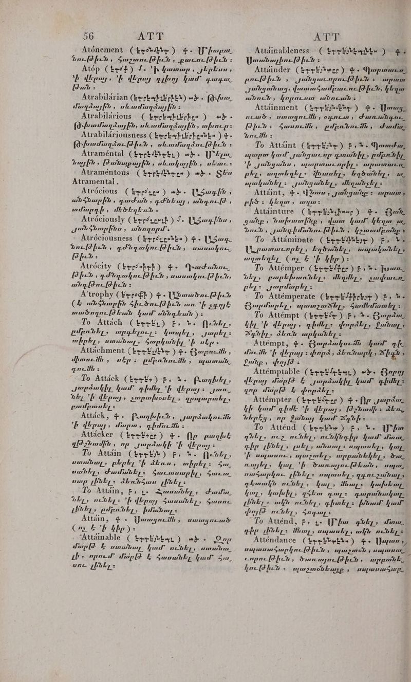 50 ATT Aténement (bycbhbe ) 4. UP fugu ութիւն , ճաչտուվվիւն , քաւութիւն : Atép ( bret ) ie Ի ատար , երեսս , ի վորոշ » ի վերոյ gylury fot OL ae Թան : ' Atrabilarian (bephapit էԼ»: «Հ. (Ի/շ. մաղձային 7, ոնամաղձճային = Atrabilarious ( trrkebilchee ) «Է. (Q>feanfian dus; fin, uhunftiandusy fr , nfunep ե Atrabilariousness ( Էո-բԷ «իւն քբ«եԼ«) 4. (Թթրոսմողձութիւն , անսումիաղձուվժիւն = Atraméntal (Էքէ Մոլ) wh. [Pepe յին , (Թառաթային , անսակային , անու: Atraméntous ( Էբլէմեքը» ) «Է. Տե Atramental. Atrocious (kyppezpy ) wh ՆՀագին, անծնարին , դաոն , gtk uy ի աւնդուԺ , սուխալողի , ծեղ եո : Atrociously Cbrrezeerf ) Are Usegftu , geuSinag fie 7 wi nya’: Atrociousness (krpérpvkew) գ. Surge taelt-frt , դժաղակութիժն , մայա կլո, (fit: Atrocity (kreeebrh) զ. Դաժանու, Թի , դժեղակությիւն , muunkne ld fet, անդլթժութիւյ: A’trophy (frp €}) Գ. 1նտածութիշն (է wt Sina p fit ծիւծութիւյ mr. է ees wuSayne[d bat fut” ule East ) > To Attach ( brett) է, 2. Ուշ,» բմբոնել, արդեյուլ: քաղել, արել: իրեր, ոռնալ, ծարկանիչ է ոեր : Attachment (bee Էչ bin )4. ռբումի, , միտումն , uly: Clpatacith , spud, դումն : To Attack Chrrk+ ) է, ե. Բաղի ել, Լ 224 մ վերոյ Ա չարախօսել , դրոլալոռել, բոսմբ:ասիլ : Attack, 46. բաղխի շն, Մարձակումն ի վերայ 5 մխարոոչ դի մու: = Attacker ( berber ) a Ne peuglal ql? stiadpits չ որ մարձ4ակի է վերո» : To Attain (fbrrtyh) ք, hb. fJethy, տտանալ, Բերել ի ՅԵ , տիբել: ծա. սանել, Suto ել: Հառսառարիլ: Հաւ ու, To Attain, է, te Հասանել Ժամա. ճիչ, ունել: է վորոշ Sumit key Հառու. լինել, Ըժբոնիել, [rfiati uy = Attain, զ. Young oe itis , wer as (րոնի վիր) . “Attdinable ( Էէ ելաւ ) ws. որ Sip [d- Է ոո նայ կուր ունել, ոու Te ts լե, որուսԻ ii [d- 2 Հասանել fa Sia, սու Լինել = A Ղ ք Attainableness ( Էրբեյնեդրլ«) 4. Youtube (Ffct Տ Attainder (էրոԼչնթըը) + զեորոաշռ, րութիւն 9 ոռնցա-շորութիւն Հ արատ մանցանաց: վատածամբաւութիշն, ա գոյու , fopacun անո ոո = Attainment Cb kyhubbe ) Your. noms, sangre itis , omncm 7 Funimbgne Թիւ: 4muncifir չ Ը բոն ումն , Ժո. Դու ոն : , To Attdmt (tertyoe) ք, ն. Գոասոժա, ոլալուտ քատ gusts gansta fy, plenty ի մանցանա, agen pase orp fy : րատ Է ու. er աղտեղել: Հոսսել, Eqowtky ու ող աւան Ել say չաց wah Ey, AE yt sly: Attdint, +. Ubu, yuttiguthp : ամ աան ebs 5 hi-qu , ոու Attdinture ( էղել իո) 2. Զան, gulp Է tn fu unin fiip , վաստ fal չեղ Ze զուն, անդիմանութիշւն, 1չտամբանբ 2 To Attéiminate ( Է-ր-Է ՆԵԼ) ք, Ն. Upgeuuenpky , Eqéwiky առլականել, աղալ (ոջ ԵԱՐԱԱԱՆ To Attémper ( Էբթեմքըը) ք, 5. խառ, նել» բարեխաոն ել: մեղմել, չավ Էո., ՐԵԼ: Ժարմարել : To Attémperate (Էր է քչի) է, be Ցաղրոհորել, ոլատչաճել, ամենա bey : To Attémpt (Էրե) է, hb. Ցարժձու,, bhi Վերր մոմեր աաա pad cane Հիլ» ՀԵ արկանել : i Attémpt, -. արձակում: Aunt դի. ir fis է վերոյ : find , ՃԱոմ ուր, 7 2բգն , ֆոնը, փաԹ: լ Attémptable (trrtSebar) «Է- Bary վերայ «հար Գ 2 pail fy fel yfulky = շոր արժ 2 փորել: Attémpter CtrrkSrer ) 4+ Որ արձա Lf VT ie դիմ. ե վերո , Թչոնամի : aka, աան , որ Sutliay hel Հնի : To Atténd (trpkhy) ք, %. Մի» դնել, ուշ ունել, acting fy Qual Finw, php (luk, , kn mrlasy ռորասել,չ լ. մ. ուղու y ալաչտել, աբան եկել, ծո. ուսյե՛ ; քոլ է ծսսուսյութԹթնան, a0 084 6s ուսծարվու լենիեչ։ ռան, շրուշյանալ: դեստանն ունիլ, կալ» «հոլ: ավել, fy s hunfufy gsm py = դաոն sly իան ոյն, ունել, դիտել: fatal Kul փոյԹ ունել, Հողսոլ: To Atténd, Fo te Ufa դնել, միուս, դիր shaky: նալ: ump ley wht ունել: Atténdance ( էէն Իեն» ) Ge Սարո ry ոռլասածարկութիւյն , ոյաշչո օն , աար», -որութիշն, ծառսյութիշւն , սրբան be -