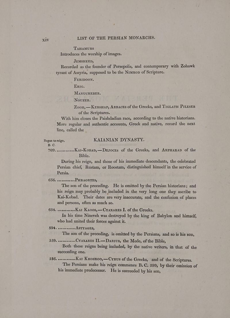 TAHAMURS Introduces the worship of images. JEMSHEED, Recorded as the founder of Persepolis, and contemporary with Zohawk tyrant of Assyria, supposed to be the Nimrop of Scripture. FERIDOON. Eric. MANUCHEBER. Novuzer. ° Zoou, —Kersuap, ARBACES of the Greeks, and TicLaTH PILESER of the Scriptures. With him closes the Paishdadian race, according to the native historians. -More regular and authentic accounts, Greek and native, record the next line, called the © Began to reign, KAIANIAN DYNASTY. B. C. 709. ssseseeeeeeeKAI-KOBAD,—DeEsocEs of the Greeks, and ARrPHaxap of the Bible. During his reign, and those of his immediate descendants, the celebrated Persian chief, Rustam, or Roostam, distinguished himself in the service of Persia. 656. vsevceeeeeee-PHRAORTES, The son of the preceding. He is omitted by the Persian historians; and his reign may probably be included in the very long one they ascribe to Kai-Kobad. ‘Their dates are very inaccurate, and the confusion of places and persons, often as much so. 634. sececseeeeeeKAt KAoos,—CyaxarEs I. of the Greeks. In his time Nineveh was destroyed by the king of Babylon and himself, who had united their forces against it. 594. vccccccceess ASTYAGES, The son of the preceding, is omitted by the Persians, and so is his son, 559. ssseeeeeeeesCYAXARES I].—Danivs, the Mede, of the Bible, Both these reigns being included, by the native writers, in that of the succeeding one. 536. o+++000e44Kar Kosroo,—Cyrus of the Greeks, and of the Scriptures. The Persians make his reign commence B. C. 599, by their omission of his immediate predecessor. He is succeeded by his son,