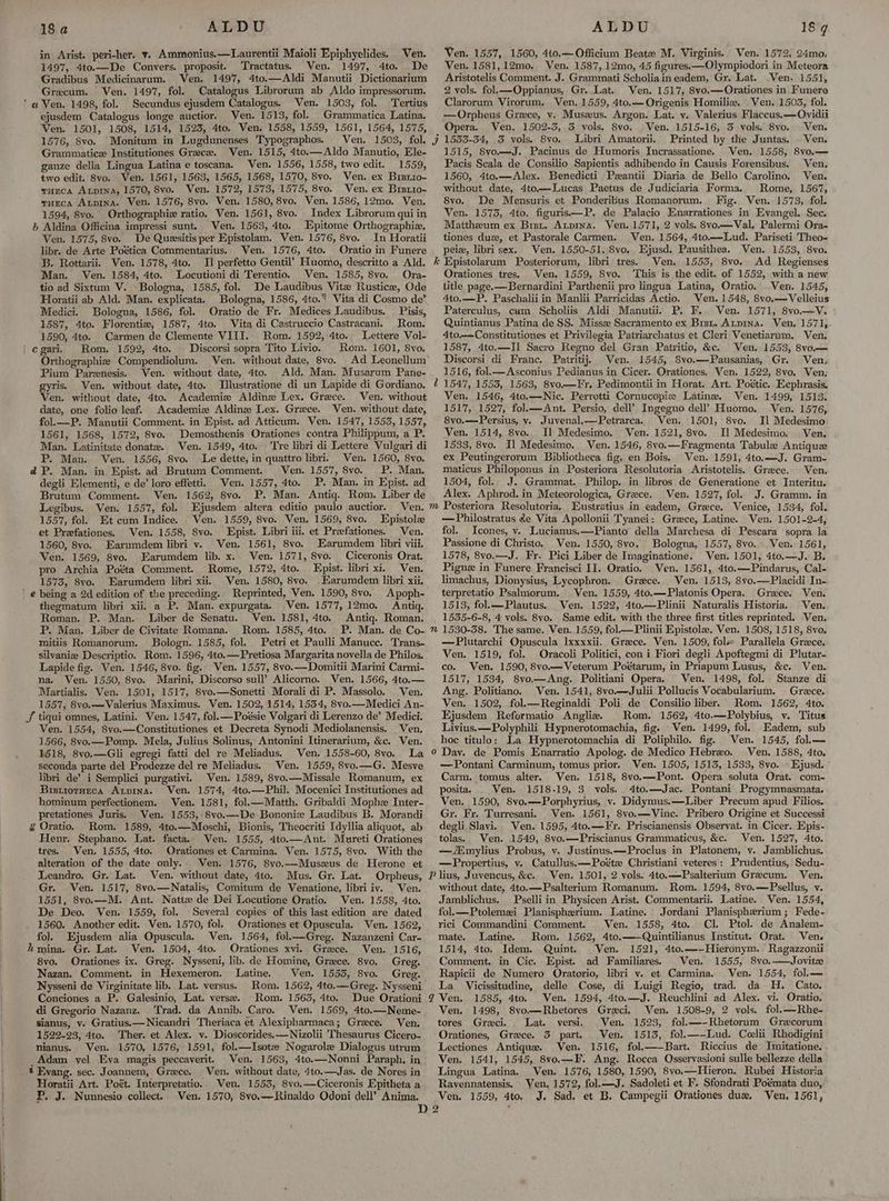 in Arist. peri-her. v. Ammonius.—Laurentii Maioli Epiphyelides. Ven. 1497, 4to.—De Convers. proposit. Tractatus. Ven. 1497, 4to. De Gradibus Medicinarum. Ven. 1497, 4to.—Aldi Manutii Dictionarium Grecum. Ven. 1497, fol. Catalogus Librorum ab Aldo impressorum. Secundus ejusdem Catalogus. Ven. 1503, fol. Tertius ejusdem Catalogus longe auctior. Ven. 1513, fol. Grammatica Latina. Ven. 1501, 1508, 1514, 1523, 4to. Wen. 1558, 1559, 1561, 1564, 1575, 1576, 8vo. Monitum in Lugdunenses Typographos. Ven. 1503, fol. Grammaticz Institutiones Greer. Ven. 1515, 4to.—Aldo Manutio, Ele- ganze della Lingua Latina e toscana. Ven. 1556, 1558, two edit. 1559, two edit. 8vo. Ven. 1561, 1563, 1565, 1568, 1570, 8vo. Ven. ex Bisrio- wHeca Apna, 1570, 8vo. Ven. 1572, 1573, 1575, 8vo. Ven. ex Brstio- muEca ALpINA. Ven. 1576, 8vo. Ven. 1580, 8vo. Ven. 1586, 12mo. Ven. 1594, 8vo. Orthographie ratio, Ven. 1561, 8vo. Index Librorum qui in } Aldina Officina impressi sunt. Ven. 1563, 4to. Epitome Orthographie, Ven. 1575, 8vo. De Quesitisper Epistolam. Ven. 1576, 8vo. -In Horatii libr. de Arte Poética Commentarius. Ven. 1576, 4to. Oratio in Funere B. Rottarii. Ven. 1578, 4to. Il perfetto Gentil’ Huomo, descritto a Ald. Man. Ven. 1584, 4to. Locutioni di Terentio. Ven. 1585, 8yo. Ora- tio ad Sixtum V. Bologna, 1585, fol. De Laudibus Vite Rustice, Ode Horatii ab Ald. Man. explicata. Bologna, 1586, 4to. Vita di Cosmo de’ Medici. Bologna, 1586, fol. Oratio de Fr. Medices Laudibus. _ Pisis, 1587, 4to. Florentia, 1587, 4to. Vita di Castruccio Castracani. Rom. 1590, 4to. Carmen de Clemente VIII. Rom. 1592, 4to. Lettere Vol- Rom. 1592, 4to. Discorsi sopra Tito Livio. Rom. 1601, 8yo, Orthographiz Compendiolum. Ven. without date, 8vo. Pium Parenesis. Ven. without date, 4to. Ald. Man. Musarum Pane- gyris. Ven. without date, 4to. Illustratione di un Lapide di Gordiano. Ven. without date, 4to. Academize Aldine Lex. Grece. date, one folio leaf. Academize Aldine Lex. Grece. Ven. without date, fol.—P. Manutii Comment. in Epist. ad Atticum. Ven. 1547, 1553, 1557, 1561, 1568, 1572, 8vo. Demosthenis Orationes contra Philippum, a P. Man. Latinitate donate. Ven. 1549, 4to. P. Man. Ven. 1556, 8vo. Le dette, in quattro libri. Ven. 1560, 8vo. @ P. Man. in Epist. ad Brutum Comment. Ven. 1557, 8vo. P. Man. degli Elementi, e de’ loro effetti. Ven. 1557, 4to. P. Man. in Epist. ad Brutum Comment. Ven. 1562, 8vo. P. Man. Antiq. Rom. Liber de Legibus. Ven. 1557, fol. Ejusdem altera editio paulo auctior. 1557, fol. Et cum Indice. Ven. 1559, 8vo. Ven, 1569, 8vo. Epistole et Prefationes. Ven. 1558, 8vo. Epist. Libri iii. et Preefationes. Ven. 1560, 8yo. Earumdem libri v. Ven. 1561, 8vo. Earumdem libri viii. Ven. 1569, 8vo. Earumdem lib. x.. Ven. 1571, 8vo. Ciceronis Orat. pro Archia Poéta Comment. Rome, 1572, 4to. Epist. libri xi, Ven. .EKarumdem libri xii. 1573, 8vo. Earumdem libri xii. Ven. 1580, 8vo. | € being a 2d edition of the preceding. Reprinted, Ven. 1590, 8vo. Apoph- thegmatum libri xii. a P. Man. expurgata. Ven. 1577, 12mo. Antiq. Roman. P. Man. Liber de Senatu. Ven. 1581, 4to, Antiq. Roman. P. Man. Liber de Civitate Romana. Rom. 1585, 4to. P. Man. de Co- mitiis Romanorum. Bologn. 1585, fol. Petri et Paulli Manuce. Trans- silvaniz Descriptio. Rom. 1596, 4to.—Pretiosa Margarita novella de Philos. Lapide fig. Ven. 1546, 8vo. fig. Ven. 1557, 8vo.—Domitii Marini Carmi- na. Ven. 1550, 8vo. Marini, Discorso sull’ Alicorno. Ven. 1566, 4to.— Martialis. Ven. 1501, 1517, 8vo.—Sonetti Morali di P. Massolo. . Ven. 1557, 8vo.— Valerius Maximus. Ven. 1502, 1514, 1534, 8vo.—Medici An- J tiqui omnes, Latini. Ven. 1547, fol.—Poésie Volgari di Lerenzo de’ Medici. Ven. 1554, 8vo.—Constitutiones et Decreta Synodi Mediolanensis. Ven. 1566, 8vo.—Pomp. Mela, Julius Solinus, Antonini Itinerarium, &c. Ven. 1518, 8vo.—Gli egregi fatti del re Meliadus. Ven. 1558-60, 8vo. La seconda parte del Prodezze del re Meliadus. Ven. 1559, 8vo.—G. Mesve libri de’ i Semplici purgativi. Ven. 1589, 8vo.—Missale Romanum, ex Bistiorneca Atprna. Ven. 1574, 4to.—Phil. Mocenici Institutiones ad hominum perfectionem. Ven. 1581, fol.—Matth. Gribaldi Mophz Inter- pretationes Juris. Ven. 1553, 8vo.—De Bononie Laudibus B. Morandi g Oratio. Rom. 1589, 4to.—Moschi, Bionis, Theocriti Idyllia aliquot, ab Henr. Stephano. Lat. facta. Ven. 1555, 4to.—Ant. Mureti Orationes tres. Ven. 1555, 4to. Orationes et Carmina. Ven. 1575, 8vo. With the alteration of the date only.. Ven. 1576, 8vo.—Muszus de Herone et Leandro. Gr. Lat. Ven. without date, 4to. Mus. Gr. Lat. Orpheus, Gr. Ven. 1517, 8vo.—Natalis, Comitum de Venatione, libri iv. Ven. 1551, 8vo.—M. Ant. Natta de Dei Locutione Oratio. Ven. 1558, 4to. De Deo. Ven. 1559, fol. Several copies of this last edition are dated 1560. Another edit. Ven. 1570, fol. Orationes et Opuscula.' Ven. 1562, fol. Ejusdem alia Opuscula. Ven. 1564, fol.—Greg, Nazanzeni Car- hmina. Gr. Lat. Ven. 1504, 4to. Orationes xvi. Greece. Ven. 1516, 8vo. Orationes ix. Greg. Nysseni, lib. de Homine, Grece. 8vo, Greg. Nazan. Comment. in Hexemeron. Latine. Ven. 1553, 8vo. Greg. Nysseni de Virginitate lib. Lat. versus. Conciones a P. Galesinio, Lat. verse. di Gregorio Nazanz. Trad. da Annib. Caro. Ven. 1569, 4to.—Neme- sianus, v. Gratius.—Nicandri Theriaca et Alexipharmaca; Greece. Ven. 1522-23, 4to. Ther. et Alex. v. Dioscorides.—Nizolii Thesaurus Cicero- nianus. Ven. 1570, 1576, 1591, fol.—Isotze Nogarole Dialogus utrum Adam yel Eva magis peccaverit. Ven. 1563, 4to.—Nonni Paraph. in Ven. without date, 4to.—Jas. de Nores in ‘Rom. 1563, 4to. Due Orationi Horatii Art. Poét. Interpretatio. P. J. Nunnesio collect. Ven. 1570, 8vo.—Rinaldo Odoni dell’ Anima. Ven. 1557, 1560, 4to.— Officium Beate M. Virginis. Ven. 1572, 24mo. Ven. 1581, 12mo,. Ven, 1587, 12mo, 45 figures. —Olympiodori in Meteora Aristotelis Comment. J. Grammati Scholiaineadem, Gr. Lat. Ven. 1551, 2 vols. fol.—Oppianus, Gr. Lat. Ven. 1517, 8vo.—Orationes in Funere Clarorum Virorum. Ven. 1559, 4to.—Origenis Homiliz. Ven. 1503, fol. —Orpheus Greece, v. Muszeus. Argon. Lat. v. Valerius Flaccus.—Ovidii Opera. Ven. 1502-3, 3 vols. 8vo. Wen. 1515-16, 3 vols. 8vo. Ven. Jj 1553-34, 3 vols. 8vo. Libri Amatorii. Printed by the Juntas, Ven. 1515, 8vo—J. Pacinus de Humoris Incrassatione. Ven. 1558, 8vo.— Pacis Scala de Consilio Sapientis adhibendo in Causis Forensibus. Ven. 1560, 4to.—Alex. Benedicti Pzantii Diaria de Bello Carolino, Ven. without date, 4to.—Lucas Paetus de Judiciaria Forma. Rome, 1567, 8vo. De Mensuris et Ponderibus Romanorum. Fig. Ven. 1573, fol. Ven. 1573, 4to. figuris—P, de Palacio Enarrationes in Evangel. Sec. Mattheum ex Bist. Arpina. Ven. 1571, 2 vols. 8vo.—Val. Palermi Ora- tiones duz, et Pastorale Carmen. Ven. 1564, 4to.—lLud. Pariseti Theo- peie, libri sex. Ven. 1550-51, 8vo. Ejusd. Pausithea. Ven. 1553, 8vo. k Epistolarum Posteriorum, libri tres. Ven. 1555, 8vo. Ad Regienses Orationes tres. Ven. 1559, 8vo. ‘This is the edit. of 1552, with a new title page. —Bernardini Parthenii pro lingua Latina, Oratio. Ven. 1545, 4to.—P. Paschalii in Manlii Parricidas Actio. Ven. 1548, 8vo.—Velleius Paterculus, cum Scholiis Aldi Manutii. P. F.. Ven. 1571, 8vo.—V. Quintianus Patina de SS. Missze Sacramento ex Bret. Arpina. Ven, 1571,- 4to.—Constitutiones et Privilegia Patriarchatus et Cleri Venetiarum. Ven. 1587, 4to.—Il Sacro Regno del Gran Patritio, &c. Ven. 1553, 8v0.— Discorsi di Franc. Patritij. Ven. 1545, 8vo.—Pausanias, Gr. Ven, 1516, fol.—Asconius Pedianus in Cicer. Orationes, Ven. 1522, 8vo. Ven: 2 1547, 1553, 1563, 8vo.—Fr. Pedimontii in Horat. Art. Poétic. Ecphrasis. Ven. 1546, 4to.—Nic. Perrotti Cornucopie Latine. Ven. 1499, 1513. 1517, 1527, fol.—Ant. Persio, dell’ Ingegno dell?’ Huomo. Ven. 1576, 8yo.—Persius, v. Juvenal.—Petrarca. Ven. 1501, 8vo. Il Medesimo Ven, 1514, 8vo. Il Medesimo. Ven. 1521, 8vo. Il Medesimo. Ven. 1533, 8vo. Il Medesimo. Ven. 1546, 8vo.—Fragmenta Tabule Antiquee ex Peutingerorum Bibliotheca fig, en Bois. Ven. 1591, 4to.—J. Gram- maticus Philoponus in Posteriora Resolutoria Aristotelis. Grace. Ven. 1504, fol. J. Grammat. Philop. in libros de Generatione et Interitu. Alex. Aphrod. in Meteorologica, Greece, Ven. 1527, fol. J. Gramm. in —Philostratus de Vita Apollonii Tyanei: Greece, Latine. Ven. 1501-2-4, fol. Icones, v. Lucianus.—Pianto’ della Marchesa di Pescara sopra la Passione di Christo. Ven. 1550, 8vo. Bologna, 1557, 8vo.. Ven. 1561, 1578, 8vo.—J. Fr. Pici Liber de Imaginatione. Ven. 1501, 4to.—J. B. Pignz in Funere Francisci II. Oratio. Ven. 1561, 4to.—Pindarus, Cal- limachus, Dionysius, Lycophron. Grace. Ven. 1513, 8vo.—Placidi-In- terpretatio Psalmorum. Ven. 1559, 4to.—Platonis Opera. Grece. Ven. 1513, fol.—Plautus. Ven. 1522, 4to.—Plinii Naturalis Historia. Ven. 1555-6-8, 4 vols. 8vo. Same edit. with the three first titles reprinted. Ven. nm 1530-38. The same. Ven. 1559, fol—Plinii Epistole. Ven. 1508, 1518, 8vo. —Plutarchi Opuscula lxxxxii. Greece. Ven. 1509, fole Paraliela Greece. Ven. 1519, fol. Oracoli Politici, con i Fiori degli Apoftegmi di Plutar- co. Ven. 1590, 8vo.—Veterum Poétarum, in Priapum Lusus, &c. Ven. 1517, 1534, 8vo.—Ang. Politiani Opera. Ven. 1498, fol. Stanze di Ang. Politiano. Ven. 1541, 8vo.—Julii Pollucis Vocabularium. Grace. Ven. 1502, fol.—Reginaldi Poli de’ Consilio liber. Rom. 1562, 4to. Ejusdem Reformatio Anglizx. Rom. 1562, 4to.—Polybius, v. Titus Livius.—Polyphili Hypnerotomachia, fig. Ven. 1499, fol. Eadem, sub hoc titulo: La Hypnerotomachia di Poliphilo. fig. Ven. 1545, fol.— 0 Day. de Pomis Enarratio Apolog. de Medico Hebreo. Ven. 1588, 4to, —Pontani Carminum, tomus prior. Ven. 1505, 1513, 1533, 8vo. — Ejusd. © Carm. tomus alter. Ven. 1518, 8vo.—Pont. Opera soluta Orat. com- posita, _ Ven. 1518-19, 3 vols, 4to.—Jac. Pontani Progymnasmata. Ven. 1590, Svo.—Porphyrius, v. Didymus.—Liber Precum apud Filios. Gr. Fr. Turresani. Ven. 1561, 8vo.—Vine. Pribero Origine et Successi degli Slavi. Ven. 1595, 4to.—Fr. Priscianensis Observat. in Cicer. Epis- tolas. Ven. 1549, 8vo.—Priscianus Grammaticus, &c. Ven. 1527, 4to. —fimylius Probus, v. Justinus.—Proclus in Platonem, v. Jamblichus. —Propertius, v. Catullus.—Poéte Christiani veteres: Prudentius, Sedu- P lius, Juvencus, &c. Ven. 1501, 2 vols. 4to.—Psalterium Grecum. Ven. without date, 4to.—Psalterium Romanum. Rom. 1594, 8vo.—Psellus, v. Jamblichus. Pselli in Physicen Arist. Commentarii. Latine. Ven. 1554, fol.—Ptolemzi Planispherium. Latine. Jordani Planispherium; Fede- rici Commandini Comment. Ven. 1558, 4to. Cl. Ptol. de Analem- mate. Latine. Rom. 1562, 4to.—-Quintilianus Institut. Orat. Vene 1514, 4to. Idem. Quint. Ven. 1521, 4to.—--Hieronym. Ragazzonii Comment. in Cic. Epist. ad Familiares. Ven. 1555, 8vo.-——Jovite Rapicii de Numero Oratorio, libri v. et Carmina. Ven. 1554, fol.— La Vicissitudine, delle Cose, di Luigi Regio, trad. da H. Cato. g Ven. 1585, 4to. Ven. 1594, 4to.—J. Reuchlini ad Alex. vi. Oratio. Ven. 1498, Svo—Rhetores Greci. Ven. 1508-9, 2 vols. fol.—Rhe- tores Greci. Lat. versi. Ven. 1523, fol.—--Rhetorum Grecorum Orationes, Greece. 3 part, Ven. 1513, fol.—-Lud. Ceelii Rhodigini Lectiones Antique. Ven. 1516, fol.—-Bart. Riccius de Imitatione. Ven. 1541, 1545, 8vo.—F. Ang. Rocca Osseryasioni sulle bellezze della Lingua Latina. Ven. 1576, 1580, 1590, 8vo.—Hieron. Rubei Historia Rayennatensis. Yen, 1572, fol.—J. Sadoleti et F. Sfondrati Poémata duo, Ven. 1559, 4to, J. Sad, et B. Campegii Orationes dux, Ven, 1561,