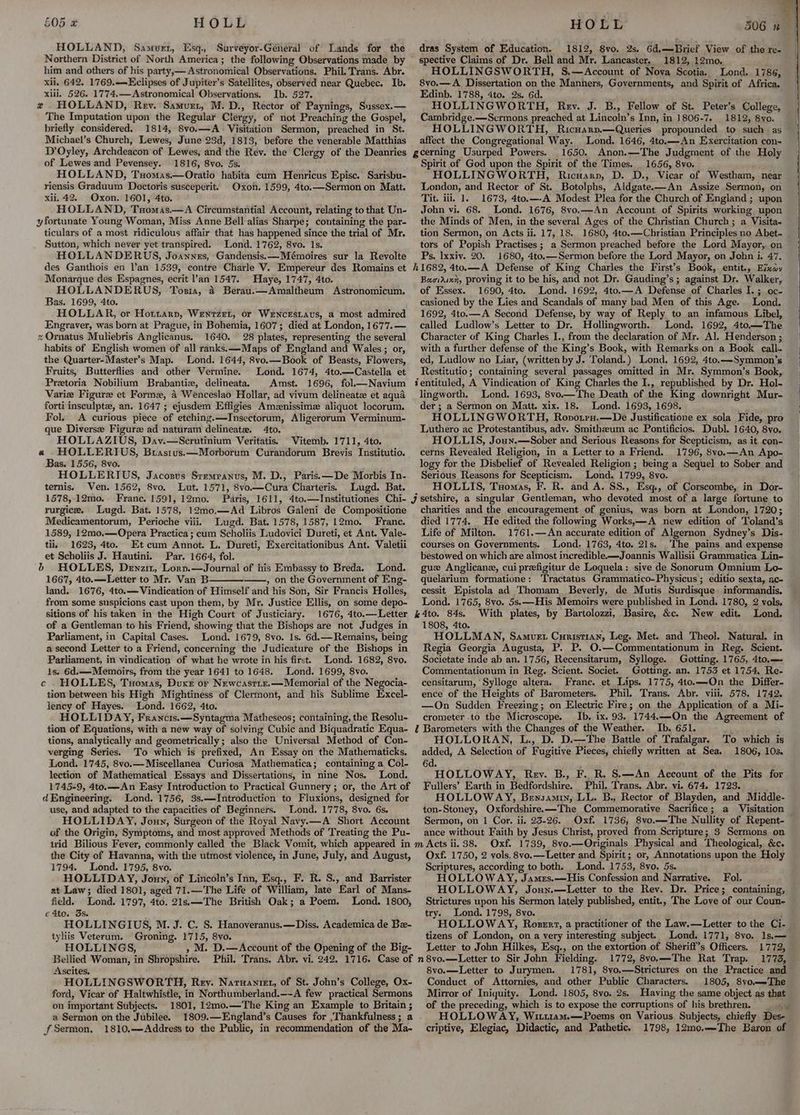 £05 x HOLL HOLLAND, Samurr, Esq, Surveyor-Géneral of Lands for the Northern District of North America; the following Observations made by him and others of his party,— Astronomical Observations. Phil. Trans. Abr. xii. 642. 1769.—LEclipses of Jupiter’s Satellites, observed near Quebec. Ib. xiii. 526. 1774.— Astronomical Observations. Ib. 527. « HOLLAND, Rev. Samurr, M.D., Rector of Paynings, Sussex.— The Imputation upon the Regular Clergy, of not Preaching the Gospel, briefly considered. 1814, 8vo.—A.- Visitation Sermon, preached in St. Michael’s Church, Lewes, June 23d, 1813, before the venerable Matthias HOLL 506 x dras System of Education. 1812, 8vo. 2s. 64,—Brief View of the re- spective Claims of Dr. Bell and Mr. Lancaster. 1812, 12mo, HOLLINGSWORTH, S.—Account of Nova Scotia. Lond. 1786, 8vo.— A Dissertation on the Manners, Governments, and Spirit of Africa. Edinb. 1788, 4to. 2s. 6d. HOLLINGWORTH, Rev. J. B., Fellow of St. Peter’s College, Cambridge.—Scrmons preached at Lincoln’s Inn, in 1806-7. 1812, 8yo. HOLLINGWORTH, Ricuarp.—Queries propounded to such as affect the Congregational Way. Lond. 1646, 4to.—An Exercitation con- of Lewes and Pevensey. 1816, 8vo. 5s, HOLLAND, Txomas.—Oratio habita cum Henricus Episc. Sarisbu- riensis Graduum Doctoris susceperit. Oxon. 1599, 4to.—Sermon on Matt. xii. 42. Oxon. 1601, 4to. HOLLAND, Tuomas.—A Circumstantial Account, relating to that Un- y fortunate Young Woman, Miss Anne Bell alias Sharpe; containing the par- ticulars of a most ridiculous affair that has happened since the trial of Mr. Sutton, which never yet transpired. Lond. 1762, 8vo. 1s. HOLLANDERUS, Joannes, Gandensis.—Mémoires sur la Revolte des Ganthois en Van 1539, contre Charle V. Empereur des Romains et Monarque des Espagnes, ecrit ’an 1547. Haye, 1747, 4to. HOLLANDERUS, Tosia, 4 Berau.—Amaltheum Astronomicum. Bas. 1699, 4to. HOLLAR, or Hottarn, Wentzrt, or WrncEsLAus, a most admired Engraver, was born at Prague, in Bohemia, 1607; died at London, 1677.— s Ornatus Muliebris Anglicanus. 1640. 28 plates, representing the several habits of English women of all ranks: —Maps of England and Wales ; or, the Quarter-Master’s Map. Lond. 1644, 8vo.—Book of Beasts, Flowers, Fruits, Butterflies and other Vermine. Lond. 1674, 4to.—Castella et Pretoria Nobilium Brabantize, delineata. Amst. 1696, fol.—Navium Varie Figure et Forme, 4 Wenceslao Hollar, ad vivum delineate et aqua forti insculpte, an. 1647; ejusdem Effigies Amznissimz aliquot locorum. Fol. A curious piece of etching.—Insectorum, Aligerorum Verminum- que Diverse Figure ad naturam delineate. 4to. HOLLAZIUS, Dav.—Scerutinium Veritatis. Vitemb. 1711, 4to. « HOLLERIUS, Brastus.x—Morborum Curandorum Brevis Institutio. Bas. 1556, 8vo. HOLLERIUS, Jacosts Srempanus, M. D., Paris. —De Morbis In- ternis, Ven. 1562, 8vo, Lut. 1571, 8vo.—Cura Charteris. Lugd. Bat. Spirit of God upon the Spirit of the Times. 1656, 8vo. HOLLINGWORTH, Ricwarp, D. D., Vicar of Westham, near London, and Rector of St. Botolphs, Aldgatex—An Assize Sermon, on Tit. iii, 1. 1673, 4to.—-A Modest Plea for the Church of England ; upon John vi. 68. Lond. 1676, 8vo.—An Account of Spirits working upon the Minds of Men, in the several Ages of the Christian Church ; a Visita~ tion Sermon, on Acts ii. 17, 18. 1680, 4to.—Christian Principles no Abet- tors of Popish Practises; a Sermon preached before the Lord Mayor, on Ps. lxxiv. 20. 1680, 4to.—Sermon before the Lord Mayor, on John i. 47. Baoidixn, proving it to be his, and not Dr. Gauding’s ; against Dr. Walker, of Essex. 1690, 4to. Lond. 1692, 4to.—A Defense of Charles I.; oc- casioned by the Lies and Scandals of many bad Men of this Age. Lond. 1692, 4to.—A Second Defense, by way of Reply to an infamous Libel, called Ludlow’s Letter to Dr. Hollingworth. Lond. 1692, 4to.—The Character of King Charles I., from the declaration of Mr. Al. Henderson ; with a further defense of the King’s Book, with Remarks on a Book call. ed, Ludlow no Liar, (written by J. Toland.) Lond, 1692, 4to.—Symmon’s Restitutio; containing several passages omitted in Mr. Symmon’s Book, lingworth. Lond. 1693, 8vo.—The Death of the King downright Mur- der ; a Sermon on Matt. xix. 18. Lond. 1693, 1698. F HOLLINGWORTH, Ropotru.—De Justificatione ex sola Fide, pro Luthero ac Protestantibus, adv. Smithzeum ac Pontificios. Dubl. 1640, 8yo. HOLLIS, Joun.—Sober and Serious Reasons for Scepticism, as it con- cerns Revealed Religion, in a Letter to a Friend. 1796, 8vo.—An A logy for the Disbelief of Revealed Religion; being a Sequel to Sober and Serious Reasons for Scepticism. Lond. 1799, 8vo. HOLLIS, Tuomas, F. R. and A. SS., Esq, of Corscombe, in Dor- rurgice, Lugd. Bat. 1578, 12mo.—Ad Libros Galeni de Compositione Medicamentorum, Perioche viii. MLugd. Bat. 1578, 1587, 12mo. Franc. 1589, 12mo.—Opera Practica; cum Scholiis Tudovici Dureti, et Ant. Vale- til, 1623, 4to. Et cum Annot. L. Dureti, Exercitationibus Ant. Valetii et Scholiis J. Hautini. Par. 1664, fol. db HOLLES, Denzm, Lorp.—Journal of his Embassy to Breda. Lond. 1667, 4to.—Letter to Mr. Van B , on the Government of Eng- land. 1676, 4to.— Vindication of Himself and his Son, Sir Francis Holles, from some suspicions cast upon them, by Mr. Justice Ellis, on some depo- sitions of his taken in the High Court of Justiciary. 1676, 4to.—Letter of a Gentleman to his Friend, showing that the Bishops are not Judges in Parliament, in Capital Cases. Lond. 1679, 8vo. 1s. 6d.— Remains, being a second Letter to a Friend, concerning the Judicature of the Bishops in Parliament, in vindication of what he wrote in his first. Lond. 1682, 8vo. is. 6d.—Memoirs, from the year 1641 to 1648. Lond. 1699, 8vo. c . HOLLES, Tuomas, Duxe or Newcastir.—Memorial of the Negocia- tion between his High Mightiness of Clermont, and his Sublime Excel- lency of Hayes. Lond. 1662, 4to. HOLLIDAY, Francis. —Syntagma Matheseos; containing, the Resolu- tion of Equations, with a new way of solving Cubic and Biquadratic Equa- tions, analytically and geometrically; also the Universal Method of Con- verging Series. To which is prefixed, An Essay on the Mathematicks, Lond. 1745, 8vo.— Miscellanea Curiosa Mathematica; containing a Col- lection of Mathematical Essays and Dissertations, in nine Nos. Lond. 1745-9, 4to.—An Easy Introduction to Practical Gunnery ; or, the Art of d Engineering. Lond. 1756, 3s.—Introduction to Fluxions, designed for use, and adapted to the capacities of Beginners. Lond. 1778, 8vo. 6s. HOLLIDAY, Jouy, Surgeon of the Royal Navy.—A Short Account of the Origin, Symptoms, and most approved Methods of Treating the Pu- trid Bilious Fever, commonly called the Black Vomit, which appeared in the City of Havanna, with the utmost violence, in June, July, and August, 1794. Lond. 1795, 8vo. ; HOLLIDAY, Joun, of Lincoln’s Inn, Esq., F. R. S., and Barrister at Law; died 1801, aged 71.—The Life of William, late Earl of Mans- field. Lond. 1797, 4to. 21s,—The British Oak; a Poem. Lond. 1800, c 4to. 3s. HOLLINGIUS, M. J. C. S. Hanoveranus.—Diss. Academica de Be- tyliis Veterum. Groning. 1715, 8vo. HOLLINGS, » M. D.—Account of the Opening of the Big- Ascites, HOLLINGSWORTH, Rev. Naruanimt, of St. John’s College, Ox- ford, Vicar of Haltwhistle, in Northumberland.—-A few practical Sermons on important Subjects. 1801, 12mo.—The King an Example to Britain ; a Sermon on the Jubilee. 1809.—England’s Causes for ,Thankfulness; a fSermon, 1810,—Address to the Public, in recommendation of the Ma- charities and the encouragement of genius, was born at London, 1720; died 1774. He edited the following Works,—A new edition of Toland’s Life of Milton. 1761.—An accurate edition of Algernon Sydney’s Dis- courses on Governments. Lond. 1763, 4to. 21s. The pains and expense bestowed on which are almost incredible.—Joannis Wallisii Grammatica Lin- gue Anglicane, cui prefigitur de Loquela: sive de Sonorum Omnium Lo- quelarium formatione: ‘Tractatus Grammatico-Physicus; editio sexta, ac- cessit Epistola ad Thomam Beverly, de Mutis Surdisque informandis. Lond. 1765, 8vo. 5s.—His Memoirs were published in Lond. 1780, 2 vols. 1808, 4to. HOLLMAN, Samvuet Curist1an, Leg. Met. and Theol. Natural. in Regia Georgia Augusta, P. P. O.—Commentationum in Reg. Scient. Societate inde ab an. 1756, Recensitarum, Sylloge. Gotting. 1765, 4to.— Commentationum in Reg, Scient. Societ. Gotting. an. 1753 et 1754, Re- censitarum, ‘Sylloge altera. Franc. et Lips. 1775, 4to.—On the Differ- ence of the Heights of Barometers. Phil. Trans. Abr. viii. 578. 1742. —QOn Sudden Freezing; on Electric Fire; on the Application of a Mi- crometer -to the Microscope. Ib, ix. 93. 1744.—On the Agreement of HOLLORAN, L., D. D.—The Battle of Trafalgar. To which is added, A Selection of Fugitive Pieces, chiefly written at Sea. 1806, 103. 6d HOLLOWAY, Rev. B., F.. R. S.—An Account of the Pits for Fullers’ Earth in Bedfordshire. Phil. Trans, Abr. vi. 674. 1723. HOLLOWAY, Bensamin, LL. B.; Rector of Blayden, and Middle- ton-Stoney, Oxfordshire. —The Commemorative Sacrifice; a Visitation Sermon, on 1 Cor. ii. 23-26. Oxf. 1736, 8vo.—The Nullity of Repent- ance without Faith by Jesus Christ, proved from Scripture; 3 Sermons on Oxf. 1750, 2 vols. 8vo.—Letter and Spirit; or, Annotations upon the Holy Scriptures, according to both. Lond. 1753, 8vo, 5s. HOLLOWAY, James.—His Confession and Narrative. Fol, HOLLOWAY, Jonn.—Letter to the Rev. Dr. Price; containing, Strictures upon his Sermon lately published, entit., The Love of our Coun- try. Lond. 1798, 8vo. tizens of London, on a very interesting subject. Lond. 1771, 8vo, 1s.— Letter to John Hilkes, Esq., on the extortion of Sheriff’s Officers. 1772, Conduct of Attornies, and other Public Characters. 1805, 8vo—.The Mirror of Iniquity. Lond. 1805, 8vo. 2s.. Having the same object as that of the preceding, which is to expose the corruptions of his brethren. | HOLLOWAY, Witu1am.—Poems on Various Subjects, chiefly Des- criptive, Elegiac, Didactic, and Pathetic. 1798, 12mo.—The Baron of