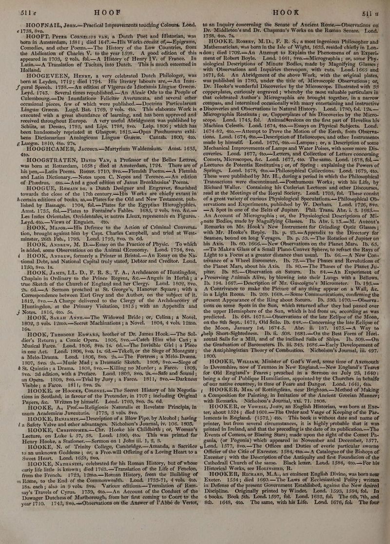 5lle HOOF HOOFNAIL, Jéux.—Praetical Improvements touching Colours. Lond. é 1738, 8vo. HOOFT, Petexn Corxerivs van; a Dutch Poet and Historian, was born in Amsterdam, 1581; died 1647.4-His Works consist of,<—-Epigrams, Comedies, and other Poems.—The History of the Low Countries, from the Abdication of Charles V. to the year 1598. A good edition of this appeared in 1703, 2 vols. fol.—_A History of Henry IV. of France. In Latin.—A Translation ef Tacittis, into Dutch. This is much esteemed in Holland. HOOGEVEEN, Henry, a very celebrated Dutch Philologer, was born at Leyden, 17123 died 1794. His literary labours are,—An Inau- J gural Speech. 1738.—An edition 6f Vigérus de Idiotisinis Lingua Greece. Leyd. 1745. Sevetal times republished. An Alcai¢ Ode to the People of Culembourg.—Dé \Inundatione Feliciter Averuncata, and several other occasional pieces, few of which were published.—Doctrina Particularum Lingue Greca, Lugd. Bat. 1769, 2 vols. 4to. This elaborate Work is executed with a great abutdance of learning, and has been approved and received throughout Europe. A very useful Abridgment was published by Schiitz, at Dessau, 1782, and Lips, 1788, 8vo. Leip. 1806; which has been handsomely feprinted at Glasgow, 1813.—-Opus Posthumum exhi- bens Dictionarium Anologicum Lingue Grace. Cantab. 1800, 4to. g Luegm. 1810, 4to. 27s. HOOGHCAMER, Jacozus.—Martyrium Waldensium. Amst. 1655, Ato. HOOGSTRATEN, Davin Van, a Professor of the Belles Lettres, was born at Rotterdam, 1658; died at Amsterdam, 1724. There are of his pen,—Latin Poems. Rotter. 1710, 8vo.—Flemish Poems.—-A Flemish and Latin Dictionary.—Notes upon C, Nepos and Terence.—An edition of Phedrus. 4to.And a good edition of Janus Bronkhusius’ Poems. HOOGUE, Romatn px; a Dutch Designer and Engraver, flourished towards the close of the 17th century—His Works are chiefly extant in’ Acertain editions of hooks, as,—Plates for the Old and New Testament, pub- lished by Basnage. 1704, fol..Plates for the Egyptian Hieroglyphics. Amst. 1735, folk—Plates to Fontaine’s Fables. 1685, 2 vols. 8vo. &¢.—= Leyd. 4to.—Views of Enguien. 4to. HOOK, Masor.—His Defence to the Action of Criminal Conversa- tion, brought against him by Capt. Charles Campbell, and tried at West- minstér, 26th Feb., 1793. Lond. 1793, 8vo. 2s. 6d. HOOK, Anprew, M. D.—Essay on the Practice of Physic. To which is added, some Observations on the Animal CXconomy. Lond. 1734, 8vo. i HOOK, Awvrew, formerly a Printer at Bristol.—An Essay on the Na- tional Debt, and National Capital truly stated, Debtor and Creditor. Lond. 1750, 8vo. Is. é HOOK, James, LL. D., F. R. S., T. A., Archdeacon of Huntingdon, Chaplain in Ordinary to the Prince Regent, &c.—Anguis in Herba; a true Sketch of the Church of England and her Clergy. Lond. 1802, 8vo. 2s. 6d.—A Sermon preached at St. George’s, Hanover Square; with a Correspondence between Earl Grey and the Author, on the subject of it. 1812, 8vo.—A Charge delivered to the Clergy of the Archdeaconry of Huntingdon, at the Primary Visitation, 1815; with an Appendix and J Notes. 1816, 4to. 5s. HOOK, Saran Annz.—The Widowed Bride; or, Celina; a Novel. 1802, 3 vols. 12mo.—-Secret Machinations ; a Novel. 1804, 4 vols. 12mo, 16s. HOOK, Turovort Enwarn, brother of Dr. James Hook.—The Sol- dier’s Return; a Comic Opera. 1806, Svo.—Catch Him who Can; a Musical Farce. Lond. 1806, 8¥o. 1s. 6d.—The Invisible Girl ; a Piete in one Act. Lond. 1806, 8vo. 1s. 6d. Tekeli, or the Siege of Montgatz ; a Melo-Drama. Lond. 1806, 8vo. 9s.—The Fortress; a Melo- Drama. 1807, 8vo. 2s.—Musie Mad; a Dramatic Sketch. 1808, 8vo.—-Siege of & St. Quintin; a Drama. 1808, 8vo.—Killing no Murder; a Farce. 1809, 8vo, 3d edition, with 4 Preface. Lond. 1809, 8vo, 2s.——Safé and Sound ; an Opera. 1809, 8vo.—Trial by Juty; a Farce. 1811, 8vo.—Darkness Visible; a Farce. 1811, 8vo. 2s. HOOKE, or Hoocxr, Cotonen.—-The Secret History of his Negotia- tions in Scotland, in favour of the Pretender, in 1707 ;. including Original Papers, &c. Written by himself. Lond. 1760, 8vo. 3s. 6d. HOOKE, A., Prof.—Religionis Naturalis et Revelate Principia, in usum Academicx Juventutis. 1773, 3 vols. 8vo. HOOKE, Brensamixn.—Description of a Blow Pipe, by Alcohol ; having ia Safety Valve and other advantages. Nicholson’s Journal, iv. 106. 1803. HOOKE, Curistoraer.—Cht. Hooke his Childbirth ; or, Woman’s Lecture, on Luke i. 57, 58. ‘Lond: 1590; 4to. This was pritited for Henry Hooke, a Stationer.—Sermon on 1 John iii. 1, 2, 3. HOOKE, N. of Trinity College, Cambridge.—Amanda, a Sacrifice to an unknown Goddesse; or, a Free-will Offering of a Loving Heart to a Sweet Heart. Lond. 1658, 8vo. HOOKE, NaruAnrmt, celebrated for his Roman History, but of whose early life little is known; died 1763.—Translation of the Life of Fenelon, from the French. 1723, 12m0.—Roman History, from the Building of m Rome, to the End. of the Commonwealth. Lond. 1733-71, 4 vols. 4to. 18s. each; also in 9 vols. 8vo. ‘Various editions. Translation of Ram- say’s Travels of Cyrus. 1739, 4to.—An Account of the Conduct of the Dowager Dutchess of Marlborough, front her first coming to Court to the year !710, 1742, 8vo,Observations on the Answer of l’Abbé de Vertot, HOOK Sli « to an Inquiry ¢oncerning the Senate of Ancient Ronié.—Obsetvations otf Dr. Middleton’s and Dr. Chapman’s Works on the Roman Senate. Lond, 1758, 4to. 7s. HOOKE, Rosexr, M.D., F. R. S., a most ingenious Philosopher and Mathematician, was born in the Isle of Wight, 1635, resided chiefly in Lon- ment of Robert Boyle. Lond. 1661, 8vo.—Mictographia; or, some Phy- siological Descriptions of Minute Bodies, made by Magnifying Glasses ; with Observations and Inquiries thereupon, with cuts. Lond. 1665 and 1671, fol. An Abridgment of the above Work, with the original plates, was published in 1780, under the title of, Microscopic Observations; or, Dr. Hooke’s wonderful Discoveries by the Microscope. Hlustrated with 33 copperplates, curiously engraved ; whereby the most valuable particulars in that celebrated Author’s Micrographia are brought together, in a narrow compass, and intermixed occasionally with many entertaining and instructive Micrographia Restituta ; or; Copperplates of his Discoveries by the Micro- scope. Lond. 1745, fol. Animad*ersions on the first part of Hevelius his Machina Celestis. Lond. 1674, 4to.—Essays on Physical Subjects. Lond. 1674-82, 4to.— Attempt to Prove the Motion of the Earth, frotn Observa-= tions. Lond. 1674, 4to.~—Description of Helioscopes, and other Instruments made by himself. Lond. 1676, 4to.—Lampas ; or, a Description of some Mechanical Improvements of Lamps and Water Poises, with some more Dis- coveries. Lond. 1677, 4to.—Letters, and Collection of Letters concerni Comets, Microscopes, &c. Lond. 1677, 4to. Thesame. Lond. 1679, fol.— Springs. Lond. 1678, 4to.—Philosophical Collections. Lond. 1679, 4to, These were published by Mr. H., during a period in which the Philosophical Transactions were discontinued. Posthumous Works; with his Life, by Richard Waller. Containing his Cutlerian Lectures and other Discourses, read at the Meetings of the Royal Society. Lorid. 1705, fol. These consist of a great variety of curious Physiological Speculations. Philosophical Ob- servations and Experiments, published by W. Derham. Lond. 1726, 8¥o. —A Spot in one of the Belts of Jupiter. Phil. Trans. Abr: i. 3. 1665.— An Account of Micrographia ; or, the Physiological Descriptions of Mi- nute Bodies, made by Magnifying Glasses. Ib. Abr. i. 13..—M. Auzout’s Remarks on Mr. Hook’s New Instrument for Grinding Optic Glasses ; with Mr. Hooke’s Reply. Ib. p. 23.—-Appendix to the Directory for Seamen, bound on long Voyages. Ib. p. 53.—The Rotation of Jupiter on his Axis. Ib. 60. 1666.—New Observations on the Planet Mars. Ib. 65. —To Makéa Glass of a Small Plano-Convex Sphere, to refract the Rays of Light to a Focus at a greater distance than usual. Ib. 66.—A New Con« trivance of a Wheel Barometer. Ib. 72.._The Phases and Revolutions of the Planet Mars, about his Axis, Ib. 80.—The Phases of the Planet Ju- piter. Ib, 88.—Observation on Saturn. Ib, 84.—An Experiment of r Preserving Animals Alive, by blowing into their Lungs with a Béllows. Ib. 194. 1667.— Description of Mr. Gascoigne’s Micrometer: Tb. 195.46 A Contrivance to make the Picture of any thing appear on a Wall, &c. ina Light Room. Ib. 269. 1668.—Some Communications, confirming the present Appearance of the Ring about Saturn. Ib. 530. 1670.—Observa- tions on some Spots in the Sun, which returned after they had passed over the upper Hemisphere of the Sun, which is hid from us, according as was predicted. Ib. 648. 1671.—Observations of the late Eclipse of the Moon, on the 8th Sept., 1671, Old Stile. Ib. 648.—Concerning the late Eclipse of the Moon, January Ist, 1674-5. Abr. ii, 187. 1675.—A Way to shelp Short-Sightedness. Ib. ii. 508. 1681.—On the Best Form of Hori- zontal Sails for a Mill, and of the inclined Sails of Ships. Ib. 509.—On the Graduation of Barometers. Ib. iii. 543. 1686.—Early Developement of the Antiphlogistian Theory of Combustion. Nicholson’s Journal, iii, 497. 1800. HOOKE, Witttam, Minister of God’s Word, some time of Axemouth in Devonshire, now of Tautiton in New England.—New Englarid’s Teares for Old England’s Feares; preached in’ a Sermon on July 23, 1640: being a day of Publique Humiliation, appointed by the Churches in behalf of our native countrey, in time of Feare and Danger. Lond. 1641, 4to. i HOOKER, Mrs. of Rottingdean, near Brighton.—Method of Making a Composition for Painting, in Imitation of the Ancient Grecian Manner; with Remarks. Nicholson’s Journal, xxi; 71. 1808. HOOKER, or Vowext, Jou, an English Historian, was born at Exe. ter, about 1524; died 1601.—The Order and Vsage of Keeping of the Par- lements in England. (1572,) 4to. This book is without date and name of printer, but from several circumstances, it is highly probable that it was printed in Ireland, and that the preceding is the date of its publication. —The Events of Comets, or Blazing Stars; made upon the sight of the Comet Pa- gania, (of Pogonia) which appeared in November and December, 1577, Officier of the Citie of Excester. 1584, 4to.— A Catalogue of the Bishops of Excester ; with the Description of the Antiquity and first Foundation of the Cathedrall Church of the same. Black letter. Lond. 1584, 4to.—For hi¢ Historical Works, see HotinsHep, R. i HOOKER, Ricuarp, M.A., an eminent English Divine, was born near Exeter. 1554; died 1660.—The Laws of Ecclesiastical Polity; written in Defense of the present Government Established, against the New desired Discipline. Originally printed by Windet. Lond. 1593, 1594, fol. In 4 books. Book 5th. Lond. 1597, fol. Lond. 1632, fol. The 6th, 7th, and Sth. 1648, 4to. The same, with his Life. Lond. 1676, fok The four