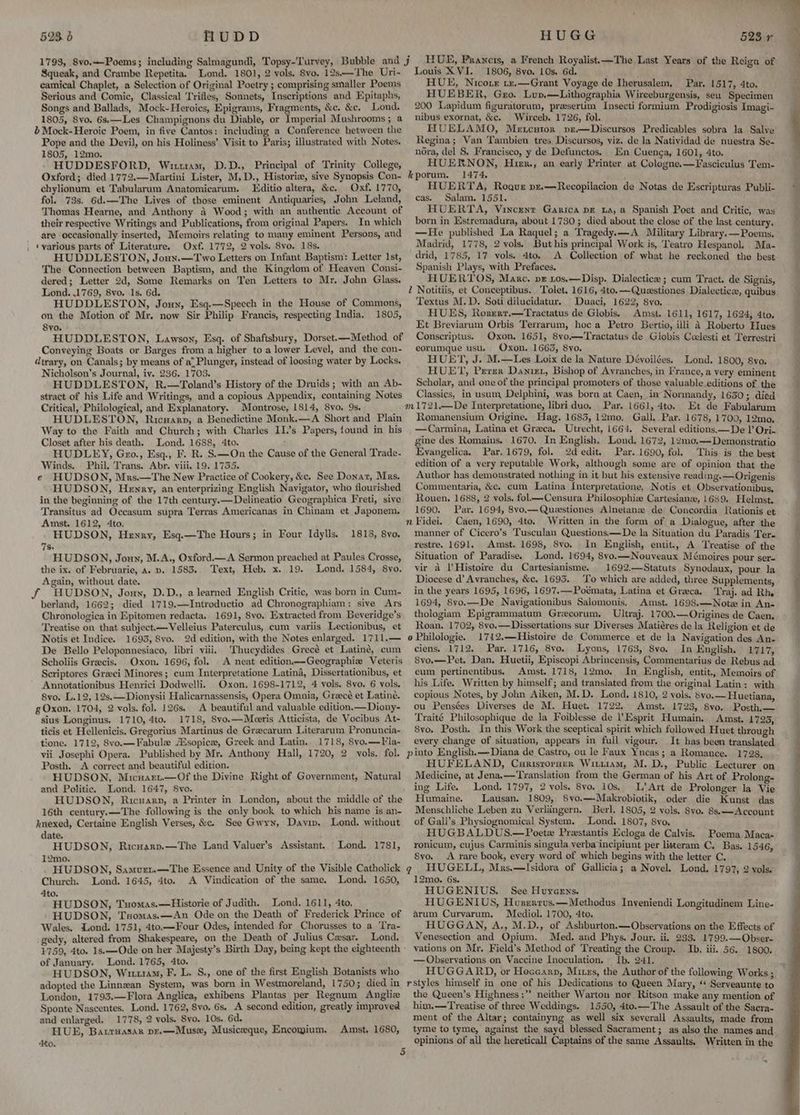 Squeak, and Crambe Repetita. Lond. 1801, 2 vols, Svo. 12s——The Uri- camical Chaplet, a Selection of Original Poetry ; comprising smaller Poems Serious and Comic, Classical Trifles, Sonnets, Inscriptions and Epitaphs, Songs and Ballads, Mock-Heroics, Epigrams, Fragments, &c. &c, Lond. 1805, Svo. 6s.—Les Champignons du Diable, or Imperial Mushrooms; a b Mock-Heroic Poem, in five Cantos: including a Conference between the Pope and the Devil, on his Holiness’ Visit to Paris; illustrated with Notes. 1805, 12mo. HUDDESFORD, Wirir1aMm, D.D., Principal of Trinity College, Oxford; died 1772.—Martini Lister, M,D., Historix, sive Synopsis Con- chylionum et Tabularum Anatomicarum. Lditio altera, &c. Oxf. 1770, fol. 73s. 6d.—The Lives of those eminent Antiquaries, John Leland, Thomas Hearne, and Anthony 4 Wood; with an authentic Account of their respective Writings and Publications, from original Papers. In which are occasionally inserted, Memoirs relating to many eminent Persons, and . ¢various parts of Literature. Oxf. 1772, 2 vols. 8vo. 18s. HUDDLESTON, Jouyx.—Two Letters on Infant Baptism: Letter Ist, The Connection between Baptism, and the Kingdom of Heaven Consi- dered; Letter 2d, Some Remarks on Ten Letters to Mr. John Glass. Lond. .1769, 8vo. Is. Gd. HUDDLESTON, Joun, Esq.—Speech in the House of Commons, on the Motion of Mr. now Sir Philip Francis, respecting India. 1805, 8vo. HUDDLESTON, Lawson, Esq. of Shaftsbury, Dorset.—Method of Conveying Boats or Barges from a higher to a lower Level, and the con- dtrary, on Canals; by means of a”Plunger, instead of loosing water by Locks. Nicholson’s Journal, iv. 286. 1703. HUDDLESTON, R.—Toland’s History of the Druids; with an Ab- stract of his Life and Writings, and a copious Appendix, containing Notes Critical, Philological, and Explanatory. Montrose, 1814, 8vo, 9s. HUDLESTON, Ricuarn, a Benedictine Monk.—A Short and Plain Way to the Faith and Church; with Charles II.’s Papers, found in his Closet after his death. Lond. 1688, 4to. ; HUDLEY, Gro., Esq., F. R. S.—On the Cause of the General Trade. Winds. Phil. Trans. Abr. viii. 19. 1755. e HUDSON, Mrs.—The New Practice of Cookery, &c. See Donat, Mrs. HUDSON, Henry, an enterprizing English Navigator, who flourished in the beginning of the 17th century.—Delineatio Geographica Freti, sive Transitus ad Occasum supra Terras Americanas in Chinam et Japonem, Amst. 1612, Ato. HUDSON, Henry, Esq.—The Hours; in Four Idylls. 7s HUDSON, Joun, M.A., Oxford—A Sermon preached at Paules Crosse, the ix. of Februarie, a. p. 1583. Text, Heb. x. 19. Lond. 1584, S8yo. Again, without date. HUDSON, Joux, D.D., a leamed English Critic, was born in Cum- berland, 1662; died 1719.—Introductio ad Chronographiam: sive Ars Chronologica in Epitomen redacta. 1691, Svo. Extracted from Beveridge’s Treatise on that subject—Velleius Paterculus, cum variis Lectionibus, et Notis et Indice. 1693, 8vo. 2d edition, with the Notes enlarged. 1711.— De Bello Peloponnesiaco, libri viii. Thucydides Grecé et Latiné, cum Scholiis Grecis. Oxon. 1696, fol. A neat edition—Geographie Veteris Scriptores Greeci Minores; cum Interpretatione Latina, Dissertationibus, et Annotationibus Henrici Dodwelli. Oxon. 1698-1712, 4 vols. 8vo. 6 vols. 8vo. L.12, 12s. —Dionysii Halicarnassensis, Opera Omnia, Greecé et Latin. g Oxon. 1704, 2 vols. fol. 126s. A beautiful and valuable edition.— Diony- sius Longinus. 1710, 4to. 1718, 8vo.—Meeris Atticista, de Vocibus At- ticis et Hellenicis. Gregorius Martinus de Grecarum Literarum Pronuncia- tione. 1712, 8vo.—Fabule Aisopice, Greek and Latin. 1718, Svyo.—Fla- vii Josephi Opera. Published by Mr. Anthony Hall, 1720, 2 vols. fol. Posth. <A correct and beautiful edition. HUDSON, Micnarn.—Of the Divine Right of Goyernment, Natural and Politic. Lond. 1647, S8vo. HUDSON, Ricnarp, a Printer in London, about the middle of the 16th century.—The following is the only book to which his name is an- knexed, Certaine English Verses, &c. See Gwyn, Davin, Lond. without date, HUDSON, Ricuarp.—The Land Valuer’s Assistant. 12mo. HUDSON, Samvurer.—The Essence and Unity of the Visible Catholick Church. Lond. 1645, 4to. A Vindication of the same. Lond. 1650, Ato. HUDSON, Tuomas.—Historie of Judith. Lond. 1611, 4to. HUDSON, Tsomas.—An Ode on the Death of Frederick Prince of Wales. Lond. 1751, 4to.—Four Odes, intended for Chorusses to a ‘Tra- gedy, altered from Shakespeare, on the Death of Julius Cesar. Lond. 1818, 8yo. f- Lond. 1781, of January. Lond. 1765, 4to. HUDSON, Wurm, F. L. S., one of the first English Botanists who adopted the Linnean System, was born in Westmoreland, 1750; died in London, 17935.—Flora Anglica, exhibens Plantas per Regnum Angliex Sponte Nascentes. Lond. 1762, 8vo. 6s. A second edition, greatly improved and enlarged. 1778, 2 vols. Svo. 10s. 6d. HUB, Batrruasar pr. —Muse, Musiceque, Encomium. Axo. Amst. 1680, HUE, Praneis, a French Royalist.—The Last Years of the Reign of Louis XVI. 1806, 8vo. 10s. 6d. HUE, Nicorr tx.—Grant Voyage de Iherusalem, Par. 1517, 4to. HUEBER, Gro. Lup.—Lithographia Wirceburgensis, seu Specimen 200 Lapidum figuratorum, prasertim Insecti formium Prodigiosis Imagi- nibus exornat, &c. Wirceb. 1726, fol. HUELAMO, Mencutor pve—Discursos Predicables sobra la Salve Regina; Van Tambien tres. Discursos, viz. de la Natividad de nuestra Se- nora, del S. Francisco, y de Defunctos. En Cuenga, 1601, 4to. HUERNON, Huexr., an early Printer at Cologne.—Fasciculus Tem- kporum. 1474. HUERTA, Rogue pz.—Recopilacion de Notas de Escripturas Publi- cas. Salam. 1551. HUERTA, Vincent Ganica pz 1a, a Spanish Poet and Critic, was born in Estremadura, about 1730; died about the close of the last century. —He published La Raquel; a Tragedy.x—A Military Library. — Poems. Madrid, 1778, 2 vols. But his principal Work is, Teatro Hespanol. Ma- drid, 1785, 17 vols. 4to. A Collection of what he reckoned the best Spanish Plays, with Prefaces. HUERTOS, Manc, pz 1os.—Disp. Dialectice ; cum Tract. de Signis, Z Notitiis, et Conceptibus. Tolet, 1616, 4to.—Questiones Dialectica, quibus Textus M.D. Soti dilucidatur. Duaci, 1622, 8yo, HUES, Roserr.—Tractatus de Globis. Amst. 1611, 1617, 1624, 4to. Et Breviarum Orbis Terrarum, hoc a Petro Bertio, illi 4 Roberto Flues Conscriptus, Oxon. 1651, 8vo.—Tractatus de Globis Ccelesti et Terrestri eorumque usu. Oxon. 1665, 8yo. HUET, J. M.—Les Loix de la Nature Dévoilées. Lond. 1800, 8yo. HUET, Perer Danixt, Bishop of Avranches, in France, a very eminent Scholar, and one of the principal promoters of those valuable editions of the Classics, in usum, Delphini, was born at Caen, in Normandy, 1630; died Par. 1661, 4to. Et de Fabularum Romanensium Origine. Hag. 1683, 12mo, Gall, Par. 1678, 1700, 12mo. —Carmina, Latina et Greca. Utrecht, 1664. Several editions—De I Ori- gine des Romains. 1670. In English. Lond. 1672, 12m0.—Demonstratio Evangelica. Par. 1679, fol. 2d edit. Par. 1690, fol. This is the best edition of a very reputable Work, although some are of opinion that the Author has demonstrated nothing in it but his extensive reading.—Origenis Commentaria, &c. cum Latina Interpretatione, Notis et Observationibus. Rouen, 1688, 2 vols. fol—Censura Philosophiz Cartesian, 1689. Helmst. 1690. Par. 1694, 8vo.— Queestiones Alnetanze de Concordia Rationis et Caen, 1690, 4to. Written in the form of a Dialogue, after the manner of Cicero’s Tusculan Questions —De la Situation du Paradis Tere restre. 1691. Amst. 1698, 8vo. In English, entit., A Treatise of the Situation of Paradise. Lond. 1694, 8vo.—Nouveaux Mémoires pour ser- vir a Histoire du Cartesianisme. 1692.—Statuts Synodaux, pour la Diocese d’ Avranches, &c. 1693. _'To which are added, three Supplements, in the years 1695, 1696, 1697.—Poémata, Latina et Greca. Traj. ad Rh. 1694, 8vo.—De Navigationibus Salomonis. Amst. 1698.—Note in An- thologiam Epigrammatum Grecorum. Ultraj. 1700.—Origines de Caen. Roan. 1702, 8vo.—Dissertations sur Diverses Matiéres de la Religion et de o Philologie. 1712,—Histoire de Commerce et de la Navigation des An. ciens. 1712. Par. 1716, 8vo. Lyons, 1763, 8vo, In English, LET, 8vo.—Pet. Dan. Huetii, Episcopi Abrincensis, Commentarius de Rebus ad eum pertinentibus. Amst. 1718, 12mo.. In English, entit., Memoirs of his Life. Written by himself; and translated from the original Latin; with copious Notes, by John Aiken, M.D, Lond. 1810, 2 vols. 8vo.—Huetiana ou Pensées Diverses de M. Huet. 1722. Amst. 1723, 8yo. Posthien Traité Philosophique de la Foiblesse de |’Esprit Humain. Amst. 1725 8vo. Posth. In this Work the sceptical spirit which followed Huet through every change of situation, appears in full vigour. It has been translated HUFELAND, Curisrorger Witiiam, M. D., Public Lecturer on Medicine, at Jena,—Translation from the German of his Art of Prolong- ing Life. Lond. 1797, 2 vols. 8vo. 10s. L’ Art de Prolonger la Vie Humaine. lLausan. 1809, Svo.—-Makrobiotik, oder die Kunst das Menschliche Leben zu Verlangern. Berl. 1805, 2 vols. 8vo. 8s,—Account of Gall’s Physiognomical System. Lond. 1807, 8vo. HUGBALDUS.—Poetx Prestantis Ecloga de Calvis. Poema Maca- ronicum, cujus Carminis singula verba incipiunt per litteram C. Bas. 1546 8yo. A rare book, every word of which begins with the letter C. : 12mo. 6s. HUGENIUS. See Huygens. HUGENIUS, Huserrus.—Methodus Inyeniendi Longitudinem Line- arum Curvarum. Mediol. 1700, 4to. HUGGAN, A., M.D., of Ashburton.—Obseryations on the Effects of Venesection and Opium. Med. and Phys. Jour. ii, 233. 1799.—Obser- vations on Mr. Field’s Method of Treating the Croup. Ib. iii. 56. 1800. — Observations on Vaccine Inoculation. Ib. 241. HUGGARD, or Hoceann, Mixzs, the Author of the following Works ; »” the Queen’s Highness ;” neither Warton nor Ritson make any mention of him,—Treatise of three Weddings. 1550, 4to.—The Assault of the Sacra- ment of the Altar; containyng as well six severall Assaults, made from tyme to tyme, against the sayd blessed Sacrament; as also the names and opinions of all the hereticall Captains of the same Assaults, Written in the ~