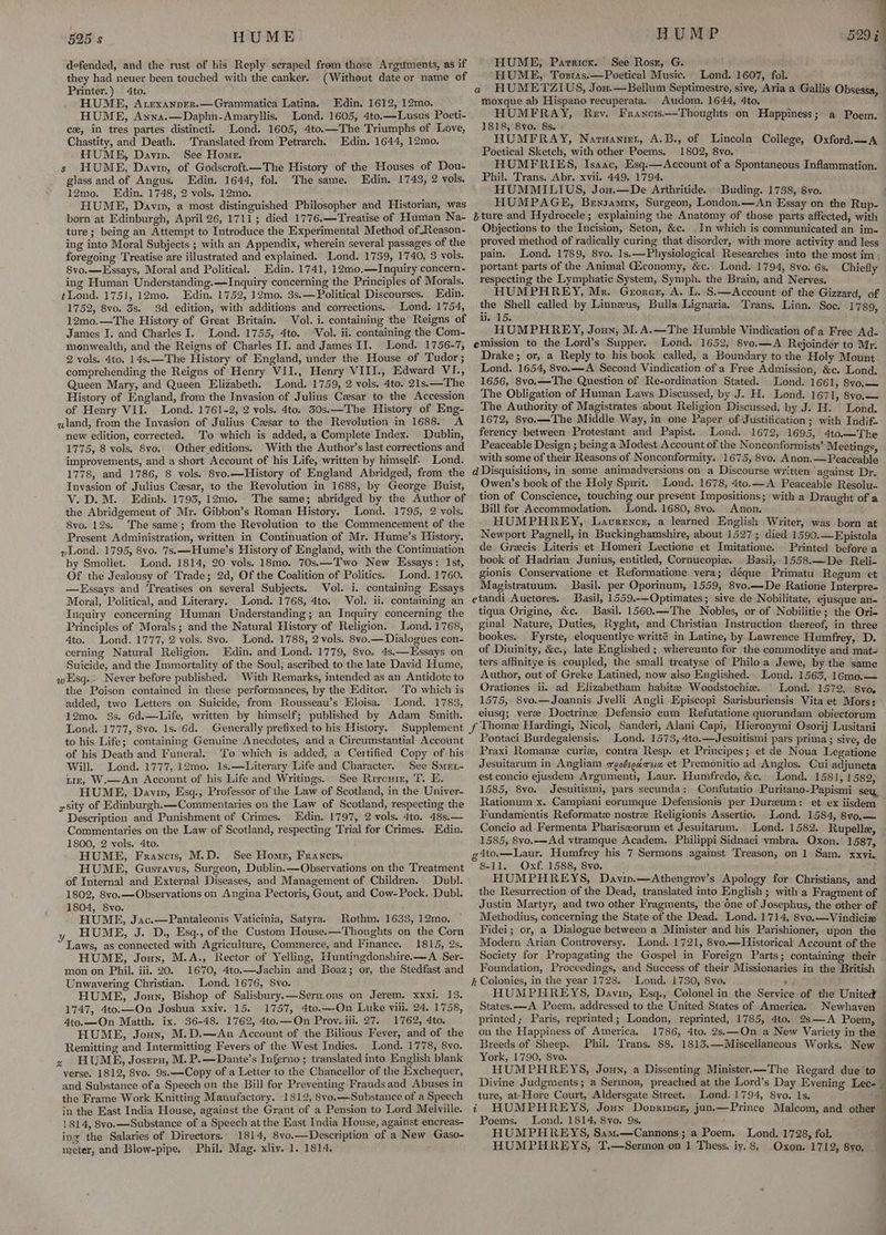 defended, and the rust of his Reply scraped frem those Arguments, as if they had neuer been touched with the canker. (Without date or name of Printer.) 4to. HUME, Atexanprr.—Grammatica Latina. Edin. 1612, 12mo. HUME, Anna.—Daphn-Amaryllis. Lond. 1605, 4to.—Lusus Poeti- cx, in tres partes distincti. Lond. 1605, 4to.—The Triumphs of Love, Chastity, and Death. Translated from Petrarch. Edin. 1644, 12mo, HUME, Davm. See Home. s HUME, Davin, of Godscroft.—The History of the Houses of Dou- glass and of Angus. Edin. 1644, fol. The same. Edin. 1743, 2 vols. 12mo. Edin. 1748, 2 vols. 12mo. HUME, Davin, a most distinguished Philosopher and Historian, was born at Edinburgh, April 26, 1711; died 1776.—Treatise of Human Na- ture; being an Attempt to Introduce the Experimental Method ofReason- ing into Moral Subjects ; with an Appendix, wherein several passages of the foregoing Treatise are illustrated and explained. Lond. 1739, 1740, 3 vols. 8vo.—Essays, Moral and Political. Edin. 1741, 12m0,—IJnquiry concern- ing Human Understanding.—Inquiry concerning the Principles of Morals. tLond. 1751, 12mo. Edin. 1752, 12mo. 3s.— Political Discourses. Edin. 1752, 8vo. 3s. 3d edition, with additions and corrections. Lond. 1754, 12mo.—The History of Great Britain. Vol. i. containing the Reigns of James I. and Charles I. Lond. 1755, 4to. ‘Vol. ii. containing the Com- monwealth, and the Reigns of Charles II. and James II. Lond. 1756-7, 2 vols. 4to. 14s.—The History of England, under the House of Tudor ; comprehending the Reigns of Henry VII., Henry VIII., Edward VI., Queen Mary, and Queen Elizabeth. Lond. 1759, 2 vols. 4to. 21s.—The History of England, from the Invasion of Julius Cesar to the Accession of Henry VII. Lond. 1761-2, 2 vols. 4to. 30s.—The History of Eng- qiand, from the Invasion of Julius Cesar to the Revolution in 1688. <A new edition, corrected. To which is added, a Complete Index. Dublin, 1775, 8 vols, 8vo. Other editions, With the Author’s last corrections and improvements, and a short Account of his Life, written by himself. Lond. 1778, and 1786, 8 vols. 8vo.—History of England Abridged, from the Invasion of Julius Cesar, to the Revolution in 1688, by George Buist, V.D.M. Edinb. 1793, 12mo. The same; abridged by the Author of the Abridgement of Mr. Gibbon’s Roman History. Lond. 1795, 2 vols. 8vo. 12s. The same; from the Revolution to the Commencement of the Present Administration, written in Continuation of Mr. Hume’s History. yond. 1795, 8vo. ‘7s.—Hume’s History of England, with the Continuation by Smollet. Lond. 1814, 20 vols. 18mo. 70s.—Two New Essays: Ist, Of the Jealousy of Trade; 2d, Of the Coalition of Politics. Lond. 1760. —Essays and Treatises on several Subjects. Vol. i. containing Essays Moral, Political, and Literary. Lond. 1768, 4to. Vol. ii. containing an Inquiry concerning Human Understanding; an Inquiry concerning the Principles of Morals; and the Natural History of Religion. Lond. 1768, 4to. Lond. 1777, 2 vols. 8vo. Lond. 1788, 2 vols. 8vo.—Dialogues con- cerning Natural Religion. Edin. and Lond. 1779, 8vo. 4s.—Essays on Suicide, and the Immortality of the Soul, ascribed to the late David Hume, wEsq.- Never before published. With Remarks, intended as an Antidote to the Poison contained in these performances, by the Editor. To which is added, two Letters on Suicide, from Rousseau’s Eloisa. Lond. 1783, 12mo. 3s. 6d.—Life, written by himself; published by Adam Smith. Lond. 1777, 8vo. 1s. 6d. Generally prefixed to his History. Supplement to his Life; containing Genuine Anecdotes, and a Circumstantial Account of his Death and Funeral, To which is added, a Certified Copy of his Will. Lond. 1777,.12mo. 1s.—Literary Life and Character. See Smrt- tie, W.—An Account of his Life and Writings. See Rrrenie, ‘I. E. HUME, Davin, Esq., Professor of the Law of Scotland, in the Univer- psity of Edinburgh.—Commentaries on the Law of Scotland, respecting the Description and Punishment of Crimes. Edin. 1797, 2 vols. 4to. 48s.— Commentaries on the Law of Scotland, respecting Trial for Crimes. Edin. 1800, 2 vols. 4to. HUME, Francis, M.D. See Homr, Francis. of Internal and External Diseases, and Management of Children. Dubl. 1802, 8vo.—Observations on Angina Pectoris, Gout, and Cow-Pock. Dubl. 1804, 8vo. HUME, Jac.—Pantaleonis Vaticinia, Satyra. Rothm. 1633, 12mo. HUME, J. D., Esq., of the Custom House.—Thoughts on the Corn Laws, as connected with Agriculture, Commerce, and Finance. 1815, 2s. HUME, Joun, M.A., Rector of Yelling, Huntingdonshire.—A Ser- mon on Phil. iii. 20. 1670, 4to.—Jachin and Boaz; or, the Stedfast and Unwavering Christian. Lond, 1676, 8vo. HUME, Joun, Bishop of Salisbury.—Sernons on Jerem. xxxi. 13. 1747, 4to.—On Joshua xxiv. 15. 1757, 4to.—-On Luke vili. 24. 1758, 4to.—On Matth. ix. 36-48. 1762, 4to.—On Prov. iii. 27. 1762, 4to. HUME, Jouy, M.D.—An Account of the Bilious Fever, and of the Remitting and Intermitting Fevers of the West Indies. Lond. 1778, 8vo. HUME, Joseru, M. P.—Dante’s Inferno ; translated into English blank verse. 1812, 8vo. 9s.—Copy of a Letter to the Chancellor of the Exchequer, and Substance ofa Speech on the Bill for Preventing Frauds and Abuses in the Frame Work Knitting Manufactory. 1812, 8vo.—Substance of a Speech in the East India House, against the Grant of a Pension to Lord Melville. 1814, 8vo.—Substance of a Speech at the East India House, against encreas- ing the Salaries of Directors.. 1814, 8vo.—Description of a New Gaso- meter, and Blow-pipe. Phil. Mag. xliy. 1. 1814. z HUMP HUME, Parricr. See Rosr, G. HUME, Tostas.—Poetical Music. Lond. 1607, fol. a HUMETZIUS, Jon.—Bellum Septimestre, sive, Aria a Gallis Obsessa, moxque ab Hispano recuperata. Audom. 1644, 4to, HUMFRAY, Rev. Francis.—-Thoughts on Happiness; a Poem. 1818, 8vo. 8s. HUMFRAY, Naruanret, A.B., of Lincoln College, Oxford.—A Poetical Sketch, with other Poems. 1802, 8vo. HUMFRIKES, Isaac, Esq.—Account of a Spontaneous Inflammation. Phil. Trans. Abr. xvii. 449. 1794. HUMMILIUS, Jou.—De Arthritide. Buding. 1738, 8yo. ature and Hydrocele; explaining the Anatomy of those parts affected, with Objections to the Incision, Seton, &amp;c. . In which is communicated an im- Lond. 1789, 8vo. 1s.—Physiological Researches into the most im ; Chiefly pain. portant parts of the Animal Giconomy, &amp;c. Lond. 1794, 8vo. 6s. respecting the Lymphatic System, Symph. the Brain, and Nerves. HUMPHREY, Mr. Groner, A. L. S.—Account of the Gizzard, of the Shell called by Linneus, Bulla Lignaria. Trans, Linn. Soc. 1789, ii. 15. HUMPHREY, Joun, M.A.—The Humble Vindication of a Free Ad- emission to the Lord’s Supper. - Lond. 1652, 8vo.—A Rejoinder to Mr. Drake ; or, a Reply to his book called, a Boundary to the Holy Mount. Lond. 1654, 8vo.—A Second Vindication of a Free Admission, &amp;c. Lond. 1656, 8vo.—The Question of Re-ordination Stated. Lond. 1661, 8vo.— The Obligation of Human Laws Discussed, by J. H. Lond. 1671, 8vo.— The Authority of Magistrates about Religion Discussed, by J. H. Lond. 1672, 8vo.—The Middle Way, in one Paper of Justification ; with Indif- ferency between Protestant and Papist. Lond. 1672, 1695, 4to.—The Peaceable Design ; being a Modest Account of the Nonconformists’ Meetings with some of their Reasons of Nonconformity. 1675, 8vo. Anon, Peaddable d Disquisitions, in some animadyersions on a Discourse written against Dr. Owen’s book of the Holy Spwit. Lond. 1678, 4to.—A Peaceable Resolu- tion of Conscience, touching our present Impositions; with a Draught of a Bill for Accommodation. Lond. 1680, 8vo. Anon. $ HUMPHREY, Laurence, a learned English Writer, was born at Newport Pagnell, in Buckinghamshire, about 1527 ; died 1590.—Epistola de Grecis Literis et Homeri Lectione et Imitatione. Printed before a book of Hadrian Junius, entitled, Cornucopie. Basil, 1558.—De Reli- gionis Conservatione et Reformatione vera; déque Primatu Regum et Magistratuum, Basil. per Oporinum, 1559, 8vo.—-De Ratione Interpre- etandi Auctores. Basil, 1559.-—Optimates; sive de Nobilitate, ejusque an- tiqua Origine, &amp;c. Basil. 1560.—The Nobles, or of Nobilitie; the Ori- ginal Nature, Duties, Ryght, and Christian Instruction thereof, in three bookes. Fyrste, eloquentlye writt in Latine, by Lawrence Humfrey, D. of Diuinity, &amp;c., late Englished; whereunto for the commoditye and mat- ters affinitye is coupled, the small treatyse of Philoa Jewe, by the same Author, out of Greke Latined, now also Englished. Lond. 1563, 16mo.— Orationes ii. ad Elizabetham habitz Woodstochie. Lond. 1572, 8vo, 1575, 8vo.—Joannis Jvelli Angli Episcopi Sarisburiensis Vita et Mors: eiusq; vere Doctrine Defensio cum Refutatione quorundam obiectorum Pontaci Burdegalensis. Lond. 1573, 4to.—Jesuitismi pars prima ; sive, de Praxi Romane curiz, contra Resp. et Principes; et de Noua Legatione Jesuitarum in Angliam wgodsgéaeia et Premonitio ad Anglos. Cui adjuncta est concio ejusdem Argumenti, Laur. Humfredo, &amp;c. Lond. 1581, 1582, 1585, 8vo. Jesuitismi, pars secunda: Confutatio Puritano-Papismi seu, Rationum x. Campiani eorumque Defensionis per Duraum: et ex iisdem Fundamentis Reformate nostre Religionis Assertio. Lond. 1584, 8vo.— Concio ad Fermenta Phariseorum et Jesuitarum. Lond. 1582. Rupelle, 1585, 8vo.-—Ad vtramque Academ. Philippi Sidnaei vmbra. Oxon. 1587, gito.—Laur. Humfrey his 7 Sermons against Treason, on 1 Sam, xxvi. 8-11. Oxf. 1588, 8vo. ans HUMPHREYS, Davin.—Athengrov’s Apology for Christians, and the Resurrection of the Dead, translated into English ; with a Fragment of Justin Martyr, and two other Fragments, the one of Josephus, the other of Methodius, concerning the State of the Dead. Lond. 1714, 8vo.—Vindicie Fidei; or, a Dialogue between a Minister and his Parishioner, upon the Modern Arian Controversy. Lond. 1721, 8vo.—Historical Account of the Foundation, Proceedings, and Success of their Missionaries h Colonies, in the year 1728. Lond. 1730, 8vo. oj HUMPHREYS, Davin, Esq., Colonel in the Service of the United States. —A Poem, addressed to the United States of America. Newhaven printed; Paris, reprinted; London, reprinted, 1785, 4to. 2s—A Poem, on the Happiness of America. 1786, 4to. 2s,—On a New Variety in the Breeds of Sheep. Phil. Trans. 88. 1815.—Miscellaneous Works. New York, 1790, 8vo. in the British ture, at-Hore Court, Aldersgate Street. Lond. 1794, Svo. 1s. i HUMPHREYS, Joun Dopringez, jun.—Prince Malcom, and other Poems. Lond. 1814, 8vo. 9s. HUMPHREYS, Sam.—Cannons ; a Poem. Lond. 1728, fol. HUMPHREYS, T.—Sermon on 1 Thess. iy. 8, Oxon. 1712, 8yo, ] ! | | ’ | - - ’
