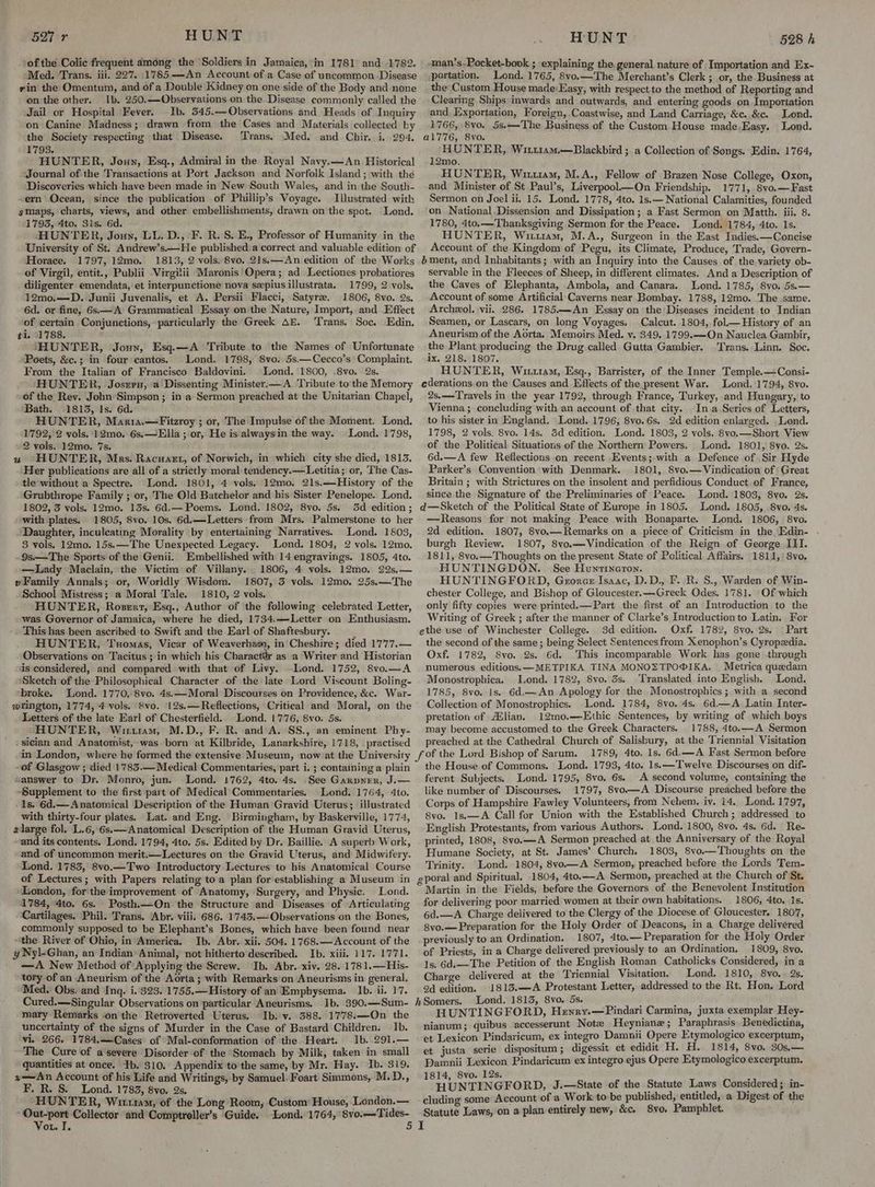 527 r HUNT ‘of the Colic frequent among the Soldiers in Jamaica, in 1781 and 1782. “Med. Trans. iii. 227. 1785.—An Account of a Case of uncommon Disease rin the Omentum, and of a Double Kidney on one side of the Body and none on the other. Ib. 250.—Observations on the Disease commonly called the Jail or Hospital Fever. Ib. 545.—Observations and Heads of Inquiry on Canine Madness; drawn from the Cases and Materials collected by the Society respecting that Disease. Trans. Med. and Chir. i, 294, 1793. : HUNTER, Joun, Esq., Admiral in the Royal Navy.—An Historical Journal of the Transactions at Port Jackson and Norfolk Island; with the Discoveries which have been made in New South Wales, and in the South- “ern Ocean, since the publication of Phillip’s Voyage. Illustrated with 1793, Ato. 3is. 6d. HUNTER, Jonny, LL. D., F. R.S. E., Professor of Humanity in the University of St. Andrew’s.—He published:a correct and valuable edition of Horace. 1797, 12mo0. 1813, 2 vols. 8vo, 21s,—An edition of the Works of Virgil, entit., Publii Virgilii Maronis Opera; ad Lectiones probatiores 12mo.—D. Junii Juvenalis, et A. Persii Flacci, Satyr. 1806, 8vo. 2s, 6d. or fine, 6s——A Grammatical Essay on the Nature, Import, and Effect of certain Conjunctions, particularly the Greek AE. ‘Trans, Soc. Edin. ti. 1788. ‘HUNTER, Joun, Esq.—A Tribute to the Names of Unfortunate Poets, &c.; in four cantos. Lond. 1798, 8vo. 5s.—Cecco’s Complaint. From the Italian of Francisco Baldovini. Lond. 1800, .8vo. 2s. of the Rev. John Simpson; in a Sermon preached at the Unitarian Chapel, Bath. 1813, Is. 6d. HUNTER, Manria.— Fitzroy ; or, The Impulse of'the Moment. Lond. 1792, 2 vols. 12mo. 6s.—Ella ; or, He is alwaysiin the way. Lond. 1798, 2 vols, 12mo. 7s. wz ‘HUNTER, Mrs. Racuazt, of Norwich, in which city she died, 1813. Her publications are all of a strictly moral tendency.— Letitia; or, The Cas- tle without a Spectre. Lond. 1801, 4 vols. 12mo. 21s.—History of the Grubthrope Family ; or, The Old Batchelor and his Sister Penelope. Lond. 1802, 3 vols. 12mo. 13s. 6d.— Poems. Lond. 1802, 8vo. 5s. 3d edition ; with plates. 1805, 8vo. 10s. 6d.—Letters from Mrs. Palmerstone to her Daughter, inculcating Morality by entertaining Narratives. Lond. 1803, 3 vols. 12mo. 15s. —The Unexpected Legacy. Lond. 1804, 2 vols. 12mo, -9s.—The Sports of the Genii. Embellished with 14 engravings. 1805, 4to. —Lady Maclain, the Victim of Villany. 1806, 4 vols. 12mo. 22s,— »Family Annals; or, Worldly Wisdom. 1807, 3 vols. 12mo. 25s.—The School Mistress; a Moral Tale. 1810, 2 vols. HUNTER, Roserrt, Esq., Author of the following celebrated Letter, was Governor of Jamaica, where he died, 1734.—Letter on Enthusiasm. This has been ascribed to Swift and the Earl of Shaftesbury. HUNTER, Tuomas, Vicar of Weaverham, in Cheshire; died 1777.— Observations on Tacitus ; in which his Charactér as a Writer and Historian ds considered, and compared with that of Livy. -Lond. 1752, 8vo.—A Sketch of the Philosophical Character of the late Lord Viscount Boling- broke. Lond. 1770, 8vo. 4s.—Moral Discourses on Providence, &c. War- wrington, 1774, 4 vols. &vo. 12s.—Reflections, Critical and Moral, on the Letters of the late Karl of Chesterfield. Lond. 1776, 8vo. 5s. HUNTER, Wiriuam, M.D., F. R. and A. SS., an eminent Phy- : sician and Anatomist, was born at Kilbride, Lanarkshire, 1718, _ practised ~of Glasgow ; died 1783.— Medical Commentaries, part i. ; containing a plain sanswer to Dr. Monro, jun. Lond. 1762, 4to. 4s. See Garpner, J.— ‘Supplement to the first part of Medical Commentaries. Lond. 1764, 4to. ls. 6d.— Anatomical Description of the Human Gravid Uterus; illustrated with thirty-four plates. Lat. and Eng. Birmingham, by Baskerville, 1774, xlarge fol. L.6, 6s.—Anatomical Description of the Human Gravid Uterus, and its contents. Lond. 1794, 4to. 5s. Edited by Dr. Baillie. A superb Work, and of uncommon merit.—Lectures on the Gravid Uterus, and Midwifery. Lond. 1783, 8vo.—Two Introductory Lectures to his Anatomical Course of Lectures; with Papers relating to a plan for establishing a Museum in London, for the improvement of Anatomy, Surgery, and Physic. Lond. 1784, 4to. 6s. Posth.—On the Structure and Diseases of Articulating Cartilages. Phil. Trans. Abr. viii. 686. 1743.— Observations on the Bones, commonly supposed to be Elephant’s Bones, which have been found near the River of Ohio, in America. Ib. Abr. xii. 504. 1768.—Account of the y Nyl-Ghan, an Indian’ Animal, not hitherto described. Ib. xiii. 117. 1771. —A New Method of Applying the Screw. Ib. Abr. xiv. 28. 1781.—His- tory of an Aneurism of the Aorta; with Remarks on Aneurisms in general. Med. Obs. and Inq. i..323. 1755.—History of an Emphysema. Ib. ii. 17. Cured.—Singular Observations on particular Aneurisms. Ib. 390.—Sum- mary Remarks on the Retroverted Uterus, Ib. v. 388. 1778:—On the uncertainty of the signs of Murder in the Case of Bastard Children. Ib. vi. 266. 1784,——Cases of Mal-conformation ‘of the Heart. Ib. 291.— The Cure of a'severe Disorder of the Stomach by Milk, taken in small quantities at once. Ib. $10. Appendix to'the same, by Mr. Hay. Ib. 319. #—An Account of his Life and Writings, by Samuel-Foart Simmons, M.D., F. R. S. Lond. 1783, 8vo. 2s. HUNTER, Wittman, of the Long Room, Custom’ House, London.— ata Collector and Comptreller’s Guide. OL. e HUNT -man’s.Pocket-book ; explaining the, general nature of Importation and Ex- portation, Lond. 1765, 8vo.— The Merchant’s Clerk ; or, the Business at the Custom House made:Easy, with respect to the method of Reporting and Clearing Ships inwards and outwards, and entering goods on Importation and. Exportation, Foreign, Coastwise, and Land Carriage, &c..&c. Lond. 1766, 8vo. 5s.—The Business of the Custom House made,Easy. Lond. al776, 8vo. HUNTER, Witt1am.—Blackbird ; a Collection of Songs. Edin. 1764, 12mo. HUNTER, Wim, M.A., Fellow of Brazen Nose College, Oxon, and Minister of St Paul’s, Liverpool—On Friendship. 1771, 8vo.—Fast Sermon on Joel ii. 15. Lond. 1778, 4to. 1s.— National Calamities, founded 1780, 4to.— Thanksgiving Sermon for the Peace. Lond. 1784, 4to. 1s. HUNTER, Wiuuam, M.A., Surgeon in the East Indies. —Concise Account of the Kingdom of Pegu, its Climate, Produce, Trade, Govern- 6 ment, and Inhabitants; with an Inquiry into the Causes of the variety ob- servable in the Fleeces of Sheep, in different climates. And a Description of Account of some Artificial Caverns near Bombay. 1788, 12mo. The same. Archzol. vii. 286. 1785.—An Essay on the Diseases incident to Indian Seamen, or Lascars, on long Voyages. Calcut..1804, fol.— History of an Aneurism of the Aorta. Memoirs Med. v. 349. 1799.—On Nauclea Gambir, the Plant producing the Drug called Gutta Gambier. Trans. Linn. Soc. ix. 218. 18907. HUNTER, Wu114m, Esq., Barrister, of the Inner Temple.—Consi- 2s.—Travels in the year 1792, through France, Turkey, and Hungary, to Vienna; concluding with an account of that city. Ina Series of Letters, to his sister in England, Lond. 1796, 8vo.6s. 2d edition enlarged. , Lond. 1798, 2 vols. 8vo. 14s. 3d edition. Lond. 1803, 2 vols. 8vo.—Short View of the Political Situations of the Northern’ Powers, Lond. 1801, 8vo. 2s. 6d.—A few Reflections on recent Events; with a Defence of Sir Hyde Parker’s Convention with Denmark. 1801, 8vo.— Vindication of Great Britain ; with Strictures on the insolent and perfidious Conduct. of France, since the Signature of the Preliminaries of Peace. Lond. 1803, 8vo. Qs. d—Sketch of the Political State of Europe in 1805. Lond. 1805, 8vo. 4s. —Reasons for not making Peace with Bonaparte. Lond. 1806, 8vo. 2d edition. 1807, 8vo.— Remarks on a piece of Criticism in the Edin- . burgh Review. 1807, 8vo.—Vindication of the Reign of George III. 1811, 8vo.—Thoughts on the present State of Political. Affairs. 1811, 8vo. HUNTINGDON. See Huntineron. HUNTINGFORD, Geroree Isaac, D.D., F. R. S., Warden of Win- chester College, and Bishop of Gloucester.—-Greek Odes. 1781. Of which only fifty copies were printed.—Part the first of an Introduction to the Writing of Greek ; after the manner of Clarke’s Introduction to Latin. For ethe use of Winchester College. 3d edition. Oxf. 1782, 8vo. 2s. Part the second of the same ; being Select Sentences from Xenophon’s Cyropzedia. Oxf. 1782, Svo. 2s. 6d. This incomparable Work has gone through numerous editions. —METPIKA TINA MONOZTPO®IKA. Metrica quedam Monostrophica. ond. 1782, 8vo. 3s. Translated into English. Lond. 1785, 8vo. 1s. 6d.—An Apology for the Monostrophics ; with a second Collection of Monostrophics. Lond. 1784, 8vo. 4s. 6d— A Latin Inter- pretation of ALlian, 12mo.—Ethic Sentences, by writing of which boys may become accustomed to the Greek Characters. 1788, 4to.—A Sermon preached at the Cathedral Church of Salisbury, at the Triennial Visitation 1789, 4to. 1s. 6d.—A Fast Sermon before the House of Commons. Lond. 1793, 4to. 1s.—Twelve Discourses on dif- ferent Subjects. Lond. 1795, 8vo. 6s. A second volume, containing the like number of Discourses. 1797, 8vo.—A Discourse preached before the Corps of Hampshire Fawley Volunteers, from Nehem. iv. i4. Lond. 1797, 8vo. 1s.—A Call for Union with the Established Church ; addressed to English Protestants, from various Authors. Lond. 1800, 8vo. 4s. 6d. Re- printed, 1808, 8vo.—A Sermon preached at the Anniyersary of the Royal Humane Society, at St. James’ Church. 1803, 8vo.— Thoughts on the Trinity. Lond. 1804, 8vo.—A Sermon, preached before the Lords Tem- gporal and Spiritual. 1804, 4to.—A Sermon, preached at the Church of St. Martin in the Fields, before the Governors of the Benevolent Institution for delivering poor married women at their own habitations. 1806, 4to. 1s. 6d.—A Charge delivered to the Clergy of the Diocese of Gloucester. 1807, 8vo.— Preparation for the Holy Order of Deacons, in a. Charge delivered previously to an Ordination. 1807, 4to.— Preparation for the Holy Order of Priests, in a Charge delivered previously to an Ordination. 1809, 8vo. 1s. 6d.—The Petition of the English Roman Catholicks Considered, in a Charge delivered at the Triennial Visitation. Lond. 1810, 8vo.. 2s, 2d edition. 1813.—A Protestant Letter, addressed to the Rt. Hon, Lord ASomers. Lond. 1813, 8vo. 5s. HUNTINGFORD, Henry.—Pindari Carmina, juxta exemplar Hey- nianum; quibus accesserunt Note Heyniane ; Paraphrasis Benedictina, et Lexicon Pindaricum, ex integro Damnii Opere Etymologico excerptum, ta serie dispositum; digessit et edidit H. H. 1814, 8vo. 30s,— et jus e ; Davonii Lexicon Pindaricum ex integro ejus Opere Etymologico excerptum. 1814, 8vo. 12s. E HUNTINGFORD, J.—State of the Statute Laws Considered; in- cluding some Account of a Work to be published, entitled, a Digest of the Statute Laws, on a plan entirely new, &c. Svo. Pamphlet. 528 h