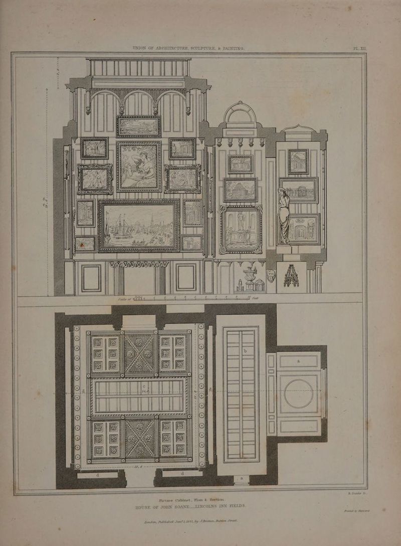 = UNION OF ARCHITECTURE, SCULPTURE, &amp; PAINTING. a ee Pow 1 PP EZZEAA ZL ZZ (oe TULL | LI HOUSE OF JOHN SOANE _—LINCOLNS INN FIELDS. Tendon, Published Jan®i,1827, by 7 Britton, Burton Street R.Saztia f Printed by Hayward