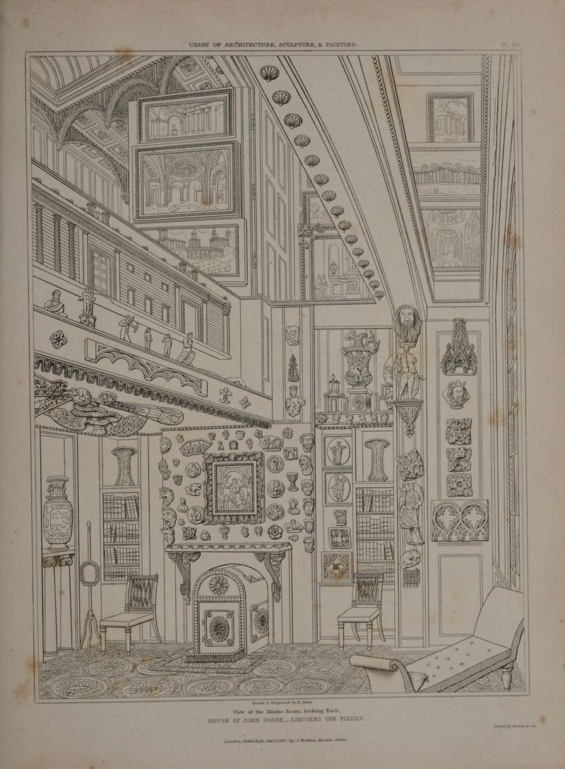 UNION OF ARCHITECTURE, SCULPTURE, &amp; PAINTING. S £4 i (AIND Me )) nf a3 y Rs pb: S — AW ne es => 0 Se pa ae Nie Gan GAG] He ites cit | Rene pom |G ‘ ARS Ae erty [fc \S if eaccxe) ay th > S on sh ity lpia “ee Saad = \ 3, Wo Druk ee ew | CRE Fe ; ee : TE £ : : 5 EN ae oe OS - WW Z r : ) PASS 5 = SS 5 Se < * é ES *\e ECE Ee y , SS Fe =y al SAE DGG : ZAIN se eee : Drawn &amp; Engraved by H. Shaw. View of the Monks Room, looking Bast, HOUSE OF JOHN SOANE_LINCOLNS INN FIELDS. Printad by Barnett b Son