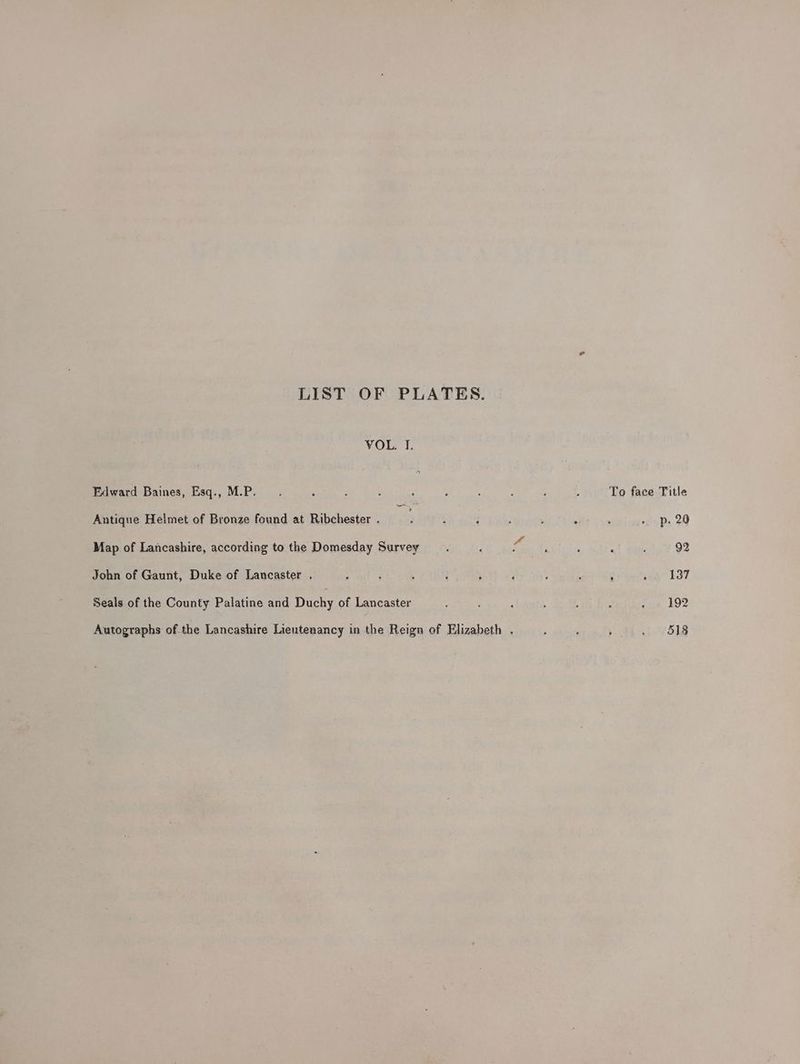 LIST OF PLATES. VOL. I. Edward Baines, Esq., M.P. : : : F : : j , : To face Title Antique Helmet of Bronze found at Ribchester . c : : ; ; . . » p. 20 Map of Lancashire, according to the Domesday Survey . d cage is : . 92 John of Gaunt, Duke of Lancaster . ; ; . ; ; ‘ ; : ; wy £37 Seals of the County Palatine and Duchy of Lancaster é ‘ : : . : sua £92 Autographs of the Lancashire Lieutenancy in the Reign of Elizabeth . ; ; ) . 518