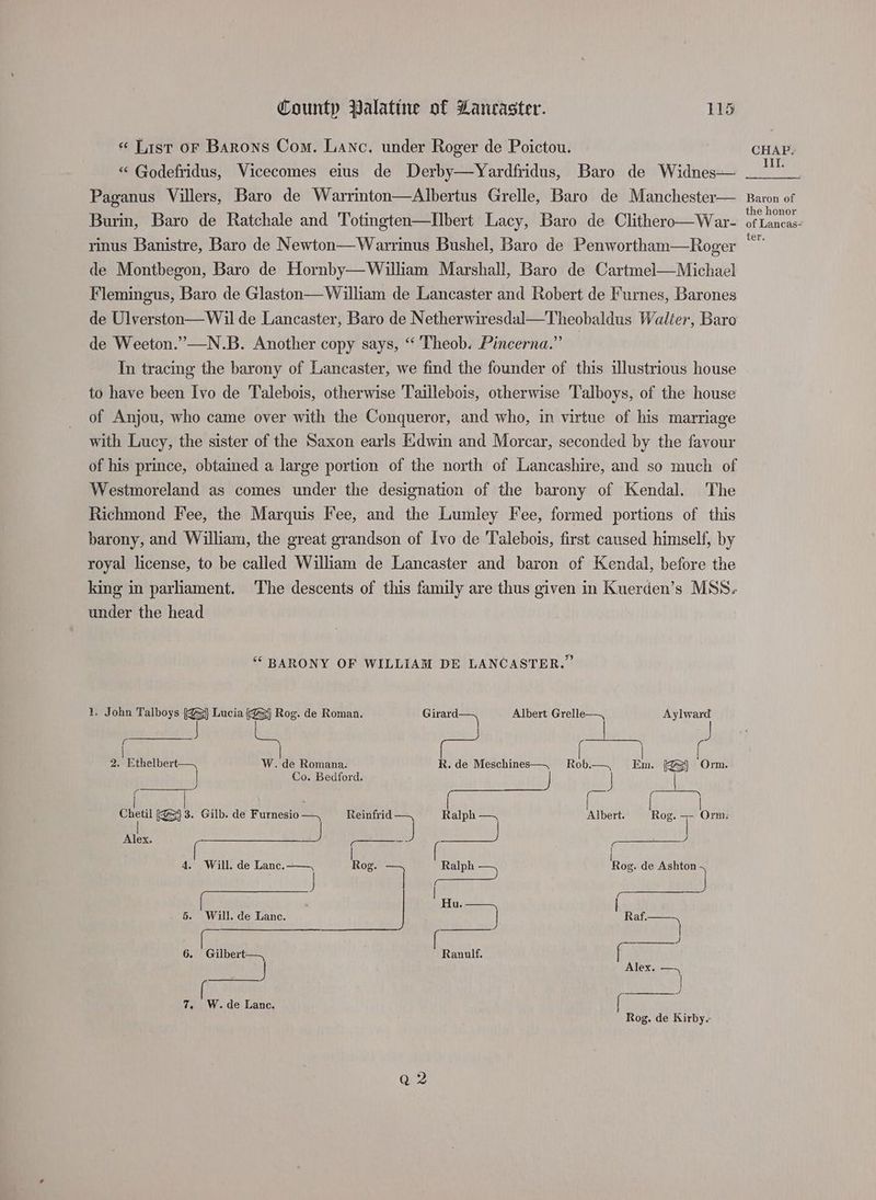 « List oF Barons Com. Lanc. under Roger de Poictou. “ Godefridus, Vicecomes eius de Derby—Yardfridus, Baro de Widnes— Paganus Villers, Baro de Warrinton—Albertus Grelle, Baro de Manchester— Burin, Baro de Ratchale and Totingten—LDbert Lacy, Baro de Clithero—War- rinus Banistre, Baro de Newton—Warrinus Bushel, Baro de Penwortham—Roger de Montbegon, Baro de Hornby—William Marshall, Baro de Cartmel—Michael Flemingus, Baro de Glaston— William de Lancaster and Robert de Furnes, Barones de Ulverston— Wil de Lancaster, Baro de Netherwiresdal—Theobaldus Walter, Baro de Weeton.”—N.B. Another copy says, “ 'Theob. Pincerna.” In tracing the barony of Lancaster, we find the founder of this illustrious house to have been Ivo de Talebois, otherwise 'Taillebois, otherwise 'Talboys, of the house of Anjou, who came over with the Conqueror, and who, in virtue of his marriage with Lucy, the sister of the Saxon earls Eidwin and Morcar, seconded by the favour of his prince, obtained a large portion of the north of Lancashire, and so much of Westmoreland as comes under the designation of the barony of Kendal. The Richmond Fee, the Marquis I'ee, and the Lumley Fee, formed portions of this barony, and William, the great grandson of Ivo de Talebois, first caused himself, by royal license, to be called William de Lancaster and baron of Kendal, before the king in parliament. The descents of this family are thus given in Kuerden’s MSS. under the head ““ BARONY OF WILLIAM DE LANCASTER.” 1. John Talboys (@&amp;j Lucia (Z@&amp;j Rog. de Roman. a ag Albert Grelle—, Aylward f | | f 2. Ethelbert W. de Romana. R. de Meschines—, Rob—. Em. (Qj Orm. ae Co. Bedford. | [ Hi cderuar bh fas ie (ZQ) 3. Gilb. de Furnesio —, Reinfrid Ralph ra Albert. Rog. =- Orm. | ut] J Alex. ——— —: Eat as | 4. Will. de Lanc.——, Rog. Ralph —, Rog. de Ashton a | A Fa aE la fe: Hu. 5. Will. de Lanc. Raf.—, SS | | aoe 5] 6. Gilbert—, Ranulf. Alex. —~ 7. W. de Lanc. Rog. de Kirby. CHAP. Til. Baron of the honor of Lancas- ter: