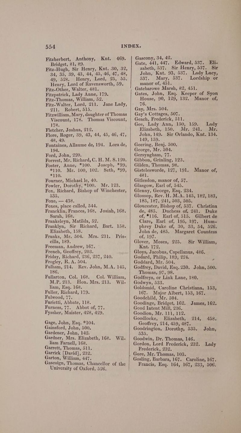 Fitzherbert, Anthony, Knt. 469. Bridget, 81, 89. Fitz-Hugh, Sir Henry, Knt. 30, 32, 34, 35, 39, 43, 44, 45, 46, 47, 48, 49, 528. Henry, Lord, 25, 55. Henry, Lord of Ravensworth, 59. Fitz-Other, Walter, 481. Fitzpatrick, Lady Anne, 179. Fitz-Thomas, William, 52. Fitz-Walter, Lord, 211. 211. Robert, 515. Fitzwilliam, Mary, daughter of Thomas Viscount, 178. Thomas Viscount, 173. Fletcher, Joshua, 212. Flore, Roger, 39, 43, 44, 45, 46, 47, 48, 49. Fontaines, Allaume de, 194. Lora de, 194. Ford, John, 220. Forrest, Mr. Richard, C. H. M. 8.120. Foster, Anne, *100. Joseph, *99, *110. Mr. 100, 102. Seth, *99, *110., Fourner, Michael le, 40. Fowler, Dorothy, *100. Mr. 123. Fox, Richard, Bishop of Winchester, 535. Foxe, — 438. Foxes, place called, 544. Francklin, Frances, 168. Josiah, 168. Sarah, 168. Frankeleyn, Matilda, 52. Franklyn, Sir Richard, Bart. 158. Elizabeth, 158. Franks, Mr. 504. Mrs. 231. cilla, 189. Freeman, Andrew, 167. French, Geoffrey, 203. Friday, Richard, 236, 237, 240. Frogley, R. A. 504. Fulham, 214. Rev. John, M.A. 145, 186. Fullarton, Col. 168. Col. William, M.P. 213. Hon. Mrs. 213. Wil- liam, Esq. 168. Fuller, Richard, 179. Fulwood, 77. Furietti, Abbate, 118. Furness, 77. Abbot of, 77. Fyssher, Maister, 428, 429. Jane Lady, Pris- Gage, John, Esq. *104. Gainsford, John, 500. Gardener, John, 142. Gardner, Mrs. Elizabeth, 168. liam Farnell, 168. Garrett, Thomas, 511. Garrick [David], 232. Garton, William, 447. Gascoign, Thomas, Chancellor of the University of Oxford, 526. Wil- Gascony, 34, 42. Gate, 441, 447. Edward, 537. Eli- zabeth, 537. Sir Henry, 537. Sir John, Knt. 93, 537. Lady Lucy, 537. Mary, 537. Lordship or manor of, 451. Gatebarowe Marsh, 82, 451. Gates, John, Esq. Keeper of Syon House, 90, 129, 132. Manor of, 76, Gay’s Cottages, 507. Geach, Frederick, 511. Gee, Lady Ann, 150, 159. Lady Elizabeth, 150. Mr. 241. Mr. John, 149. Sir Orlando, Knt. 134. 149, 159. : Geering, Benj. 500. George, Mr. 504. Gersyngham, 77. Gibbon, Grinling, 123. Gilden, Thomas, 98. Gistelesworde, 127, 191. 481. Gitlesdon, manor of, 57. Glasgow, Earl of, 545. Glenny, George, Esq. 234. Glossop, Rev. H. M.A. 145, 182, 183, 185, 187, 241, 503, 505. Gloucester, Bishop of, 537. Christina de, 485. Duchess of, 241. Duke of, *116. Earl of, 515. Gilbert de Clare, Earl of, 195, 197. Hum- phrey Duke of, 30, 53, 54, 526. John de, 485. Margaret Countess of, 197. Glover, Moses, 225. Knt. 172. Gloys, Jacobus, Capellanus, 486. Godard, Philip, 189, 224. Goddard, Mr. 504. Godfrey, David, Esq. 230. John, 500. Thomas, 97, 98. Godfreys, or Link Lane, 180. Godwyn, 533. Goldsmid, Caroline Christiana, 153, 167. Major Albert, 153, 167. Goodchild, Mr. 504. Goodinge, Bridget, 162. James, 162. Good Intent Mill, 236. Goodion, Mr. 111, 112. Manor of, Sir William, A Goodlocke, Elizabeth, 214, 458. Geoffrey, 214, 459, 487. Goodrington, Dorothy, 535. John, 535. Goodwin, Dr. Thomas, 146. Gordon, Lord Frederick, 232. Lady Frederick, 232. Gosling, Barbara, 167. Caroline, 167. Francis, Esq. 164, 167, 233, 506.