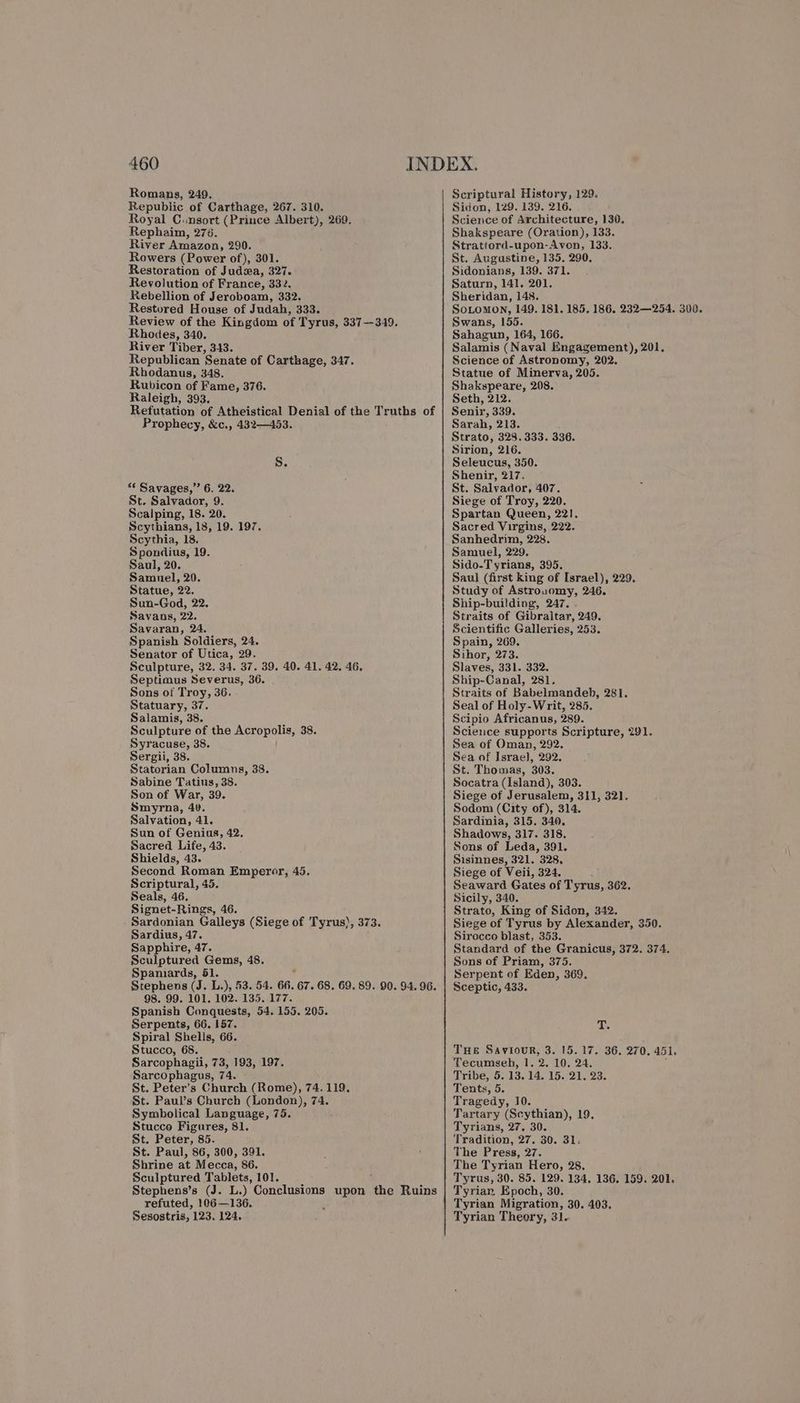 Romans, 249. Republic of Carthage, 267. 310. Royal Cunsort (Prince Albert), 269. Rephaim, 276. River Amazon, 290. Rowers (Power of), 301. Restoration of Judea, 327. Revolution of France, 332. Rebellion of Jeroboam, 332. Restored House of Judah, 333. Review of the Kingdom of Tyrus, 337—349. Rhodes, 340. River Tiber, 343. Republican Senate of Carthage, 347. Rhodanus, 348. Rubicon of Fame, 376. Raleigh, 393. Refutation of Atheistical Denial of the Truths of Prophecy, &amp;c., 432—453. S. * Savages,” 6. 22. St. Salvador, 9. Scalping, 18. 20. Scythians, 18, 19. 197. Scythia, 18. Spondius, 19. Saul, 20. Samuel, 20. Statue, 22. Sun-God, 22. Savans, 22. Savaran, 24. Spanish Soldiers, 24. Senator of Utica, 29. Sculpture, 32. 34. 37. 39. 40. 41. 42. 46, Septimus Severus, 36. Sons of Troy, 36. Statuary, 37. Salamis, 38. Sculpture of the Acropolis, 38. Syracuse, 38. Sergii, 38. Statorian Columns, 38. Sabine Tatius, 38. Son of War, 39. Smyrna, 40. Salvation, 41. Sun of Genius, 42. Sacred Life, 43. Shields, 43. Second Roman Emperor, 45. Scriptural, 45. Seals, 46. Signet-Rings, 46. Sardonian Galleys (Siege of Tyrus), 373. Sardius, 47. Sapphire, 47. Sculptured Gems, 48. Spaniards, 51. Stephens (J. L.), 53. 54. 60. 67.68. 69.89. 90. 94. 96. 98. 99. 101. 102. 135. 177. Spanish Conquests, 54. 155. 205. Serpents, 66. 157. Spiral Shells, 66. Stucco, 68. Sarcophagii, 73, 193, 197. Sarcophagus, 74. St. Peter’s Church (Rome), 74.119. St. Paul’s Church (London), 74. Symbolical Language, 75. Stucco Figures, 81. St. Peter, 85. St. Paul, 86, 300, 391. Shrine at Mecca, 86. Sculptured Tablets, 101. Stephens’s (J. L.) Conclusions upon ‘the Ruins refuted, 106—136. Sesostris, 123. 124, Scriptural History, 129. Sidon, 129. 139. 216. Science of Architecture, 130. Shakspeare (Oration), 133. Strattord-upon-Avon, 133. St. Augustine, 135. 290. Sidonians, 139. 371. Saturn, 141. 201. Sheridan, 148. SoLomon, 149. 181. 185, 186. 232—254. 300. Swans, 155. Sahagun, 164, 166. Salamis (Naval Engagement), 201. Science of Astronomy, 202. Statue of Minerva, 205. Shakspeare, 208. Seth, 212. Senir, 339. Sarah, 213. Strato, 328.333. 336. Sirion, 216. Seleucus, 350. Shenir, 217. St. Salvador, 407. Siege of Troy, 220. Spartan Queen, 22]. Sacred Virgins, 222. Sanhedrim, 228. Samuel, 229. Sido-T yrians, 395. Saul (first king of Israel), 229. Study of Astrouomy, 246. Ship-building, 247. Straits of Gibraltar, 249. Scientific Galleries, 253. Spain, 269. Sihor, 273. Slaves, 331. 332. Ship-Canal, 281. Straits of Babelmandeb, 281. Seal of Holy-Writ, 285. Scipio Africanus, 289. Science supports Scripture, 291. Sea of Oman, 292. Sea of Israel, 292. St. Thomas, 303. Socatra (Island), 303. Siege of Jerusalem, 311, 321. Sodom (City of), 314. Sardinia, 315. 340. Shadows, 317. 318. Sons of Leda, 391. Sisinnes, 321. 328, Siege of Veii, 324. Seaward Gates of Tyrus, 362. Sicily, 340. Strato, King of Sidon, 342. Siege of Tyrus by Alexander, 350. Sirocco blast, 353. Standard of the Granicus, 372. 374. Sons of Priam, 375. Serpent of Eden, 369, Sceptic, 433. Au THE Saviour, 3. 15.17. 36. 270. 451. Tribe, 5. 13. 14, 15. 21, 23. Tents, 5. Tragedy, 10. Tartary (Scythian), 19, Tyrians, 27. 30. Tradition, 27. 30. 31. The Press, 27. The Tyrian Hero, 28, Tyrus, 30. 85. 129. 134. 136. 159. 201. Tyrian Epoch, 30. Tyrian Migration, 30. 403. Tyrian Theory, 31-