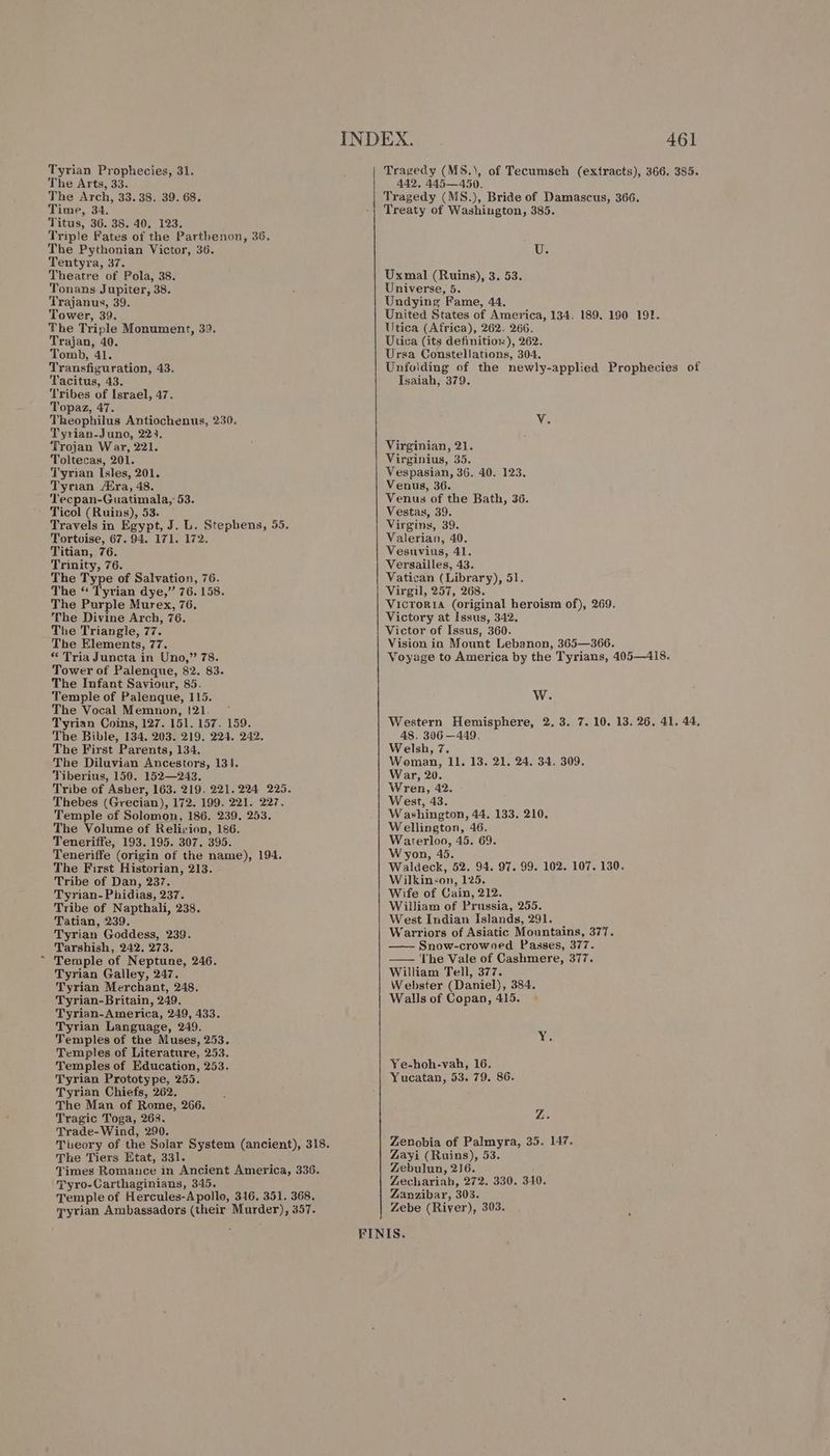 , INDEX. 461 Tyrian Prophecies, 31. Tragedy (MS8.), of Tecumseh (extracts), 366. 385. The Arts, 33. 442, 445—450. The Arch, 33.38. 39. 68. Tragedy (MS.), Bride of Damascus, 366, Time, 34. -| Treaty of Washington, 385. Titus, 36. 38. 40. 123. The Pythonian Victor, 36. U. Tentyra, 37. Theatre of Pola, 38. Uxmal (Ruins), 3. 53. Tonans. Jupiter, 38. : Universe, 5. Trajanus, 39. Undying Fame, 44. Tower, 39. United States of America, 134. 189, 190 191. The Triple Monument, 39. Utica (Africa), 262. 266. Trajan, 40. Utica (its definitior), 262. Tomb, 41. Ursa Constellations, 304. Transfiguration, 43. Unfolding of the newly-applied Prophecies of Tacitus, 43. Isaiah, 379. Topaz, 47. Theophilus Antiochenus, 230. Wis Tyrian-Juno, 223. Trojan War, 221. Virginian, 21. Toltecas, 201. Virginius, 35. Tyrian Isles, 201. Vespasian, 36. 40. 123. Tyrian Aira, 48. Venus, 36. Tecpan-Guatimala, 53. Venus of the Bath, 36. Ticol (Ruins), 53. Vestas, 39. Travels in Egypt, J. L. Stephens, 55. Virgins, 39. Tortoise, 67. 94. 171. 172. Valerian, 40. Titian, 76. Vesuvius, 41. Trinity, 76. Versailles, 43. The Type of Salvation, 76. Vatican (Library), 51. The “ Tyrian dye,” 76. 158. Virgil, 257, 268. The Purple Murex, 76. Victoria (original heroism of), 269. The Divine Arch, 76. Victory at Issus, 342. The Triangle, 77. Victor of Issus, 360. The Elements, 77. Vision in Mount Lebanon, 365—366. “ Tria Juncta in Uno,” 78. Voyage to America by the Tyrians, 405—418. Tower of Palenque, 82. 83. The Infant Saviour, 85. The Vocal Memnon, !21. ~ Tyrian Coins, 127. 151. 157. 159. Western Hemisphere, 2. 3. 7. 10. 13. 26. 41. 44, The Bible, 134. 203. 219, 224. 242. 48. 306 —449. The First Parents, 134. Welsh, 7. The Diluvian Ancestors, 13}. Woman, 11. 13. 21, 24. 34. 309. Tiberius, 150. 152—243. War, 20. Tribe of Asher, 163. 219. 221.224 225. Wren, 42. Thebes (Grecian), 172. 199. 221. 227. West, 43. Temple of Solomon, 186. 239. 253. Washington, 44, 133. 210. The Volume of Religion, 186. Wellington, 46. Teneriffe, 193. 195. 307. 395. Waterloo, 45. 69. Teneriffe (origin of the name), 194. W yon, 45. The First Historian, 213. Waldeck, 52. 94. 97. 99. 102. 107. 130. Tribe of Dan, 237. Wilkin:on, 125. Tyrian-Phidias, 237. Wife of Cain, 212. Tribe of Napthali, 238. William of Prussia, 255. Tatian, 239. West Indian Islands, 291. | Tyrian Goddess, 239. Warriors of Asiatic Mountains, 377. Tarshish, 242. 273. —— Snow-crowned Passes, 377. Temple of Neptune, 246. —— The Vale of Cashmere, 377. Tyrian Galley, 247. William Tell, 377. Tyrian Merchant, 248. Webster (Daniel), 384. Tyrian-Britain, 249. Walls of Copan, 415. Tyrian-America, 249, 433. Tyrian Language, 249. Temples of the Muses, 253. Y. Temples of Literature, 253. Temples of Education, 253. Ye-hoh-vah, 16. Tyrian Prototype, 255. Yucatan, 53. 79. 86. Tyrian Chiefs, 262. The Man of Rome, 266. Tragic Toga, 268. Z. Trade-Wind, 290. Theory of the Solar System (ancient), 318. Zenobia of Palmyra, 35. 147. The Tiers Etat, 331. Zayi (Ruins), 53. Times Romance in Ancient America, 336. Zebulun, 216. ; Tyro-Carthaginians, 345. Zechariah, 272. 330. 340. Temple of Hercules-Apollo, 316. 351. 368. Zanzibar, 303. qyyrian Ambassadors (their Murder), 357. Zebe (River), 303. FINIS.