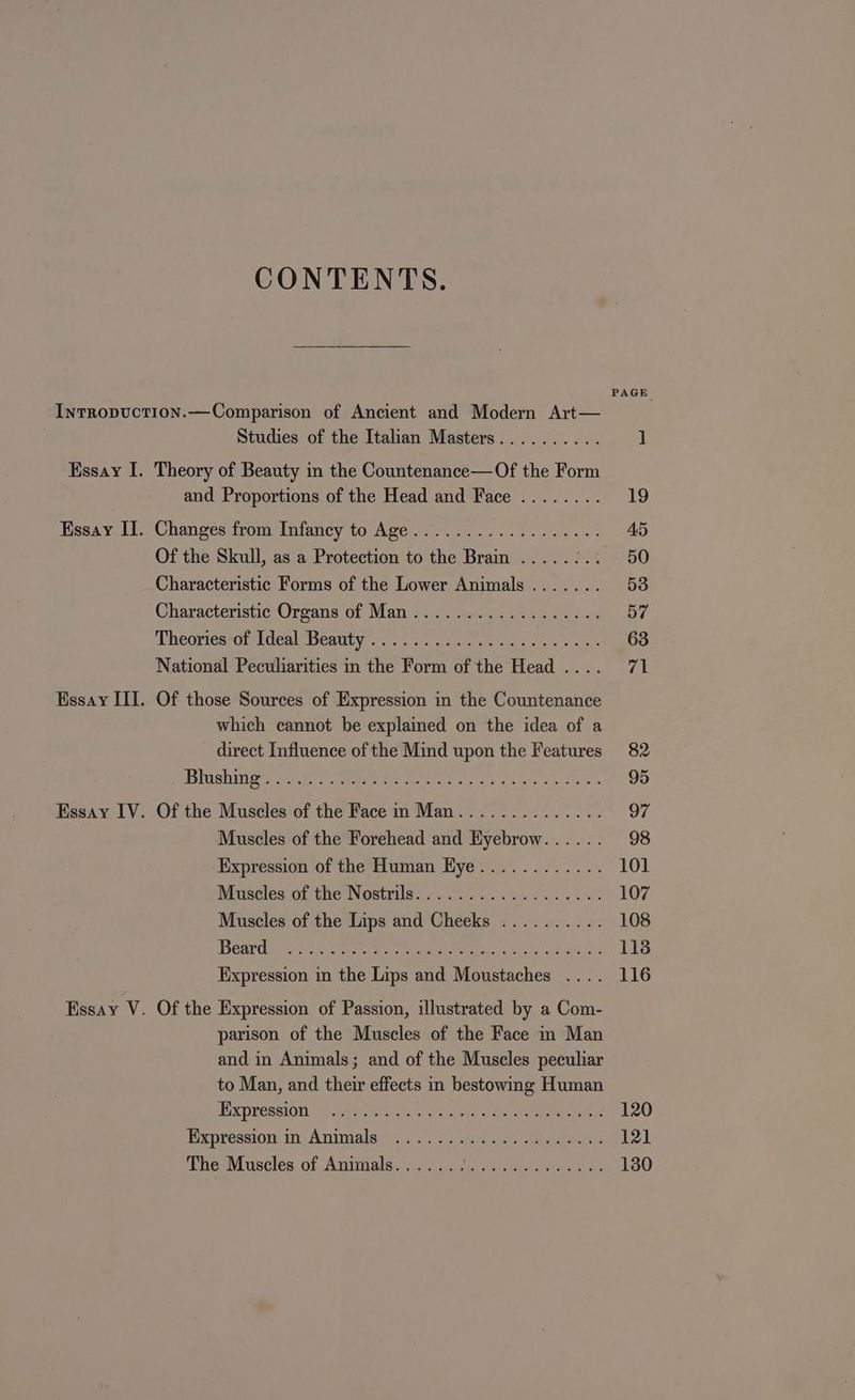 CONTENTS. PAGE Intropuction.—Comparison of Ancient and Modern Art— Studies of the Italian Masters.......... ] Essay I. Theory of Beauty in the Countenance—Of the Form and Proportions of the Head and Face ........ 19 Essay II. Changes from Infancy to Age.................. 45 Of the Skull, as a Protection to the Brain .....:.. 50 Characteristic Forms of the Lower Animals ....... 53 Characteristic Oreang of Man cc... rnsucucm on ae a: 57 ‘Theoptestomutestpesttty a... occ, amas ye Aer 63 National Peculiarities in the Form of the Head .... 71 Essay III. Of those Sources of Expression in the Countenance which cannot be explained on the idea of a direct Influence of the Mind upon the Features 82 LUSH SA eRe ee Oy Mere on, Cy ace ee 95 Essay IV. Of the Muscles of the Face im Man.............. 97 Muscles of the Forehead and Hyebrow...... 98 Expression of the Human Eye............ 101 Muscles of the Nostrils.................. 107 Muscles of the Lips and Cheeks .......... 108 Beare er tet Nae eat nea Ie, oat ak aids 118 Expression in the Lips and Moustaches .... 116 Essay V. Of the Expression of Passion, illustrated by a Com- parison of the Muscles of the Face m Man and in Animals; and of the Muscles peculiar to Man, and their effects in bestowing Human EEX PRESSION 4)h9 NSLS 03 oie een rere ro eee 120 fcpression, inh; Animal giv. 2.05 /bec es ee 12] Utermiuncles ot Aniigale< 9: ou selel ec a 130