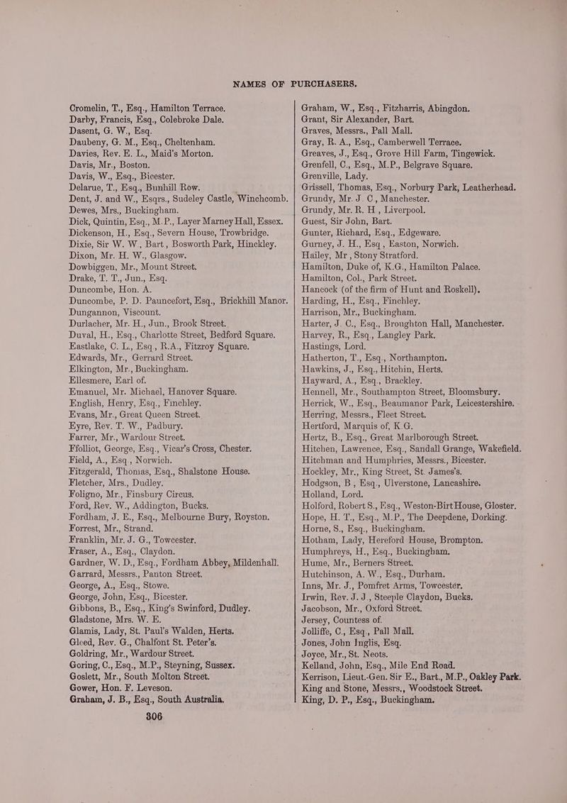 Cromelin, T., Esq., Hamilton Terrace. Darby, Francis, Esq., Colebroke Dale. Dasent, G. W., Esq. Daubeny, G. M., Esq., Cheltenham. Davies, Rev. EK. L., Maid’s Morton. Davis, Mr., Boston. Davis, W., Esq., Bicester. Delarue, T., Esq., Bunhill Row. | Dent, J. and W., Esqrs., Sudeley Castle, Winchcomb. Dewes, Mrs., Buckingham. Dick, Quintin, Esq., M.P., Layer Marney Hall, Essex. Dickenson, H., Esq., Severn House, Trowbridge. Dixie, Sir W. W,, Bart , Bosworth Park, Hinckley. Dixon, Mr. H. W., Glasgow. Dowbiggen, Mr., Mount Street. Drake, T. T., Jun., Esq. Duncombe, Hon. A. Duncombe, P. D. Pauncefort, Esq., Brickhill Manor. Dungannon, Viscount. Durlacher, Mr. H., Jun., Brook Street. Duval, H., Esq., Charlotte Street, Bedford Square. Eastlake, C. L., Esq, R.A., Fitzroy Square. Edwards, Mr., Gerrard Street. Elkington, Mr., Buckingham. Ellesmere, Earl of. Emanuel, Mr. Michael, Hanover Square. English, Henry, Esq., Finchley. Evans, Mr., Great Queen Street. Eyre, Rev, T. W., Padbury. Farrer, Mr., Wardour Street. Ffolliot, George, Esq., Vicar’s Cross, Chester. Field, A., Esq., Norwich. Fitzgerald, Thomas, Esq., Shalstone House. Fletcher, Mrs., Dudley. Foligno, Mr., Finsbury Circus. Ford, Rev. W., Addington, Bucks. Fordham, J. E., Esq., Melbourne Bury, Royston. Forrest, Mr., Strand. Franklin, Mr. J. G., Towcester. Fraser, A., Esq., Claydon. Gardner, W. D., Esq., Fordham Abbey, Mildenhall. Garrard, Messrs., Panton Street. George, A., Eisq., Stowe. George, John, Esq., Bicester. Gibbons, B., Esq., King’s Swinford, Dudley. Gladstone, Mrs. W. E. Glamis, Lady, St. Paul’s Walden, Herts. Gleed, Rev. G., Chalfont St. Peter’s. Goldring, Mr., Wardour Street. Goring, C., Esq., M.P., Steyning, Sussex. Goslett, Mr., South Molton Street. Gower, Hon. F. Leveson. Graham, J. B., Esqg., South Australia, 306 Graham, W., Esq., Fitzharris, Abingdon. Grant, Sir Alexander, Bart. Graves, Messrs., Pall Mall. Gray, R. A., Esq., Camberwell Terrace. Greaves, J., Esq., Grove Hill Farm, Tingewick. Grenfell, C., Esq., M.P., Belgrave Square. Grenville, Lady. Grissell, Thomas, Esq., Norbury Park, Leatherhead. Grundy, Mr. J. C., Manchester. Grundy, Mr. R. H., Liverpool. Guest, Sir John, Bart. Gunter, Richard, Esq., Edgeware. Gurney, J. H., Esq , Easton, Norwich. Hailey, Mr , Stony Stratford. Hamilton, Duke of, K.G., Hamilton Palace. Hamilton, Col., Park Street. Hancock (of the firm of Hunt and Roskell). Harding, H., Esq., Finchley. Harrison, Mr., Buckingham. Harter, J. C., Esq., Broughton Hall, Manchester. Harvey, R., Esq., Langley Park. Hastings, Lord. Hatherton, T., Esq., Northampton. Hayward, A., Esq., Brackley. Hennell, Mr., Southampton Street, Bloomsbury. Herrick, W., Esq., Beaumanor Park, Leicestershire. Herring, Messrs., Fleet Street. Hertford, Marquis of, K.G. Hertz, B., Esq., Great Marlborough Street. Hitchen, Lawrence, Esq., Sandall Grange, Wakefield. Hitchman and Humphries, Messrs., Bicester. Hodgson, B , Esq., Ulverstone, Lancashire. Holland, Lord. Holford, Robert S., Esq., Weston-Birt House, Gloster. Hope, H. 'T., Esq., M.P., The Deepdene, Dorking. Horne, 8., Esq., Buckingham. Hotham, Lady, Hereford House, Brompton. Humphreys, H., Esq., Buckingham. Hume, Mr., Berners Street. Hutchinson, A. W., Esq., Durham. Inns, Mr. J., Pomfret Arms, Towcester. Irwin, Rev. J. J., Steeple Claydon, Bucks. Jacobson, Mr., Oxford Street. Jersey, Countess of. Jolliffe, C., Esq., Pall Mall. Joyce, Mr., St. Neots. Kelland, John, Esq., Mile End Road. Kerrison, Lieut.-Gen. Sir E., Bart., M.P., Oakley Park. King and Stone, Messrs., Woodstock Street. King, D. P., Esq., Buckingham.