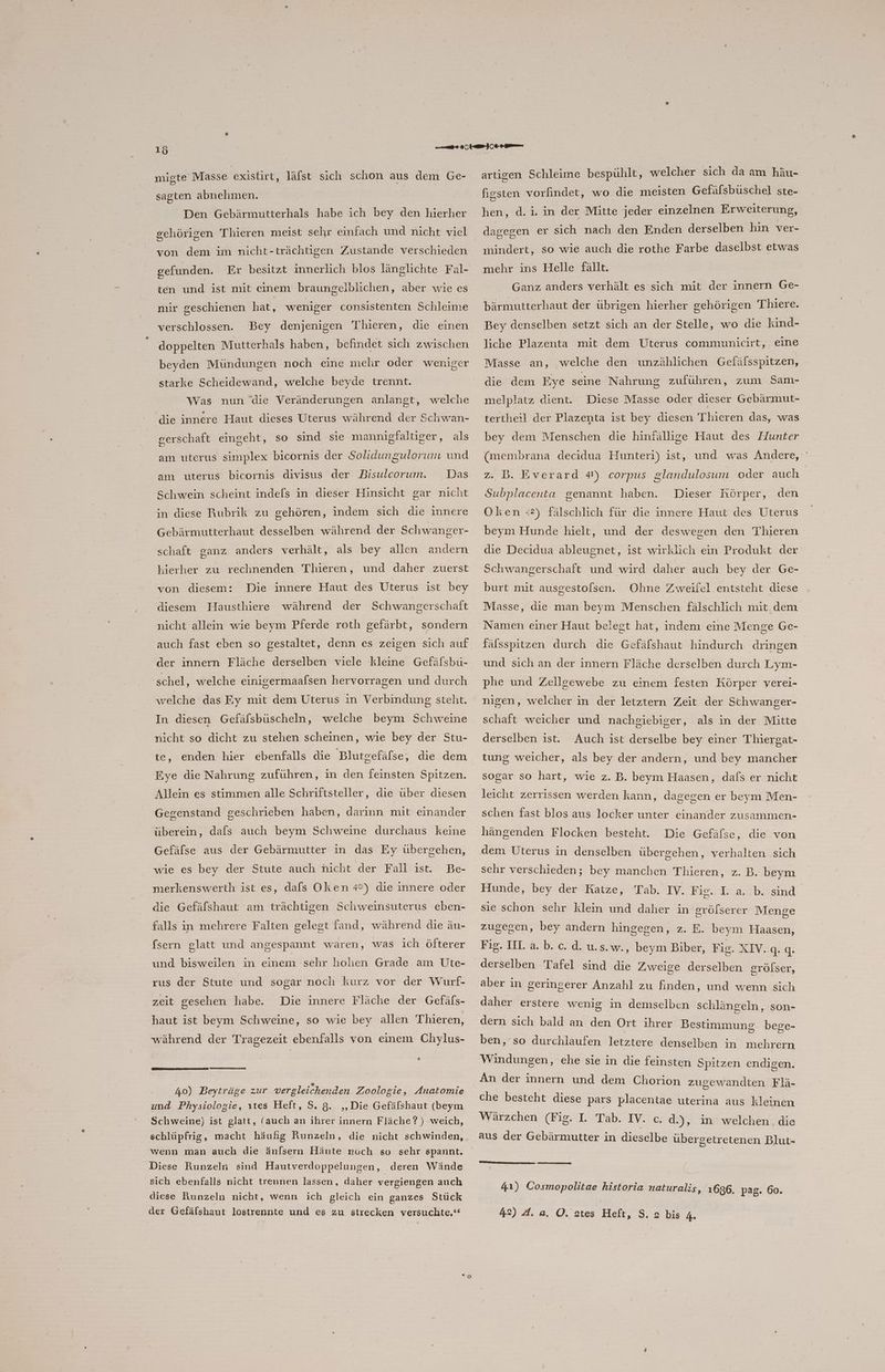 16 migte Masse existirt, läfst sich schon aus dem Ge- sagten abnehmen. | Den Gebärmutterhals habe ich bey den hierher gehörigen 'Thieren meist sehr einfach und nicht viel von dem im nicht-trächtigen Zustande verschieden gefunden. Er besitzt innerlich blos länglichte Fal- ten und ist mit einem braungelblichen, aber wie es nur geschienen hat, weniger consistenten Schleime verschlossen. Bey denjenigen Thieren, die einen doppelten Mutterhals haben, befindet sich zwischen beyden Mündungen noch eine mehr oder weniger starke Scheidewand, welche beyde trennt. Was nun ‘die Veränderungen anlangt, welche die innere Haut dieses Uterus während der Schwan- gerschaft eingeht, so sind sie mannigfaltiger, als am uterus simplex bicornis der Solidungulorum und Das Schwein scheint indels in dieser Hinsicht gar nıcht in diese Rubrik zu gehören, indem sich die innere am uterus bicornis divisus der Bisulcorum. Gebärmutterhaut desselben während der Schwanger- schaft ganz anders verhält, als bey allen andern hierher zu rechnenden Thieren, und daher zuerst von diesem: Die innere Haut des Uterus ist bey diesem Hausthiere während der Schwangerschaft nicht allein wie beym Pferde roth gefärbt, sondern der innern Fläche derselben viele kleine Gefäfsbu- schel, welche einigermaafsen hervorragen und durch welche das Ey mit dem Uterus in Verbindung steht. In diesen Gefäfsbüscheln, welche beym Schweine nicht so dicht zu stehen scheinen, wie bey der Stu- te, enden hier ebenfalls die Blutgefäfse, die dem Eye die Nahrung zuführen, in den feinsten Spitzen. Allein es stimmen alle Schriftsteller, die über diesen Gegenstand geschrieben haben, darinn mit einander überein, dafs auch beym Schweine durchaus keine Gefäfse aus der Gebärmutter in das Ey übergehen, Be- merkenswerth ist es, dals Oken 4°) die innere oder wie es bey der Stute auch nicht der Fall ist. die Gefälshaut am trächtigen Schweinsuterus eben- falls in mehrere Falten gelegt fand, während die äu- fsern glatt und angespannt waren, was ich öfterer und bisweilen in einem sehr hohen Grade am Ute- rus der Stute und sogar noch kurz vor der Wurf- zeit gesehen habe. Die innere Fläche der Gefäls- haut ist beym Schweine, so wie bey allen Thieren, während der Tragezeit ebenfalls von einem Chylus- 40) Beyträge zur vergleichenden Zoologie, Anatomie und Physiologie, ıtes Heft, S. 8. ‚Die Gefälshaut (beym Schweine) ist glatt, (auch an ihrer innern Fläche?) weich, wenn man auch die äulsern Häute nuch so sehr spannt. Diese Runzeln sind Hautverdoppelungen, deren Wände sich ebenfalls nicht trennen lassen, daher vergiengen auch diese Runzeln nicht, wenn ich gleich ein ganzes Stück artigen Schleime bespühlt, welcher sich da am häu- fissten vorfindet, wo die meisten Gefäfsbüuschel ste- hen, d.i. in der Mitte jeder einzelnen Erweiterung, dagegen er sich nach den Enden derselben hin ver- mindert, so wie auch die rothe Farbe daselbst etwas mehr ins Helle fällt. Ganz anders verhält es sich mit der innern Ge- bärmutterhaut der übrigen hierher gehörigen Thiere. Bey denselben setzt sich an der Stelle, wo die kind- liche Plazenta mit dem Uterus communicirt, eine Masse an, welche den unzählichen Gefäfsspitzen, die dem Eye seine Nahrung zuführen, zum Sam- melplatz dient. Diese Masse oder dieser Gebärmut- tertheil der Plazenta ist bey diesen Thieren das, was bey dem Menschen die hinfällige Haut des Hunter (membrana decidua Hunteri) ist, und was Andere, ' z. B. Everard 4) corpus glandulosum oder auch Subplacenta genannt haben. Dieser Körper, den Oken :2) fälschlich für die innere Haut des Uterus beym Hunde hielt, und der deswegen den Thieren die Decidua ableugnet, ist wirklich ein Produkt der Schwangerschaft und wird daher auch bey der Ge- burt mit ausgestolsen. Ohne Zweitel entsteht diese Masse, die man beym Menschen fälschlich mit dem Namen einer Haut belegt hat, indem eine Menge Ge- fälsspitzen durch die Gefäfshaut hindurch dringen und sıch an der innern Fläche derselben durch Lym- phe und Zellgewebe zu einem festen Körper verei- nıgen, welcher in der letztern Zeit der Schwanger- schaft weicher und nachgiebiger, als in der Mitte derselben ist. Auch ist derselbe bey einer Thiergat- tung weicher, als bey der andern, und bey mancher sogar so hart, wie z. B. beym Haasen, dafs er nicht leicht zerrissen werden kann, dagegen er beym Men- schen fast blos aus locker unter einander zusammen- hängenden Flocken besteht. Die Gefäfse, die von dem Uterus in denselben übergehen, verhalten sich sehr verschieden; bey manchen Thieren, z. B.. beym Hunde, bey der Katze, Tab. IV. Fig. I. a. b. sind sie schon sehr klein und daher in grölserer Menge zugegen, bey andern hingegen, z. E. beym Haasen, Fig. IL. a. b. c.d. u.s.w., beym Biber, Fig. XIV.g.gq. derselben ‚Tafel sind die Zweige derselben gröfser, aber in geringerer Anzahl zu finden, und wenn sich daher erstere wenig in demselben schlängeln, son- dern sich bald an den Ort ihrer Bestimmung bese- | 5 ben, so durchlaufen letztere denselben in mehrern Windungen, ehe sie in die feinsten Spitzen endigen. An der innern und dem Chorion zugewandten Flä- che besteht diese pars placentae uterina aus kleinen Wärzchen (Fig. I. Tab. IY. c. d.), in welchen. die aus der Gebärmutter in dieselbe libergetretenen Blut- 41) Cosmopolitae historia naturalis, 1696, pag. 60.