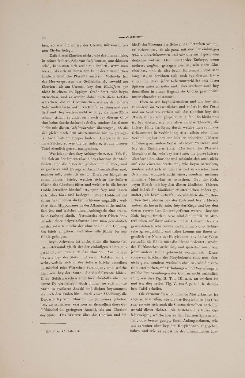 ben, so wie die innere des Uterus, mit einem fei- nen Chylus belegt. Dals dieses Chorion nicht, wie das menschliche, in seiner frühern Zeit von Gefälszotten umschlossen wird, kann man sich recht gut denken, wenn man weis, dafs sich an demselben keine der menschlichen ähnliche kindliche Plazenta ansetzt. Vielmehr hat das jHervorsprossen der Gefäfsbüschel, sowohl am Chorion, als am Uterus, bey den Einhüfern gar nicht in einem so üppigen Grade Statt, wie beym Menschen, und es werden daher auch diese Gefäls- wärzchen, die am Chorion eben wie an der innern Gebärmutterfläche auf ihren Köpfen erhaben und ver- tieft sind, bey weitem nicht so lang, als beym Men- schen. Allein es bildet sich auch bey diesem Cho- rıon keine durchscheinende Stelle, sondern das Ganze bleibt mit diesen Gefäfswärzchen überzogen, ob sie sich gleich nach dem Muttermunde hin in geringe- Die Farbe der in- nern Fläche, so wie die der äufsern, ist auf unserer rer Anzahl als am Körper finden. Tafel ziemlich getreu nachgeahmt. Wasich aus den drey Anhängseln z. z. z. Tab.IL, die sıch an der innern Fläche des Chorions der Stute finden, und die bisweilen gröfser und kleiner, und in grölserer und geringerer Anzahl anzutreflen sind, machen soll, weils ich nicht. Dieselben hängen an einem dünnen Stiele, welcher sich an der äufsern Fläche des Chorions öfnet und welcher in die innere Höhle derselben hineinführt, ganz frey und lassen sich daher hin - und herlegen. Diese Höhle ist mit einem bräunlichen dicken Schleime angefüllt, wel- cher dem Hippomanes in der Allantois nicht unähn- lich ist, und welcher diesen Anhängseln eine bräun- liche Farbe mittheilt. Vermittelst einer feinen Son- de oder einer Schweinsborste kann man gewöhnlich ‚an der äufsern Fläche des Chorions in die Oefnung des Stiels eingehen, und ohne alle Mühe bis zur Höhle gelangen. Beym Schweine ist nicht allein die innere Ge- bärmutterwand gleich der der einhufigen Thiere ein- gerichtet, sondern auch das Chorion. Auch dieses ist, wie bey der Stute, mit vielen Gefälsen durch- webt, welche sich an der äufsern Fläche desselben in Büschel oder Wärzchen vereinigen, und welche hier, wie bey der Stute, die Fötalplazenta bilden. Diese Gefälswärzchen sind hier ebenfalls über das sanze Ey verbreitet, doch finden sie sich in der Nach einer Abbildung, die Dzondi 59) vom Chorion des Schweines geliefert als nach den Einden hin. fäfsbüschel in geringerer Anzahl, als am Chorion der Stute. Das Weitere uber das Chorion und die ERBAUTE TEE 59) A. a. O. Tab. II. kindliche Plazenta des Schweines übergehen wir mit Stillschweigen, da sie ganz mit der der einhufigen Thiere übereinkommen und wir uns nicht gern wie- derholen wollen. Da immer!jeder Embryo, wenn mehrere zugleich getragen werden, sein eigen Cho- rion hat, und da dies beym Schweinsembryo sehr lang ist, so berühren sich auch bey diesem Haus- thiere die Eyer. jeder Gebärmutterhälfte mit ihren Spitzen unter einander und daher wachsen auch bey demselben in dieser Gegend die Choria gewöhnlich unter einander zusammen. | Eben so wie beym Menschen und wie bey den Finhüfern im Wesentlichen und anders in der Form und im Aeufsern verhält sich das Chorion bey den Wiederkäuern mit gespaltenen Hufen. Es bleibt und ist bey diesen, wie bey allen andern Thieren, die äufsere Haut des Eyes, durch welche dieses mit der Gebärmutter in Verbindung tritt, allein eben diese Verbindung hat bey den hierher gehörigen Thieren auf eine ganz andere Weise, als beym Menschen und bey den Einhüfern Statt. Die kindliche Plazenta überzieht nicht, wie bey der Stute, die ganze äulsere Oberfläche des Chorions und schränkt sich auch nicht auf eine einzelne Stelle ein, wie beym Menschen, sondern setzt sich an mehrern und an verschiedenen Orten an, wodurch nicht einer, sondern mehrere kindliche Mutterkuchen entstehen. Bey der Kuh, beym Hirsch und bey den diesen ähnlichen Thieren sind indefs die kindlichen Mutterkuchen anders ge- staltet, als beym Schaafe, so wie auch die mütter- lichen Kotyledonen bey der Kuh und beym Hirsch anders als beym Schaafe, bey: der Ziege und bey den diesen verwandten Thieren geformt waren. Bey der Kuh, beym Hirsch u. s. w. sind die kindlichen Mut- terkuchen auf ihrer äufsern und der Gebärmutter zu- gewendeten Fläche concav und Pfannen - oder Schüs- selartig ausgehöhlt, und daher kommt nur ihnen ei-. gentlich der Name der Kotyledonen zu, da das Wort zoruAnd@v die Höhle oder die Pfanne bedeutet, worin der Hüftknochen articulirt, und späterhin .auch von jeder andern Höhle gebraucht worden ist. Diese concaven Flächen der Kotyledonen sind nun aber nicht glatt, sondern wechseln eben so, wie die Ute- rinmutterkuchen, mit Erhöhungen und Vertiefungen, welche den Windungen des Gehirns nicht unähnlich sind, wie dies Fig. II. Tab. II. a. a. zu ersehen ist und wie dies selbst Fig. V. aus f. g. h. i. k. dersel- ben Tafel erhellet. | Die Structur dieser kindlichen Mutterkuchen ist eben so beschaffen, wie die der Kotyledonen des Ute- rus, so wie sich auch die Summe derselben nach der Anzahl dieser richtet. Sie bestehen aus lauter Ge- fälszweigen, welche hier in den feinsten Spitzen en- den, oder besser gesagt, ihren Anfang nehmen, wie wir es weiter oben bey den Kotyledonen angegeben haben und wie es selbst in der menschlichen Pla-