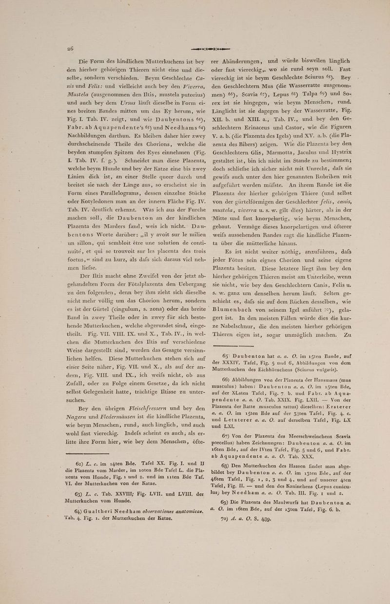 Die Form des kindlichen Mutterkuchens ist bey den hierher gehörigen Thieren nicht eine und die- selbe, sondern verschieden. Beym Geschlechte Ca- nisund Felis: und vielleicht auch bey den Yiverra, Mustela (ausgenommen den Iltis, mustela putorius) und auch bey dem Ursus läuft dieselbe in Form ei- nes breiten Bandes mitten um das Ey herum, wie Fig. I. Tab. IV. zeigt, und wie Daubentons ®), Fabr.ab Aquapendente’s 5) und Needhams 6%) Nachbildungen darthun. Es bleiben daher hier zwey durchscheinende Theile des Chorions, welche die beyden stumpfen Spitzen des Eyes einnehmen (Fig. 2 Tabe 21.2), welche beym Hunde und bey der Katze eine bis zwey Schneidet man diese Plazenta, Linien dick ist, an einer Stelle queer durch und breitet sie nach der Länge aus, so erscheint sie in Form eines Parallelograms, dessen einzelne Stücke oder Kotyledonen man an der innern Fläche Fig. IV. Tab. IV. deutlich erkennt. machen soll, die Daubenton an der kindlichen Was ich aus der Furche Plazenta des Marders fand, weis ich nicht. Dau- bentons Worte darüber: „il y avoit sur le milieu un sillon, qui sembloit etre une solution de conti- nwite, et qui se trouvoit sur les placenta des trois foetus,“ sind zu kurz, als dafs sich daraus viel nch- men liefse. | Der Iltis macht ohne Zweifel von der jetzt ab- gehandelten Form der Fötalplazenta den Uebergang zu den folgenden, denn bey ihm zieht sich dieselbe nicht mehr völlig um das Chorion herum, sondern Band in zwey Theile oder in zwey für sich beste- hende Mutterkuchen, welche abgerundet sind, einge- theilt. Fig. VII. VIII. IX. und X., Tab. IV., in wel- chen die Mutterkuchen des Iltis auf verschiedene Weise dargestellt sind, werden das Gesagte versinn- lichen helfen. einer Seite näher, Fig. VIL und X., als auf der an- Diese Mutterkuchen stehen sich auf dern, Fig. VIH. und IX., ich weils nicht, ob aus Zufall, oder zu Folge einem Gesetze, da ich nicht selbst Gelegenheit hatte, trächtige Iltisse zu unter- suchen. Bey den übrigen Fleischfressern und bey den Nagern und Fledermäusen ist die kindliche Plazenta, wie beym Menschen, rund, auch länglich, und auch wohl fast viereckig. Indefs scheint es auch, als er- litte ihre Form hier, wie bey dem Menschen, öfte- 62) L. c. im ı4ten Bde. Tafel XX. Fig. I. und II die Plazenta vom Marder, im ıoten Bde Tafel L. die Pla- zenta vom Hunde, Fig. ı und 2. und im ııten Bde Taf. VI. der Mutterkuchen von der Ratze. 63) L. c. Tab. XXVIII; Fig. LVI. und LVII. der Mutterkuchen vom Hunde. 64) Gualtheri Needham odbservationes anatomicas. Tab. 4. Fig. ı. der Mutterkuchen der Ratze., rer Abänderungen, und würde bisweilen länglich oder fast viereckig,. wo sie rund seyn soll. Fast viereckig ist sie beym Geschlechte Sciurus 65), Bey den Geschlechtern Mus (die Wasserratte ausgenom- men) 66), Scavia 67), Lepus 8) Talpa 69) und So- rex ist sie hingegen, wie beym Menschen, rund. Länglicht ist sie dagegen bey der Wasserratte, Fig. XI. b. und XIII. a., Tab. IV., und bey den Ge- schlechtern Erinaceus und Castor, wie die Figuren V. a. b. (die Plazenta des Igels) und XV. a.b. (die Pla- zenta des Bibers) zeigen. Wie die Plazenta bey den Geschlechtern Glis, Marmotta, Jaculus und Hystrix gestaltet ist, bin ich nicht im Stande zu bestimmen; doch schliefse ich sicher nicht mit Unrecht, dals sie gewils auch unter den hier genannten Rubriken mit aufgeführt werden mülste. An ihrem Rande ist die Plazenta der hierher gehörigen Thiere (und selbst von der gürtelförmigen der Geschlechter felis, canis, mustela, viverra u. s. w. gilt dies) härter, als in der ‘Mitte und fast knorpelartig, wie beym Menschen, gebaut. Vermöge dieses knorpelartigen und öfterer weils aussehenden Randes ragt die kindliche Plazen- ta über die mütterliche hinaus. Es ist nicht weiter nöthig, anzuführen, dafs jeder Fötus sein eignes Chorion und seine eigene Plazenta besitzt. Diese letztere liest ihm bey den hierher gehörigen Thieren meist am Unterleibe, wenn sie nicht, wie bey den Geschlechtern Canis, Felis u. Ss. w. ganz um denselben herum läuft. Selten ge- schieht es, dafs sie auf dem Rücken desselben, wie Blumenbach von seinem Igel anführt 0), gela- gert ist. In den meisten Fällen würde dies die kur- ze Nabelschnur, die den meisten hierher gehörigen Thieren eigen ist, sogar unmöglich machen. Zu 65‘) Daubenton hat a. a. O. im ı5ten Bande, auf der XXXIV. Tafel, Fig. 5 und 6, Abbildungen von dem Mutterkuchen des Eichhörnchens (Sciurus vulgaris). 66) Abbildungen von der Plazenta der Hausmaus (mus musculus) haben: Daubenton a. a. OÖ. im ı5ten Bde, auf der XLsten Tafel, Fig. 7. b. und Fabr. ab Aqua- pendente a. a. O. Tab. XXIX. Fig. LXII. — Von der Plazenta der Ratte musculus rattus) dieselben: Ersterer a. a. OÖ. im ı5ten Bde auf der 38ten Tafel, Fig. 4. c. und Letzterer a. a. O. auf derselben Tafel, Fig. LX und LXI, 67) Von der Plazenta des Meerschweinchens ;Scavia porcellus) haben Zeichnungen: Daubenton a. a. O. im ı6ten Bde, auf der IVten Tafel, Fig. 5 und 6, und Fabr. ab Aquapendentea. a. OÖ. Tab. XXX. 68) Den Mutterkuchen des Haasen findet man abge- bildet bey Daubenton a. a. O. im ı3ten Bde, auf der 46ten Tafel, Fig. ı, 2, 3 und 4, und auf unserer 4ten Tafel, Fig. II. — und den des Kaninchens (Lepus cunicu- lus) bey Needham a. a. O. Tab. III. Fig. ı und =. 69) Die Plazenta des Maulwurfs hat Daubenton a. #. OÖ. im ı6ten Bde, auf der ı5ten Tafel, Fig. 6. b. 70) d. a. 0. S. 489.