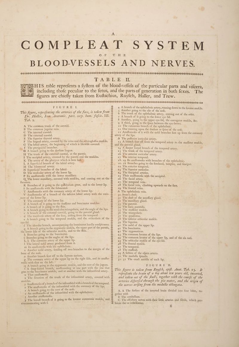 A COMPLEAT SYSTEM | O F AL 2B : Bs hs se Be sa esses a ee se De ee Se Se Gao oe eae eS oP SRO Se PH oO OP Ce PEP HR OEE TP Oe PR EADS ERs Ow ws a oR gt ow a LOSES PA 7B Los I. HIS table reprefents a fyftem of the blood-veffels of the particular parts and vifcera, including thofe peculiar to the fetus, and the parts of generation in both fexes. The figures are chiefly taken from Euftachius, Ruyfch, Haller, and Trew. | a eee ea eo ae feo ew a eae ee eo eee eae ee ae a eee ee ae ee see eee eee Do ee oe ee eee ea eee os se ae ec ae an eaten ee SR a% : j ° PLO Uo L # 4 Abranch of the ophthalmic artery, running down to the levator mutcle. * 5 Another going to the ale of the nofe. . g ‘ox e j e ° 4 1S This jigur ey repr cfen ting the Cae! of the fa et ie debee@ fi ae Rs 6 The trunk of the ophthalmic artery, coming out of the orbit. Dr. Haller, Icon. Anatomic. part. corp. hum. fafcic. I. 7 A branch of it going to the lower eye-lid. Tab. 2: ee 8 Another, going to the upper eye-lid, the corrugator mufcle, &c. ; = 9 A third, going to the {pace between the eye-brows. A The common trunk of the carotid. = 10 The cutaneous branch of the ophthalmic. B The common jugular vein. o rz One running upon the dorfum or fpine of the nofe. a eae oti e 12 ee of it with the nafal branches fent up from the coronary D The external carotid. = artery of the lips. : E The fuperior thyroid ates : oa he, ji = A The pofterior auricular artery. F The lingual artery, covered by the veins and the ceratogloffus mufcle. % 12 A branch fent off from the t “ihe labial sate ‘the beginning of which is likewife covered. & and ee parotid gland. * Kemporavateely toate inglitten uae - oe pee te an © 14 Ae carer: of the temporal artery. ranch going to the dorfum lingue. TS e trunk of the temporal artery. i ine er ot the external carotid, at the parotis. © 16 The anterior RR IRs : I The occipital artery, covered by the parotis and the mutcles, oS 17 The interior temporal. K The artery of the pharynx which is here hid. = fi < 58s Topas anaftomofes with branches of the ophthalmic. L A fuperficial branch of the labial artery. Sw 20. 21 Branches going to the forehead, temples, and finciput. M The fubmental artery. ‘ “22 The exterior temporal. Se N Superficial branches of the labial. O The mufcular artery of the lower lip. P Its anaftomofis with the lower maxillary. 25 Their anaftomofis with the occipital. Q The lower maxillary, covered with mufcles, and coming out. at the 4 26 The facial artery. & 23 The fuperior auricular. a oe s e foramen. : e 27 The temporal vein. ae oS od i oi) Sie ee a 24. The fincipital arteries. -R Branches of it going to the quidratum gene, and to the lower lip. 28 The facial vein, climbing upwards on the face. S Its anaftomofis with the fubmental. T Anaftomofes with the coronary artery of the lower lip. | V Anaftomofes of a branch of the inferior labial artery with the coro- nary of the lower lip. 31 The du& of the acceflory gland. Y The coronary of the lower lip. Ss 32 The maxillary gland. Z A branch of it going to the mafleter and buccinator mufcles. 33. The parotid. a A branch of it going to the fkin. . ee 34 The focia parotidis. b A branch going tothe mufculus triangularis, and the angle of the lips. a 35 The mafleter mufcle. c A branch of the external carotid, going to the parotid gland. = 30 The triangularis. ose eK 29 The frontal veins. A. The ophthalmic vein. 30. Steno’s duct, d The tranfverfe artery of the face, arifing from the temporal. ‘ 37 The quadratus. e A branch going to the temporal mutcle, and the orbicularis of the ® 38 The inferior orbicular mutcle. fey ts The fuperior. ne The alveolar-branch, accompanying the buccinator hardly confpicuous. % 8 The eel of the upper lip. A branch going to the zygomatic mufcle, the upper part of the parotis, 41 The buccinator. the lower fide of the orbicular mufcle, and to the fkin. 42 The zygomaticus. h Branches going to the buccinator. _ 43. The common levator of the lips. i Branch es going to the angles of the lips 4A a SMe aia a a uppes st and of the ala nafi, <, k The coronary artery or the upper 1p. 45 ihe orbicular muicle of the eye-lid. | The lateral “iat artery produced from it. be The frontal mutfcle. ‘ m Its anaftomofis with the ophthalmic. 47 The temporal. n Another nafal artery, fending off two branches to the margin of the 8 48 The maftoid. bone of the note. : = 49 A fection of the afpera arteria. ‘o Another branch fent off to the feptum narium. . os so The medulla fpinalis. p The coronary ee the upper lip on the right fide, and its anafto- & 51. 52 The exa& middle of each lip. . mofis with that on the left. 7 | q A branch going to the zygomatic mutcle, and the root of the jugum. # ft G’U R E “I. t A deep-feated branch, anaftomofing at ‘one part with the one that # : : ee goes to the ORS onic and at Woche with the infraorbital artery. 2 This jigur eis taken Si rom Ruyf¢ h, ep ift - Anat. Tab. A 3. Ltt rte c anionole! « reprefents the brain of a boy about ten years old, inverted, x The fituation of the trunk of the infraorbital artery, covered with # and taken out of the feull 5 together with the courfe of the arteries difperfed through the pia mater, and the origin of the nerves arifing from the medulla oblongata. ao AS O SIE eR eo I mutcles. os € a aftomofes of a branch of the infraorbital with a branch of the temporal. 7 The anaftomofis of the infraorbital with the coronary of the lips, 1 A branch going to the root of the nofe. . -9-An anaftomofis of the infraorbital with the ophthalmic. 3 Another anaftomofis. = . -y The loweft branch of it going to the levator communis mufcle, and communicating with f. A. A The furface of the inverted brain divided into four lobes, to- gether with | | B The cerebellum. tpt C The olfactory nerves with their little arteries and fibrils, which per- forate the os cribriforme. | als : RGR Gees B