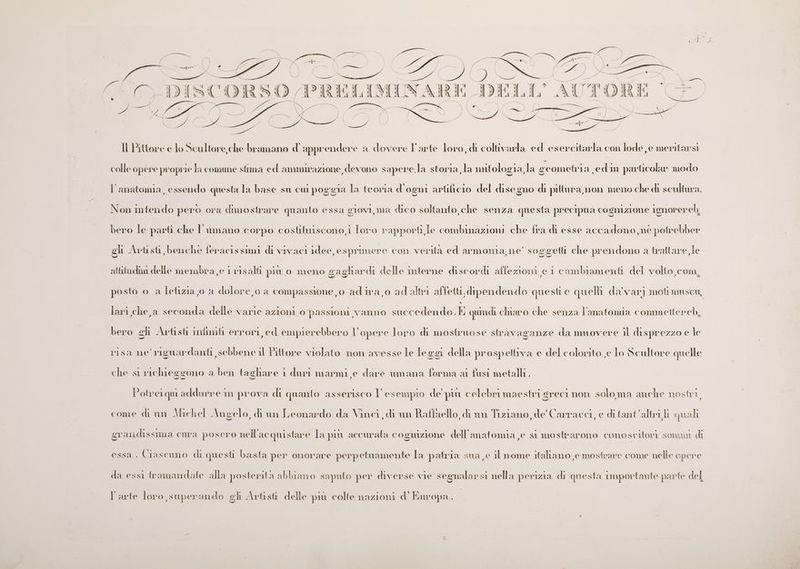 Il Pittore e lo Scultore, che bramano d'apprendere a dovere l'arte loro, di coltivarla ed esercitarla con lode, e meritarsi colle opere proprie la comune stima ed ammirazione, devono sapere la storia, la mitologia, la ge omefria edm particolar modo “l'anatomia, essendo questa la base su cui poggia la feoria d'ogni arfificio del disegno di pittura, non meno che di scultura. Non mtendo pero ora dimostrare quanto essa giovi, ma dico soltanto, che senza questa precipua cognizione 1gnorereb bero le parti che l'imano corpo costituiscono,i toro rapporti, le combinazioni che fra di esse accadono ne potrebber ghi Artisti, benche feracissimi di vivaci idee, esprimere con verifa ed armonia ne' soggetti che prendono a trattare,le aftiudii delle membra,e i risalti più 0 meno gaghiardi delle mterne discordi affezioni e 1 cambiamenti del volto, com_ posto o a letizia,o a dolore, o a compassione, o adira,o ad altri affetti, dipendendo questi e quelli da'var) motimusceu, lari che, a seconda delle varie azioni 0 passioni vanno I qundi chiaro che senza l'anatomia commettere bero gli Artisti imfimifi errori, ed empierebbero l’opere loro di mostruose stravaganze da nmovere il disprezzo e le risa ne’ riguardanti, sebbene il Piftore violato non avesse le leggi della prospettiva e del colorito je lo Scultore quelle che si richieggono a ben faghare i dari marmi e dare umana forma ai fusi metalli. Potreiqu addurre im prova di quanto asserisco l'esempio de più celebri maestri greci non soloma anche nostri, come di um Michel Angelo, di un Leonardo da Vinei, di um Raffaello, di um Tiziano, de' Carracci, e di fant'altri li quali grandissima cura posero sò quistare la più accurata cognizione dell'anatomia e si mostrarono conoscitori sommi di essa . Ciascuno di questi basfa per onorare perpetuamente la patria sua e il nome italiano je mostrare come nelle opere da essi framandafle alla posferita abbiano saputo per diverse vie segnalarsi nella perizia di questa importante parte del T arte loro superando eli Artisti delle più colte nazioni d'Europa. , SU S } sio