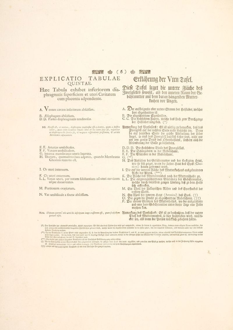 ^. QUINTAE Hec Tabula exhibet inferiorem dia- phragmatis fuperficiem et uteri Cavitatem cum placenta adpendente. - A, V enam cavam inferiorem abfciflam. B. Æfophagum abfciffum. D. D. Partes diaphragmatis tendinofas. NB. Neceſſe eft, ut notetur, diapbragma tendinofius eſſe a dextro, quam a ſiniſtro latere | quam enim maximus hepatis lobus ab boc latere fitus eff, requiritur ut diaphragma bic firmius fit, ob magnam refpirationis preffionem, & ad bilis Secretionem adjuvandam. E. E. Arterias umbilicales. F. F. Venam umbilicalem, G. Interna membranas uteris lacerata. . H. Uterum, quemadmodum adparet, quando Membrana Chorion remota ett, | I. Os uteti internum. K. Os uteri externum, | L.L, Venas uteri, per totam fubftantiam ad uteri cervicem ufque decurrentes. M, Portionem ovariorum。 N. Vas umbilicale a e abſciſſum. Nota. Ultimam partem oris uteri bic deſeriptam longe cra[fiorem efe , quam fi objettum parturi vifet, Dieſe Tafel leget die untere Flaͤche des Zwergfelles ſowohl, als den inneren Raum der Ge, babrinutter mit dem daran hängenden Mutter: kuchen vor Augen. A. Der aufſteigende oder untere Stamm der Hohlader, welcher hier abgeſchnitten iſt. B. Die abgeſchnittene Speiſeroͤhre. C. C. Die flechſichten Faſern, welche das Loch zum Durchgange der Hohlader umgeben. CH | Anmerkung des Verfaſſers: Es ift noͤthig zu bemerken, daß das Zwergfell auf der rechten Seite mehr fiechſicht fey. Denn da auf derſelben Seite die groͤſte Abtheilung der Leber lieget, ſo muß das Zwergfell daſelbſt feſter ſeyn, nicht nur um den groſen Druck des Odemhohlens, ſondern auch die Abſonderung der Galle zu befoͤrdern. D. D. D. Die flechſichten Theile des Zwergfelles. E. E. Die Schlagadern in der Nabelſchnüͤr. E, Na Blutader in der Nabelſchnur. H. Das Ausſehen der Gebaͤhrmutter und der flockigten Haut, wie ſie ſich zeiget, wenn die aͤuſere Haut des Eyes (Cho- . rion) davon getrennet wird. | I. Die auf ber inneren Flache des Mutterkuchens ausgebreiteten Aeſte der Adern. C) | K. Die Fläche des Muttermundes nach Her Mutterſcheide zu. L. L. Die entzweygeſchnittenen Blutadern der Gebaͤhrmutter, welche durch derſelben ganzen Umfang biß zu dem Halſe በስ erſtrecken. M. Ein Theil der Fallopiſchen Roͤhre und des Eyerſtockes der rechten Seite. N. Ein Theil der inneren Haut (Amnios) des Eyes. (ተን O. Die gegen die Frucht zu abgeſchnittene Nabelſchnur. (TP P. Die oberen Graͤnzen des Mutterhalſes, wo die ausgedaͤhnte vu pe Gebaͤhrmutter unter dieſer Lage eine Falte machen kan. Tuc des Verfaſſers: Es iff zu beobachten, daß der untere Theil des Muttermundes, ſo hier heſchrieben wird, viel di⸗ cker ſey, als wenn die Perſon wuͤrklich gebohren haͤtte. (© Der Verfaſſer hat abermals unterlaſſen, dieſes anzuzeigen: Es find aber diefe Faſern hier nicht gut ausgedruͤkt, indem fie keinen fo eigentlichen Ring, ſondern einen eckigten Raum vorſtellen, der von etlichen ſich verſchiedentlich kreuzenden Faſerſtrichen gebauet wird, welche wenn die abgeſchnittene Hohlader in die Hoͤhe gehet, ſich mit einwaͤrts kruͤmmen, und dadurch auſen nur eine ſanftab— allende Rundung machen. (**5 ja ber Buchſtaben ak der Platte nicht anzutreffen iff, fo kan bie Anweiſung ber beyden Buchſtaben G. und H. in eines gezogen werden, indem ohnediß des Verfaſſers verworrene Worte nichts mehr fagen wollen. Es fey denn, daß man wolte mit G. diejenige flockigte Haut andeuten, welche in der übrigen Höhle der Mutter das Chorion anheftet, und merklich zaͤrter iſt, als diejenige in der Naͤhe des Mutterkuchens, die mit H. bezeichnet wird. , CP) Bey diefen und etlichen folgenden Buchſtaben ift des Verfaßers Erklaͤhrung ganz unbrauchbar. | | (D Bo die Nabelgefaͤße in den Mutterkuchen fid) auszubreiten anfangen, da pfleget dieſe Haut fid) leicht abzuloͤſen, und zuweilen cine Blaſe zu machen, welche auch in der Zeichnung ſchoͤn angegeben iſt. Dieſe hat vermuthlich Bidioo und andere bewogen, eine Wurſthaut (Allantois) in ihren Vorſtellungen anzunehmen. : ١ (TD Dieser und der nachfolgende Buchſtabe ift von dem Verfaßer uͤbergangen worden.