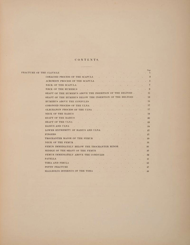CONTENTS. CORACOID PROCESS OF THE SCAPULA ACROMION PROCESS OF THE SCAPULA NECK OF THE SCAPULA NECK OF THE HUMERUS ~—. SHAFT OF THE HUMERUS BELOW THE INSERTION OF THE DELTOID HUMERUS ABOVE THE CONDYLES CORONOID PROCESS OF THE ULNA OLECRANON PROCESS OF THE ULNA NECK OF THE RADIUS SHAFT OF THE RADIUS SHAFT OF THE ULNA RADIUS AND ULNA LOWER EXTREMITY OF RADIUS AND ULNA FINGERS TROCHANTER MAJOR OF THE FEMUR NECK OF THE FEMUR FEMUR IMMEDIATELY BELOW THE TROCHANTER MINOR MIDDLE OF THE SHAFT OF THE FEMUR FEMUR IMMEDIATELY ABOVE THE CONDYLES PATELLA TIBIA AND FIBULA POTTS’ FRACTURE MALLEOLUS INTERNUS OF THE TIBIA