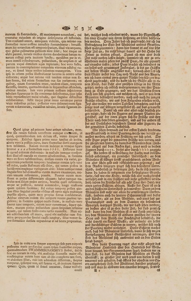 creaturae cuiusdam ab origine defcripturus eft hiftoriam. Tres confumfi annos, antequam viderim, qua ratione oua foemellae ranae noftrae terreftris foecundentur : breuiffi- mum hic notandum eft temporis fpatium, illud vix aequans, quo gallus gallinaceus gallinam inire folet ; hoc itaque ne elabi paterer, iteratis vicibus decem duodecimue harum ra- narum collegi paria inuicem iuncta; quodlibet par in vi- trum immifi cylindraceum, pellucidum, fat amplum et ad partem vsque dimidiam aqua repletum; hoc vero facto, tantum in contemplatione eorundem vitrorum adhibui cu- rae, vt femel binas noctes infomnes transegerim. Vitra ipfa in orbem pofita illuftrabantur lucerna in centro orbis collocata; atque hac ratione vidi tandem coitus non fo- lum finem, fed etiam foemellam oua fua parientem; ex quibus, quum foecundata erant, tandem etiam, temporis fucceffu, teneras, quemadmodum in fequentibus oftendam, obtinui ranulas. lam vero primam noftram infpiciemus tabulam figurasque in illa contentas defcribemus, quas ipfas binis repraefentare malui tabulis, quo fingulae diftinctius exhiberentur. Siftit itaque prior ranas earumque partes viuis coloribus pictas; pofterior vero delineationem figu- D coloratarum , cuiuslibet tabulae, litteris fignatam re- ert. Quod igitur ad primam hanc attinet tabulam, mon- ftrat illa ranam fufcam terreftrem eamque coetmtem, id quod, quemadmodum iam dictum eft, verno femper fit tempore. Exhibet figura prima ranas iunctas ab antica, altera vero a poflica parte, mare foemellae dorfo nunquam non infidente. Ranam marem indicant in vtraque figura litterae a a a a foemellam vero b b b ^. Differunt inter fe quoad colorem abdominis: in mafculo namque confper- fum illud eft maculis ex cinereo albefcentibus, in foemina vero ex flavo rufefcentibus; dorfum contra vix variat, ge- nerationis praefertim tempore: lutulentus etenim ipfis tunc eft color, qualis Bufonum effe folet, qui tamen poftea in lucidiorem magisque variegatum abit: folentnamqueranae fingulisfere hebdomadibus cutem mutare exuuiasque, mu- cum tenuem referentes, ponere. Praeter cutem mon- fculus non folum pedes anticos, brachia quafi referentes, aeque ac pofticos, natatui commodos, longe craffiores quam quidem foemina; fed coitus tempore pollex quo- que illius fingulari prorfus obfitus eft carne nigra multisque papillis afpera, quam mox propius fumus confideraturi, Ambae ceterum eodem illo tempore ventre gaudent tur- gidiore; in foemina quippe ouulis fcatet, in mafculo vero haeret tunc temporis, cutem inter carnemque, liquor qui- dam, mucum potius pellucidum quam limpidam referens aquam, qui tamen finito coitu rurfus euanefcit. Huic eti- am adícribendum eft muco, quod vbi mafculus cum foe- mina propagandae fpeciei cauffa iungitur, illius venter fü- per foemellae dorfum expandatur et ad latera propendeat. Ipfo in coitu non femper exporrigit fefe pars corporis poftrema maris profundius quam ipfüm foemellae corpus, quemadmodum SWAMMERDAMMIVS fcribit, fed fit hoc eo tantum in cafu, vbi mafculus foemella maior eft; conftringitur autem haec tum ab illo complexu tam forti, vt abdomen illius, ouis iam admodum diftentum, faepius rumpatur, ipfaeque non, nifi fumma vi, ab inuicem feparari queant: Quin, quum id femel tentarem, femur a euulfi het, welches bod) erfordert wird, wann bie gen aff fen einer Grcatur von ihrem Urfprung an follen befchries ben werden. Drey Jahre bab id) zugebracht, bis id) die Befruchtung der Ener des Weibleins unferes Grasfros [ches wahrgenommen : bann hier fommt c8 auf eine febr furze Zeit an, Die nichf langer Dauert als der Hahn die Henne zu tretten pfleget. Damit ich nun aber biefe Zeit nicht vorben laffen mögfe, fammlete id) mir zu verz fhiedenen malen 3eben bis stoolff Paar, bie alle gepaart auf einander faffen 5 jedes Paar brachte id) befonber8 in ein helles und geranmiges Zuckerglas, fo bis zur Mälffte mit hellem 9Baffer angefullet war; bernad) aber lies ich Diefe Gläfer weder bey Tag nod) Iracht aus ben Augen, wie ich Dann einmal 3tver ganzer Stádbte ben felbigen toaz chend sugebradt; und da haffe ic, bie Glafer alle in cie nem Kreis, Das Licht aber zwifchen felbige in bie Mitte gefezet; woben id) enblid) wahrgenommen, wie ihre inn rung zu Ende gegangen, unb mie bas 2WBeiblein feinen £aíd) von fich gegeben, aus welchem id), weil er oon bent Mannlein befruchtet worden, na und nach. bie jungen gröfche erhalten, wie aus Dem Folgenden erhellen wird. Sezt aber wollen wir unfere Tabellen betrachten, unb bas jenige a8 auf felbigen vorgeftellet if auf das genauefte pudsetben, Damit id) nun aber alles recht Deutlich geiz gen mögte, habe ich bie Figuren auf jm en Dlatten abe ebildef; auf ber einen zeigen fid) Die Sröfche und ihre Theile nad) Dem Leben gemiablet; unb auf der andern ift ber mit Buchftaben prin Umris aller Figuren, Ita ber gemahlten Tabelle, befindlich. Bir fehen Demnach auf ber erften Tabelle ben braun. nen Grasfrofd) in feiner Paarung, welche mie bereits gez meldet morden, allegeit im Sruhling vor fid) gehe. Die erfte Figur zeiget Die gepaarten Sröfche von vornen, und bie zwmeytevon hinten, ba Dann das Männleindem 23eib2 lein allezeit auf bem 2tuden net; jenes wird in beeden Figuren Durch aaa a, biefe8 aber Durd) b bbb amare aet, An beeben ift in2Infeung der arbe, mas den Unz ferleib anbelanget, ein ziemlicher Unterfchied : an Dent 3x ánnlein ift felbiger fanfft graulichtmeis, a bem 2Beibz lein aber fchön gelb und röfhlichtbraun M ; auf Dem Nuden hingegen zeiget fid) Eein befonderer \inters fchied, fonderlich zu derjenigen Zeit, ba fie fich paaren: bann Da haben fie insgemein eine Eotbigtaraue Grund» farbe, faft wie eine Kröte, melche fi) aber nachzehendg perliehrt, und in eine frifchere und mehr gefledtere verans bert, indem bie Srofd)e faft alle acht Tage Ihre Dauf, wie einen zarten Schleim, ablegen. 9fuffer der Haut tff aud) anben Sue ein Unterfchied subemerden: Dannanden Maännlein find nid)t nur allein Die armförmigen Border: füffe, fondern aud) die hintern Schwimmfuffe viel Dicker und flärder, als an dem Weiblein, und jenes hat zur aarungszeit aud) an Dem Daumen ein befonderes chivarzes, wargiges Sleifc), wie wir bald fehen werden; an beeden aber it zu eben Diefer Zeit, Der Leib ziemli bid: Dann bey bem Weiblein ift er mit aid) angefullety bey bem Männlein aber iff al8bann zwifchen ber innern Heut und dem Gleifd) eine Seuchtigfeit befindlich, Die nicht fomohl ein Flares Waffer, als vielmehr ein heller unb Durchfichtiger Schleim zu nennen, welcher fid) nad) Der Paarung wieder verliehret, Diefer Schleim machzt auch, bafi des Männleins Unterleib, wann fie fid) wegen e o ihres Gefchlechtes vereinigen, über Den eib des Weihleing fíd) ausbreitet und an den Seiten erab banget. | : An Siefer Paarung raget aber nicht allezeit des Männleins Hinterleib über den JDinterleib des 2Beibz leins hinaus, mie Swanmerdamm feat fondern nur in dem Sall, da das Männlein das Weiblein an Groe übertrifft; zu gleicher Zeit wird jenes von Diefem fo ef umarmet und gehalten, Daß öffters Der ohnedem von &ps ern ausgedehnte Leib, Des XBeibleing, Daruber serplaget ; und M x fie aledann von einander bringen, fo 2 &