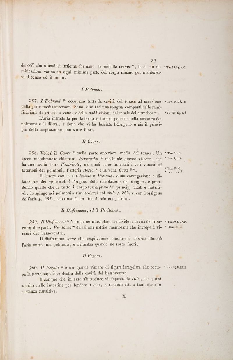 31 duncoli che unendosi insieme formano la midolla nervea * , le di cul ra- inificazioni vanno in ogni minima parte del corpo umano per mantener- vi ll senso ed il moto. I Polmoni, 257. I Polmoni * occupano tutta la cavità del torace ad eccezione della parte media anteriore. Sono simili ad una spugna composti dalle rami- ficazioni di arterie e vene, e dalle suddivisioni del canale della trachea * . L’aria introdotta per la bocca e trachea penetra nella sostanza dei polmoni e li dilata; e dopo che vi ha lasciato l’Ossigero o sia il princi- pio della respirazione, ne sorte fuori, I Cuore. 258. Vedesi il Cuore * nella parte anteriore media del torace. Un sacco membranoso chiamato Pericardio * racchiude questo viscere , che ha due cavità dette Yentricoli, nel quali sono innestati 1 vasi venosi ed arteriosi dei polmoni, Varteria Aorta * e la vena Cuva **, Il Cuore con la sua Sistole e Diastole , 0 sia corrugazione e di- latazione dei ventricoli è l'organo della circolazione del sangue , e pren- dendo quello che da tutto il corpo torna privo del princip] vitali e nutriti- vi, lo spinge nei polmonia rimescolarsi col chilo g. 265. e con l’ossigeno dell’aria sg. 257., elorimanda in fine donde era partito . Il Diaframma, ed il Peritoneo . 259. Il Diaframma * è un piano muscolare che divide la cavità del tron- co in due parti. Peritoneo * dicesi una sottile membrana che involge 1 vi- sceri del bassoventre. Il diaframma serve alla respirazione, mentre si abbassa allorchè l’aria entra nei polmoni, e s’innalza quando ne sorte fuori, Il Fegato. * Tav.36.fig.1,C. * Tav. 37.38. B. * Tav.36. fig. 2. h * ‘Pav. 370. *Tav.37. D; * Tav. 586, C. t e de e * Tav.37 E. 35.F. pa la parte superiore destra della cavità del bassoventre . Il sangue che in esso s’introduce vi deposita la Be, che poi si scarica nelle intestina per fondere 1 cibi, e renderli atti a tramutarsi in sostanza nutritiva . X