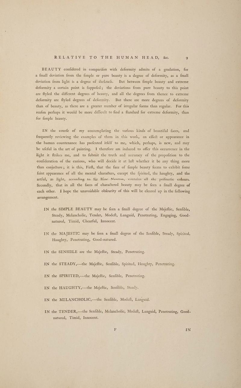 NE LAVER: TO Cl HW E CHU NX NEE EA Dyatk&ke: BEAUTY confidered in comparifon with deformity admits of a gradation, for a {mall deviation from the fimple or pure beauty is a degree of deformity, as a fmall deviation from light is a degree of darknefs. But between fimple beauty and extreme deformity a certain point is fuppofed; the deviations from pure beauty to this point are ftyled the different degrees of beauty, and all the degrees from thence to extreme deformity are ftyled degrees of deformity. But there are more degrees of deformity than of beauty, as there are a greater number of irregular forms than regular. For this reafon perhaps it would be more difficult to find a ftandard for extreme deformity, than for fimple beauty. IN the courfe of my contemplating the various kinds of beautiful faces, and frequently reviewing the examples of them in this work, an effeét or appearance in the human countenance has prefented itfelf to me, which, perhaps, is new, and may be ufeful in the art of painting. I therefore am induced to offer this occurrence in the light it ftrikes me, and to fubmit the truth and accuracy of the propofition to the confideration of the curious, who will decide it at laft whether it be any thing more than conjecture; it is this, Firft, that the face of fimple beauty feems to exhibit fome faint appearance of all the mental characters, except the fpirited, the haughty, and the artful, as light, according to Sir Dfaac Newton, evutains all the prifmatic colours. Secondly, that in all the faces of charactered beauty may be feen a {mall degree of each other. I hope the unavoidable obfcurity of this will be cleared up in the following arrangement. IN the SIMPLE BEAUTY may be feen a {mall degree of the Majeftic, Senfible, Steady, Melancholic, Tender, Modeft, Languid, Penetrating, Engaging, Good- natured, Timid, Chearful, Innocent. IN the MAJESTIC may be feen a fmall degree of the Senfible, Steady, Spirited, Haughty, Penetrating, Good-natured. IN the SENSIBLE are the Majeftic, Steady, Penetrating. IN the STEADY,---the ae Senfible, Spirited, Haughty, Penetrating. IN the SPIRITED,---the Majeftic, Senfible, Penetrating. IN the HAUGHTY,---the Majeftic, Senfible, Steady. IN the MELANCHOLIC,---the Senfible, Modeft, Languid. IN the TENDER,---the Senfible, Melancholic, Modeft, Languid, Penetrating, Good- natured, Timid, Innocent.