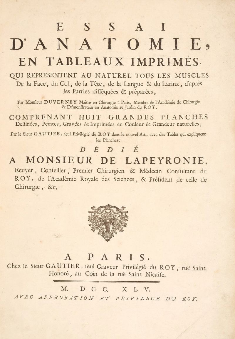 DS. A |! ANA TO F Es EN TABLEAUX IMPRIMÉS QUI REPRESENTENT AU NATUREL TOUS LES MUSCLES De la Face, du Col, de la Tête, de la Langue & du Larinx, d'après les Parties difféquées & préparées, Par Monfieur DUVERNEY Maître en Chirurgie à Paris, Membre de l'Académie de Chirurgie * & Démonftrateur en Anatomie au Jardin du ROY, COMPRENANT HUIT GRANDES PLANCHES Deflinées, Peintes, Gravées & Imprimées en Couleur & Grandeur naturelles, Par le Sieur GAUTIER, feul Privilécié du RO Y dans le nouvel Art, avec des Tables qui expliquent les Planches : Î DEÉDIE. À MONSIEUR DE LAPEYRONIE, Ecuyer, Confeiller ; Premier Chirurgien & Médecin Confultant du ROY; de l'Académie Royale des Sciences, & Préfident de celle de Chirursgie , MP 'A R FES; Chez le Sieur GA UTIER, feul Graveur Privilégié du ROY, ruë Saint Honoré , au Coin de la TUË Saint Nicaife, D 6 CC % Y.