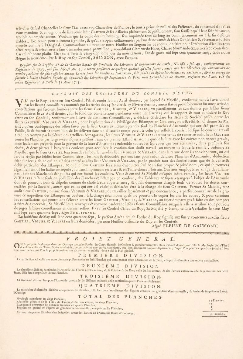 er$s-cher & féal Chancelier le fieur Dacuesseau, Chancelier de France ; le tout à peine de nullité des Préfentes, du contenu defquelles vous mandons & enjoignons de faire jouir ledit GA UTIER & fes Aflocies pleinement & paifiblement , fans fouffrir qu'il leur foit fait aucun Voulons que la copie des Préfentes qui fera imprimée tout au long au commencement ou à la fin defdites Tables , foi tenue pour duëment fignifiée , & qu'aux copies collationnées par l'un de nos amés & féaux Confeillers & Sécretaires foi foit ajoutée comme à lOriginal. Commandons au premier notre Huiflier ou Sergent fur ce requis , de faire pour l'éxécution d’icelles tous actes requis & nécellaires 9 fans demander autre permiffion , nonobftant Clameur de Haro, Charte Normande & Lettres à ce contraires. Car tel eft notre plaifir. Dowxe’ à Paris le vingt-fepriéme jour du mois d'Août , l'an de grace mil fept cens quarante-cinq , & de notre Régne le trentiéme. Par le Roy en fon Confeil, SAËNSON , avec Paraphe. | Regifiré fur le Regiffre XI. de la Chambre Royale © Syrdicale des Libraires € Imprimeurs de Paris, N° 461; fol. 49 ; conformément au Réglement de 1723 , qui fait défenfè Art. 4, à toutes perlonnes de quelque qualite qu elles foient , autre que les Libraires @r Imprimenrs de «vendre, debiter @r faire afficher aucuns Livres pour les vendre en leurs noms, foit qu'ils sen difent les Auteurs ow autrement, Ca la charge de fournir à ladite Chambre Royale @- Syndicale des Libraires © Imprimeurs de Paris buit Exemplaires de chacun, prefcrits par l'Art. 108 du même Réglement. À Paris le ‘31 Août 1745. trouble ou empêchement. ÉCSTLR A JT à LDRES : REG ds T0 ba. Do 2 COINSE TT, DEF ; U par le Roy, étant en fon Confeil, l’Arrèt rendu le huit Avril dernier, par lequel Sa Majefté , conformément à l'avis donné V par les fieurs Commiflaires nommés par les Arrêts des 14 Janvier & 15 Février dernier, auroit ftatué proviloirement fur une partie des conteftations qui feroient formées entre les fieurs Gaurier , Viquier, & VIiLLaRs; vu pareillement les avis donnés par lefdirs fieurs Commiflaires le 21 Avril dernier , fur le fond des conteftations pendantes entre les Parties ; oui le rapport & tour confidéré le Roy étant en fon Confeil , conformément à l'avis defdits fieurs Commiffaires , a déclaré & déclare les Actes de Sociéré pallés entre les fieurs Gaurier , Vicuier & ViLLars , pour l'exploitation du Privilége des Eflampes en Couleurs , nuls & réfiliés. Ordonne Sa Ma- jefté, qu'en conféquence des offres faites par le fieur GauTiER , d'entreprendre feul les Planches d'Anatomie qui ont été promiles au Public , & de fournir fa foumiflion de les délivrer dans un efpace de temps pareil à celui qui reftoit à courir , lorfque le cours du travail a été interrompu par la clôture des attelliers & magazins, les fieurs Vicuier & ViLLars feront tenus de remettre audit fieur GAUTIER toutes les Planches par lui gravées jufques à préfent , tant du premier Effai d’Anatomie que de la fuite avec les cuivres non encore gravés, mais feulement préparés pour la gravure de la fuite d'Anatomie ; enfemble toutes les Epreuves qui ont été tirées, deux prefles à fon choix, & deux pierres à broyer les couleurs pour accelérer la continuation dudit travail, au moyen de laquelle remife , ordonne Sa Majefté, que le fieur GauriER fera tenu de rembourfer auxdits fieurs Vicurer & ViLLars, dans le terme dont ils conviendront, ou qui feront réglés par lefdits fieurs Commifaires , les frais & débourfés par eux faits pour raifon defdites Planches d'Anatomie , déduction faite fur iceux de ce qui en eft déja rentré auxdits fieur Vicuier & ViLLaRs, par le produit tant des Soufcriptions que de la vente & débit particulier des Éftampes , & que le fieur Gautier fera tenu d’acquitter feul & en fon propre & privé nom, ce qui fe trouvera légitimement dû fur ladite entreprife , foit aux Imprimeurs en lettre & en Taille-douce , foit aux Ouvriers employés au tirage des Eftam- pes , foit aux Marchands droguiltes qui ont fourni les couleurs. Veut & entend Sa Majefté qu'après ladite remile , es fieurs VIGuIER & VicLars reftent feuls en pofleffion des Planches & Eflampes en couleur, des Tableaux & fujets etrangers à l’objet de l'Anatomie dont ils pourront jouir & difpofer comme de chofe à eux appartenante, & qu'ils demeurent chargés feuls de toutes les dettes con- tractées par la Société , autres que celles qui ont été ci-deflus déclarées être à la charge du fieur GaurTrer. Permet Sa Majefté, tane audit fieur GAUTIER , qu'aux fieurs Viçurer & ViiLars, de travailler féparément & par concurrence , à perfectionner l’art de la gra- vure & imprefhion des Eftampes en couleur , à la charge néanmoins qu'ils ne pourront fe copier les uns les autres , & pour terminer les conteflations qui pourroient s'élever entre les fieurs GauTier , ViGuier , & ViLLARS, au fujet des partages à faire ou des comptes à faire & à recevoir , Sa Majefté les a renvoyés & renvoye pardevant lefdits fieurs Commiflaires auxquels elle a attribué tout pouvoir de juger lefdites conteftations en dernier reflort. F41T au Confeil d'Etat du Roy, Sa Majefté y étant, tenu à Verfailles le trois May mil fept cent quarante-fept, Signé PHELYPEAUX. HT LE Le huitiéme de May mil fept cent quarante-fept , le préfent Arrêt a été de l’ordre du Roy fignifié aux fins y contenues auxdits fieurs GauTiEr, ViGuier & ViLLars en leurs domiciles , par nous Huiïflier ordinaire du Roy en fes Confeils. Sigré FLEURY DE GAUMONT. PRE 9: à LE IE NE AR AL O N fe propole de donner dans cet Ouvrage toutes les Parties du Corps Humain de Couleur & grandeur naturelle, On a d’abord donné pour Effai Ia Myologie de la Tête; & enfuite celle du Tronc & des extrémités, ce qui a formé une œuvre complette , que l’on diftribuera toujours féparément , &que l’on pourra cependant joindre fi l'on veut avec celles que l'on fe propofe maintenant de donner au public, dont voici le Plan général, PE MER EE DIVISTO NN Cette divifion eft celle que nous donnons préfentement en huit Planches qui contiennent toute FAnatomie de la Tête , Chaque divifion fera une œuvre particuliére, DE U XPFÈËME : DU VTISTION. ./ Ste e ’ ° - ; NN $ A a : La deuxtéme divifion contiendra l’Anatomie du Thorax ; c'eft-à-dire, de la Poitrine & du Dos; celle du Bas-ventre , & des Parties extérieures de Ia génération des deux fexes. Elle fera comprife en douze Planches. LOPONTS EME DIVISION. e A e Q e , e r e 0 La troifiéme divifion fera pour J'Anatomie comparée de différens animaux ; elle contiendra quatre Planches feulement. OT CR RME DENTS TON e y y Le à La quatriéme & derniére divifion comprendra fix Planches, elle fera pour repréfenter des Figures entiéres de grandeur demi-naturelle , & fervira de fupplément à tout FOuvrage. T O T A | Myologie complette en vingt Planches, Po at SEE ANCHES. 20 Planches. Anatomie générale de Ia Tête, du Thorax & du Bas-Ventre, en vingt Planches, ml L'Anatomie comparée de différens animaux en quatre Planches, Fa x Supplément général en Figures de grandeur demi-naturelle , compris en fix Planches; j z : . : F k x MERE RE ROSES LUE En tout cinquante Planches dans Iefquelles toutes les Parties de l’Anatomie feront démontrées ; so Planches. |
