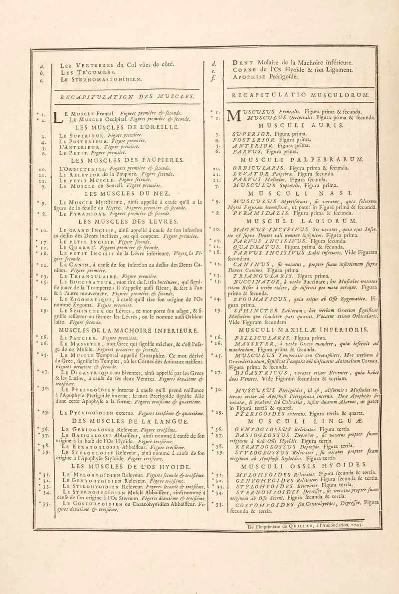 / Les TE’GUMENS. LE STERNOMASTOHIDIEN: RECAPITULATION DES MUSCLES. Y E Muscze Frontal. Figures premiére © feconde. Le Musczee Occipital. Figures premiere € feconde. L'ÉS MUSCLES DE LEO KETEME. LE SUPERIEUR. Figure première. BE POSTERIEUR. Figure premiere, L'ANTERIEUR. Figure premicre, LE PETiT. Figure premiere. LES MUSCLES DES PAUPTERES. L'ORBICULAIRE. Æécures premiére €? feconde. Le RELEvEuR de la Paupiére. Figure feconde. Le PerTiT MuscLe. Figure feconde. Le Muscze du Sourcil. Figure premiére. LES MUSCEES: D'U'NEZ. Le Muscze Myrtiforme, ainfi appellé à caufe qu'il à la figure de la feuille du Myrte. Figures premiére € feconde. LE PYRAMIDAL, Figures premiere G feconde. LES MUSSERS DES EEV RES: LE-cRAND Incisir, ainfi appellé à caufe de fon infertion au deffus des Dents incifives, ou qui coupent. Figure premiére. LE PETIT INcCisrr. Figure [econde. LE QUARRE. Fieures premiére € féconde. LE PETIT INcisir de la Lévre inférieure. 7’oyex la Fi- LE CANIN, à caufe de fon infertion au deflus des Dents Ca- nines. Figure premiére. LE TRIANGULAIRE. Figure premiére. LE BUCCINATEUR, mot tiré du Latin bwccinare, qui figni- fie jouer de la Trompette ; il s'appelle aufli Rieur, & fert à l’un & à l’autre mouvement. Figures premiére €> feconde. LE ZIGOMATIQUE, à caufe qu’il tire fon origine de l'Os nommé Zygoma. Figure premiere. onifie reflerrer ou fermer les Lévres ; on le nommé auffi Orbicu- laire. Figure feconde. | MUSCLES DE LA MACHOIRE INFERIEURE. LE PAUCIER. Figure premicre. LE MaAssETER, mot Grec qui fignifie mâcher, & c’eft l'ufa- ge de ce Mufcle. Figures premiére € feconde. LE Muscre Temporal appellé Crotaphite. Ce mot dérivé Figures premiére € feconde. & les Latins, à caufe de fes deux Ventres. Figures deuxième & troifreme. LE PTERIGOÏDIEN interne à caufe qu'il prend naiffance à PApophyfe Prerigoïde interne : le mot Pterigoïde fignifie Aîle dont cette Apophyfe à la forme. Figures troihiéme @ quatriéme. LE PTERIGOÏDIEN externe. Figures troiflème € quatrième. DES MUSCLES DE LA LANGUE. LE GENrocLosse Releveur. Figure troifiéme. LE Basrocrosss Abbaïifleur, ainfi nommé à caufe de fon origine à la bafe de l'Os Hyoïde. Figure troifiéme. Le KERATOGLOSSE Abbaifleur. Figure troifiéme. LE SryzocLrosse Releveur, ainfi nommé à caufe de fon LES MUSCLES DE L'OS HYOIDE. LE Myronxoïpren Releveur. Figures feconde € troifieme. LE GENyYonyoïpien Releveur. Figure troifième. LE STERNonyoïDoi1Een Mufcle Abbaïfleur, ainfinommé à caufe de fon origine à l'Os Sternum. Figures deuxieme € troiliéme. LE °C OSTOHYOÏDIEN où Coracohyoïdien Abbaïfleur. F5- qures deuxième € éroifième. | f ia À + re (ee) DenT Molaire de la Machoire inférieure. CorNE de l’Os Hyoïde & fon Ligamenrt. ArOPHISE Ptérigoide, R ÉCAPI TU LA TIOMUSCULORTIE Œ USCULUS Frontalis. Figura prima & fecunda. MUSCULUS Occipitalis. Figura prima & fecunda.| M:US'C VE T: L'URSS SUPERIOR. Figura prima. POSTE RIOR. Figura prima. ANTERIOR. Figura prima. PARVUS. Figura prima. M US CU L:1..P ALP EBOR A ARIU/M ORBICULARIS. Figura prima & fecunda. LEVATOR Palpebre. Figura fecunda. PARVUS Mufculus. Figura fecunda. MUSCULUS Supercilii. Figura prima, MU. S CURE: 1 NAS SE 1 MUSCULUS Myrtiformis , fic vocatus, quia foliorumk . PYRAMIDALZLIS. Figura prima & fecunda. MU S'CU LT LA B'T'OREUMT MAGNUS INCISIVUS. Sic vocatus, quia ejus Inf{er-\} tio ef fupra Dentes tali nomine infignitos. Figura prima. PARVUS INCISIVUS. Figura fecunda. QVADRAT US. Figura prima & fecunda. PARVUS INCISIVUS Labii inferioris. Vide Figuram}} fecundam. CANINUS, fic vocatus, propter [uam infertionem f[upral Dentes Cañinos. Figura prima. TRIANGUZLARIS. Figura prima. BUCCINATOR, à verbo Buccinare; hic Mufculus vocatur etiam Rifor à verbo ridere, @* infervir pro motu utroque. Figura _ ROLE SUR à ZYGOMATICUS , quia oritur ab Offe Zygomatico. Fi-k oura prima. SPHINCTER Labiorum ; hoc verbum Grecum fignificat Mufculum quo clauditur pars quevis. Vocatur etiam Orbicularis. MUSCULI MAXILLÆAMINFERTORES. PELLICULARIS. Figura prima. MASSETER, à verbo Greco mandere, quia infervit ad } } MUSCULUS Temporalis ceu Crotaphites. Hoc verbum à Græcoderivatum, fixnificat T'empora ubi nafcuntur Animalium Cornua. DIGASTRICUS , vocatur etiam Biventer , quia habct | MUSCULUS Prerigoïdes, id ef, aliformis; Mufculus in-|\} ——— in Figurâ tertià & quart. PTERIGOIDES externus. Figura tertia & quarta. M US CU: L: La LION, Gr GENYOGLOSSUS Relevator. Figura tertia. BAS1IOGLOSSUS Deprellor , fic vocatus propier feam KERATOGLOSSUS Deprefler. Figura tertia. STYLOGLOSSUS Relevator , fic vocatus prepier faam originem ab Apophyfs Styloïdea. Figura tertia. MUSCULI. OSS4HS HY OIDES. MYZOHYOIDES Relevator. Figura fecunda & tertia. GENYOHYOIDES Relevator. Figura fecunda & tertia. STYLOHYOIDES Relevator. Figura tertia. STERNOHYOIDES Depreffor, fic vocatus propter faam originem ab Ole Sterni. Figura fecunda & tercia. 2 COSTOHYOIDES feu Coracohyoïdes, Depreffor. Per fecunda & tertia. | RS ne mnt timtt _ re KZ “ar res E = 1 De l'imprimerie de QUILLAU, à l’'Annonciation, 1745: | | NÉE PE DR Re, PR A