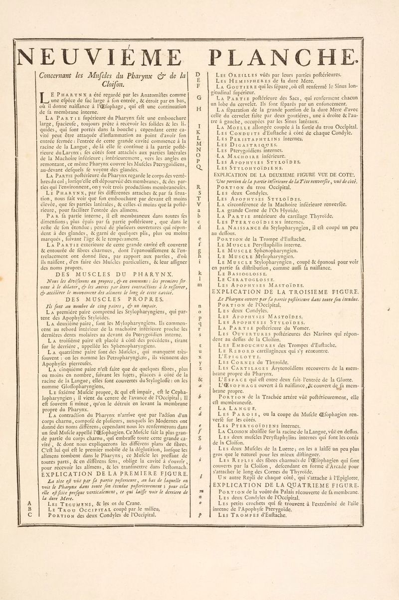 Ow> Clor[on. k:- E PHARYNXx a été regardé par les Anatomiftes comme une efpéce dé fac large à fon entrée, &amp; étroit par en bas, où il donne naïflance à l'Œfophage, qui eft une continuation de fa membrane interne. LA PART:E fupérieure du Pharynx fait une embouchure large, fpacieufe, toujours prête à recevoir les folides &amp; les li- quides, qui font portés dans la bouche; cependant cette ca- vité peut être attaquée d'inflammation au point d'avoir fon entrée fermée : l'entrée de cette grande cavité commence à la racine de la Langue , de-là elle fe continue à la partie pofté- rieure du Larynx; fes côtés font attachés aux parties latérales de la Machoire inférieure ; intérieurement, vers les angles en remontant, ce même Pharynx couvre les Mufcles Prerygoïdiens, LA PARTIE poftérieure du Pharynx regarde le corps des verté- bres du col ; lorfqu’elle eft dépourvuë des membranes, &amp; des par- ties qui l’environnent, on y voit trois produétions membraneufes. LE PHARYNx, par {es différentes attaches &amp; par fa fitua- tion, nous fait voir que fon embouchure par devant eft moins clevée, que fes parties latérales, &amp; celles-ci moins que la pofté- rieure, pour faciliter l’entrée des alimens. PAR fa partie interne, il eft membraneux dans toutes fes dimenfions ; plus épais par fa partie poftérieure | que dans le refte de fon étendue; percé de plufeurs ouvertures qui répon- dent à des glandes, &amp; garni de quelques plis, plus ou moins marqués , fuivant l’âge &amp; le tempérament. LA PARTIE extérieure de cette grande cavité eft couverte &amp; entourée de fibres charnues, dont l’épanouiflement &amp; l’en- trelacement ont donné lieu, par rapport aux parties, d’où ils naiflent , d’en faire des Mufcles particuliers, &amp; leur afligner des noms propres, DES MUSCEES: DU PHRRYNX. Nous les diviferons en propres, &amp; en communs : les premiers [er. vent à le dilater, € les autres par leurs contraflions à le refferrer, @ accélerer le mouvement des alimens le long de cette cavite. D'ES* EMAUSCEES- PROPRES: Ils font au nombre de cinq paires, C* un impair. LA premiére paire comprend les Stylopharyngiens, qui par- L A deuxiéme paire, font les Mylopharyngiens. Ils commen- cent au rebord intérieur de la machoire intérieure proche les derniéres dents molaires au devant du Pterygoïdien interne. LA troifiéme paire eft placée à côté des précédens, tirant fur le derrière , appellée les Sphenopharyngiens. LA quatriéme paire fonc des Mufcles, qui manquent très- fouvent : on les nomme les Petropharyngiens, ils viennent des Apophyfes pierreufes. It LA cinquiéme paire n’eft faite que de quelques fibres, plus ou moins en nombre, fuivant les fujers, placees à côté de la racine de la Langue, elles font couvertes du Stylogloffe : on les nomme Gloflopharyngiens. LE fixiéme Mufcle propre, &amp; qui eft impair, eft le Cepha- lopharyngien ; il vient du centre de l'avance de l’Occipital ; Il eft fouvent fi mince, qu’on le détruit en levant la membrane propre du Pharynx. | LA contraction du Pharynx n'arrive que par lation d'un corps charnu, compofé de plufieurs, auxquels les Modernes ont donné des noms différens; cependant nous les renfermerons dans un feul Mufcle appellé l'Œfophagien. Ce Mufcle fait la plus gran- de partie du corps charnu, qui embrafle toute cette grande ca- vité, &amp; dont nous expliquerons les différens plans de fibres. C’eft lui qui eft le premier mobile de la déglutition, lorfque les alimens tombent dans le Pharynx,; ce Mufcle les preffant de toutes parts, &amp; en différens fens, oblige la cavité à s'ouvrir, pour recevoir les alimens, &amp; les tranfmettre dans leffomach. EXPLICATION DE LA PREMIÈRE FIGURE. La tète ef} vhë par fa partie pofierieure, au bas de laquelle on elle ef [cite prefque verticalement, ce qui laille voir le derriere de la dure Mere. Les TEcuMENs, &amp; les os du Crane. Le Trou Occtrr1iTAL coupé parle milieu, PorTron des deux Condyles de POccipital. A Er -Q. eu PROZ2EnrR enr <a me D 09 rh © n MOT © 5 sx ESS SE NE: Need KE TG D Ha S S 3 Les OREILLES vüës par leurs parties poftérieures. Les HEMISPHERES de da dure Mere. LA GouTiERE qui les fépare ,où eft renfermé le Sinus lon- |} gitudinal fupérieur. | La PART:E poftérieure des Sacs, qui renferment chacun un lobe du cervelet. Ils font féparés par un enfoncement. L A féparation de la grande portion de la dure Mere d'avec |} celle du cervelet faite par deux goutiéres, une à droite &amp; lau- |f tre à gauche, occupées par les Sinus latéraux. | LA More allongée coupée à la fortie du trou Occipital. Les ConpuiTs d'Euftache à côté de chaque Condyle. LES PERISTAPHYLINS internes, | LES DIGASTRIQUES. LES Pterysoïdiens internes. La MachoiïkReE inférieure. LES AroPpHysESs STYLOÎDES, LES STYLOHYOÏDIENS. EXPLICATION DE LA DEUXIEME FIGURE VUE DE COTE. Une portion de la partie inférieure de la T'éte renverfée, vuë de côte. PORTION du trou Occipital. Les deux Condyles. | LES APOPHYSES STYLOIÏDES. LA circonférence de la Machoire inférieure renverfée. LA grande Corne de lOs Hyoïde. LA PARTIE antérieure du cartilage Thyroïde. LES PTERYGOÏDIENS internes. La Naissance du Stylopharyngien, il eft coupé un peu au deffous. POoRTION de la Trompe d’Euftache. LE Musczre Peryftaphilin interne. LE MuscLe Sphenopharyngien. LE Muscre Mylopharyngien. LE Musczre Stylopharyngien, coupé &amp; ÉRSaeu pour voir en partie fa diftribution, comme aufli fa naïflance. LE BASI1OGLOSSE, LE CERATOGLOSSE. Les APOPHYSEs MASTOÏDES. EXPLICATION DE LA TROISIEME FIGURE. Le Pharynx ouvert par [a partic pofférieure dans toute [on étendue. PorRTIoN de POccipital. LEs deux Condyles. Les Aropxyses MASTOÏDES. LES NrORHYSES STYLOIDES. LA PARTIE poitérieure du Vomer. LEs OuvEerTURES poftérieures des Narines qui répon- dent au deflus de la Cloifon. Les EmBoucHuRrEs des Trompes d’Euftache, LE REBORD cartilagineux qui s’y rencontre. ÉPrEc Lo TTE; LEs CoRNESs du Thyroïde. Les CARTILAGES Arytenoïdiens recouverts de la mem- brane propre du Pharynx. L'EsPACE qui eft entre deux fait- l'entrée de la Glotte. L'ŒsorHAGE ouvert à fa naïflance, &amp; couvert de fa mem- | brane propre. % | PorTion de la Trachée artére vûë poftérieurement, elle eft membraneufe. LA LANGUE, LEs Paroïs, ou la coupe du Mufcle Œfophagien ren- Les PTERYGOÏDIENS internes. La CLoison abaïflée fur la racine de la Langue, vâë en deflus. LEs deux mufcles Peryftaphylins internes qui font les cotés de la Cloifon. LEs deux Mufcles de la Luette; on les a laïflé ün peu plus gros que le naturel pour les mieux diftinguer. Les RepPris des fibres charnuës de PŒfophagien qui font couverts par la Cloifon, defcendant en forme d'Arcade pour s'attacher le long des Cornes du Thyroïde. UN autre Repli de chaque côté, qui s'attache à l’Epiglotte, |} PorTion de la voûte du Palais récouverte de fa membrane. || Les deux Condyles de POccipital. LEs petits crochets qui {€ trouvent à l'extrémité de l’aîle intetnc de l’Apophyfe Pterygoïde, Les TRoMPESs d'Euftache.