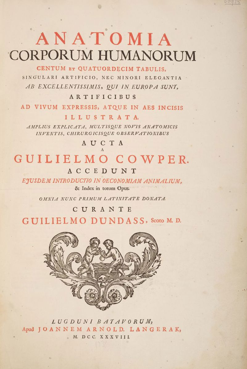ANATOMIA CORPORUM HUMANORUM CENTUM zr QUATUORDECIM TABULIS, SINGULARI ARTIFICIO, NEC MINORI ELEGANTIA AB EXCELLENTISSIMIS, QUI IN EUROPA SUNT, ARTIFICIBUS AD VIVUM EXPRESSIS, ATQUE IN AES INCISIS ]ILELUSTIRSA E A AMPLIUS EXPLICATA, MULTISQUE NOFIS 4NATOMICIS INFENTIS, CHIRURGICISQUE OBSEREF ATIONIBUS A CU-Cc TA C GUILIELMO COWPER. A-C COE D.U NE EJUSDEM INTRODUCTIO IN OECONO MIAM ANIMALIUM, &amp;c Index in totum Opus. OMNI. 4 NUNC PRIMUM LAÁATINITATE DONATA. CURANTE GUILIELMO DUNDASS. Soto M. D.
