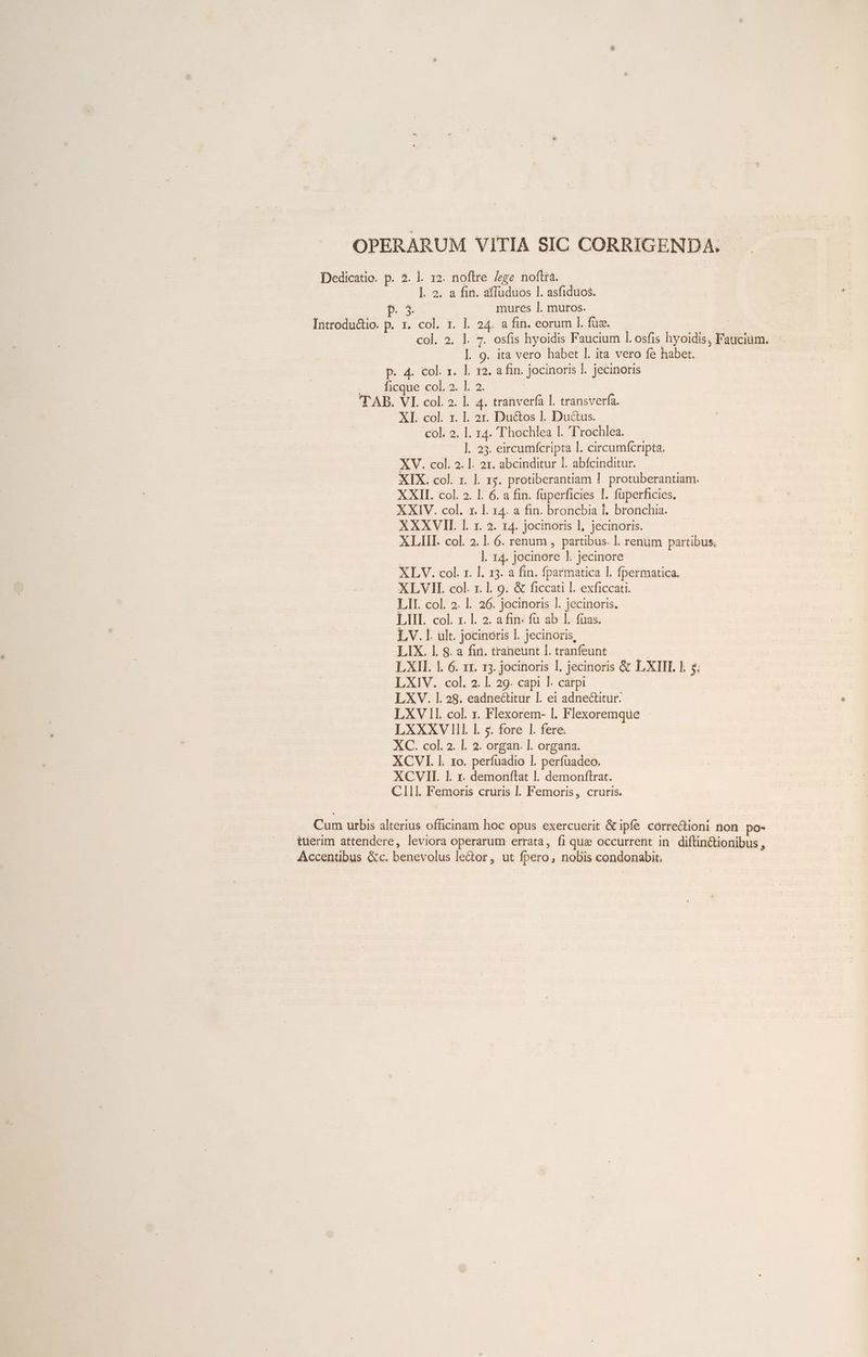 OPERARUM VITIA SIC CORRIGENDA. Dedicatio. p. 2. l. 12. noftre /ege noftra. ]. 2. a fin. affuduos l1. asfiduos. db ues mures 1]. muros. biiroducio. p. 1. cot. f. Ll. 24 a fin. eorum I. füz. | col. 2. l. 7. osfis hyoidis Faucium l.osfis hyoidis, Fauciüm. - l. 9. ita vero habet 1. ita vero fe habet. P. 4. col. x. |. 12. a fin. jocinoris l. jecinoris 2 dicque cola. I, 3. 'T AB. VI. col. 2. l. 4. tranveríà l. transverfa. XI. col. 1. l. 2r. Ductos l. Du&amp;us. col. 2. 1. 14. 'Thochlea 1. Trochlea. ]. 23. eircumfcripta 1. circumfcripta. XV. col. 2. l. 21. abcinditur 1. abícinditur. XIX. col. r. l. 15. protiberantiam 1l. protüberantiam. XXII. col. 2. l. 6. a fin. füperficies 1. füperficies. XXIV. col. 1. l. 14. a fin. broncbia 1, bronchia. XXXVII l. x. 2. 14. jocinoris l, jecinoris. XLIII. col. 2.1. 6. renum , partibus. l. reniim partibus. | |. 14. jocinore Ll. jecinore XLV. col. r. l. 13. a fin. fparmatica 1l. fperraatica. XLVII. col. r.l. 9. &amp; ficcati l. exficcati. LII. col. 2. |. 26. jocinoris 1l. jecinoris. LIII. col. x. l. 2. afin. fu ab 1. fuas. LV. l. ult. jocinoris l. jecinoris, LIX. l. 8. a fii. traneunt l. tranfeunt | LXII. 1. 6. x1. 15. jocinoris 1. jecinoris &amp; LXIIT 1 s; LXIV. col. 2.1. 29. capi l. carpi LXV. l. 28. eadnectitur l. ei adnectitur. LXV 1l. col. r. Flexorem- l. Flexoremque LXXXV lIE L s. fore 1. fere XC. col. 2. l. 2. organ. l. organa. XCVI. l. 1o. perfuadio l. perfüadeo. XCVII. l. r. demonftat l. demonftrat. Cl1ll. Femoris cruris l. Femoris, cruris. Cum urbis alterius officinam hoc opus exercuerit &amp; ipfe correctioni non po- tuerim attendere, leviora operarum errata, fi que occurrent in. diftin&amp;tionibus , Accentibus &amp;c. benevolus le&amp;or, ut fpero, nobis condonabit.