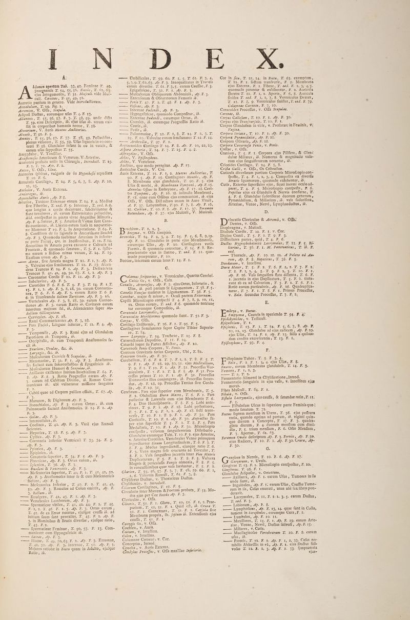 Á: bdomen apertum Tab. 53, 4c. Feminae T. 40, praegnantis 7. 54, 55, 56. Jostás, d. 62, G9. ejus Integumenta, 7: 31. Mxfculi. vide Mui- culi. Cavitas, 1* 41, 49, 52- Accretio partium in genere. Vide Introduéctiomem. Acetabulum, T. 99. Fig. 2. Acromion , V. Offa, Scapula. Adipofi Du&amp;us, eorumque ufus T. 4. F. 13. Allantois, T- $5, 56, ST. F. 7. 3- 58, so. unde di&amp;a T. S9. ejus Defcriptio, i5, ejus ufus ;b. utrum exi- flit in corporibus humanis necne, T. 58. Alvearium , V. Auris Meatus AAuditerius. Alveoli , T. 92. F. 5. 4umnios, T. 55, 56, 57- F. 3T- T. 58, 59. Pellucidus, plenus vaforum , 7: 55, 59. Ufus liquorisin eo con- tenti 7: 58. Glandulae infunt in eo in vaccis, &amp; earum ufus fuppofitus T. 55. Amygdalae, V. Tonfillae. Aaa[flomofis Avteriarum &amp; Venarum. V. Artetiae, Anatomia probata utilis in Chirurgia , Imzrodact. T. 15. F9. T. 78. AD: ELS. Anton, V. Offa, Una. Animales fpiritus, vulgaris de iis Hypotbe[fis repudiata JULIO E:65 Annularis Cartilago, T. 24. F. 5, 6, 7, 8. 4p. F. 20, 92. QU, Antbelix , V. Auris Externa. Antitragus, ib. Aquaeduttus Auris , Ap. F.8. Arteriae, Tunicae Externae eàrum 7. 24. F. 4. Mediae five Fibrofae, T. ead. F. s. Internae , . ead. F. 6. quo longius a corde decurrunt, fubdividuntur &amp; fiunt tenuiores , ;b. earum Extremitates pellucidae, ibid. confpe&amp;ae in pinna vivae Anguillae Minoris, 4p. F. 4. S0leae, F. s. Arteriae &amp; Venae funt Cana- lis continuus , zb. Ligatío earum fuafa in amputatio- pne Mammae T 19. F. 5, In Amputatione. T. 64. F. $. Confiliam de iis ligandis in Ancuri(mate Drachii .Ap. F. 3. Quomodo tuebimur Arteriam in inferio- re parte Faciei, cv. in Incifionibus, T: 12. F. 14. Ancuriíma in Arteria parva exeunte e Calvaria ad Frontem, &amp; quomodo fanatum , T. 5. F. 1. fyfte- ma earum a Bidloo minus verum, Z7. 24. F. I5. Exacam unum 244p. F. 3. — 4orta, five Arteria magna T. 22. F. 1, 7. 4p. F. 4. Valvulae ejus femilunares. T: 22. F. 13. Aícen- dens Truncus T. 24. F. 1. .4p. F. 3. Deícendens '6Góruncus T. 4T. 42, 49, 50, 63. F. 1, 2. 4p. F. 3 e Coronariae Cordis T: 92. F. II. 4p. F. 3. 2 Suübclaviae, dp. F.:3. a2 (Darotdes T. 6» 1.26. d. 0. E. 9. T. I4. B. Y. 4. IS. F. 1, 2. «dp. F. 3, 8, 28, 3o. earum Contortio- nes, T. 6. F. 6. «£p. F. 3. earum Ratio T. 6. F. 6. in Tranfeundo Sellam Turcicam. Ap. F. 3. 26. — Vertebrales 4p. F. 3, 8, 28, 3e. earum .Contor- tiones 44». F. 3. earum Ratio :». Cavitates earum interdum majores ibi, ib. Aícendentes fuper Me- dullam Oblongatam. — — Qervicales. 4p. F. 28. .——— Rami Communicantes 445. F. 3, 28. —— Pars Faciei, Linguae inferior, T. 12. F. 4. 4f. E. 9: —— 'Jemporalis, 4p. F. 3. Rami ejus ad Glandulam Parotidem ;5. Tempora, ;£. ——— Occipitalis, ;. cum Temporali Anaftomofes fa- cit ;9. ——— Fautium, Uvulae, &amp;c. ib. ——— Laryagis, &amp;c. ib. — —^ Mufculorum Cervicis &amp; Seapulae, ib. -—- Mammariae, T. 32. F. 1. 4p. F. 3. Anaftomo- fes faciunt cum Intercoftalibus &amp; Epigaftricis 75. ——— Mufculoraum Humeri &amp; Scapulae 15. — — Axillares exiftentes Initium Brachialium T. 64. F. 8. 4p. F. 1. 3. Ratio Progreffus earum 2p. F. earum ad Cubitum Divifio, ;5. Ramus Comn- municans i$. ubi vulneratur miffione fanguinis Eu Wu ———— QCubiti quae ad Carpum pulfum efficit, T. 67. 445. IE 25 ec T &amp; Digitorum .45. F. 3. Bronchiales, 4p. F. 3. earum Ortus, i5. cum Pulmonariis faciunt Anattomofes. T. 24. F. I. «4p. F. 3. Gulae, «4p. F. 3. Intercof(tales , ;5. ——— Coeliaca, T. 42. 4f. F. 3. Varii ejus Ramuli facientes. Hepatica, T. 38. F. 5. 4p. JR. 9. ——— QCyítica. .4p. F. 3. Coronaria Inferior Ventriculi T. 33, 34. F. S. 4p. F. 3. -——— jylorica, 4p. F. 3. —— Epiploica, :;2. -—— Corossnafüperior, T. 94. EF. $5 4» EF. 3. -——— Phrenicae, 4f. F. 3. Ortus earum, ib. —— — Splenica, T. 36. 4p. F. 3. Duodeni &amp; Pancreatis , Ap. F. 3. ———- Mefenterica fuperior, 7. 4o. F. 2. T. 4T, 42, $50. A45. F. 3. Anaftomofes inter (e &amp; cum Mefentericis Taetunts 249. FE. 5. ——— Mefenterica Inferior , T. 40. F. 2. T. 4I, 42, so. 4». F. 3. Ramulos ad Colon emiitit, 2fp. F. 3. Re(fum , 1b. —— Emulgens, 7. 42, 43. F. I. 4p. F. 3. ——— Vertebrales Lumborum, 244p. F. 3. | ———— Spermaticae viriles, T. 41, 42» 44. F. 2. T. 4$. Fep 0. T. 46. E. I- 5: 4d. PF. 5. Ortus earum , T. 42. de ea Error notatus, ejufque cauffa ;5. ad initium fuum funt perexiles. T. 45. F. 2. 4p. F. 3. in Hominibus &amp; Brutis diverfae , ejufque ratio , ZI CRI SACS ——— Spermatieae Feminae, T. 50, 53. F. 13. Com- municant cum Hypogaftricis 5. ecce Sanrae » b. ovo. —— lliacae, T: 49, 50, 63. F. 2. 44. F. 3. Externae, Jo 49i osou 5E E. e. TInterpae, d. 40: «4p. F. 3. Majores ratione in. Feet4 quam in Adulto, ejuíque Ratio , ;£. e-—— UÜmbilicales, T. $9. 60. F. rz, 5. T. 61. Y 3, 4, 5175 9. T.62,63. 4p. F. 3. Inaequalitates in 'Trurcis earum diveríae. T. 6r. F.3,5. earum Cauffae, F. 3. Epigaftricae, T. 92. F. r. 4p. F. 3. Mufculorum Obliquorum Abdominis, 445. F. 3. Extenforum &amp; Obturatorum Femoris ;£. Denis q.47. P. QR uA. AB. X up o9; Veficae, 2p. F. 9. Internae Pudendi, 4p. F. 9. Hypogaftricae, quomodo Compofitae , 75. Externae Pusendi , earumque Ortus, ;5. ——— Crurales, i$. earumque Progreffüs Ratio zj. — —- Cuiuris , ;5., — —- Pedis, ib. —— Pulmonariae, 7. 22. F. 1, 8. T. 24. F. 2, 5. T. 2c. F. 10. Valvulae earum femilunares T. 22. F. 14. we VATTDPOGEA s. 0. FE - PUE Arytaenoides €àrtilago T. 24. F. 8. «f^. F. 20, 22, 23. Aera Arteria , Y. 24. F. T. 1. 25. FF. 4. 9. Aftragalus , V. Offa. as, V. Egiflropheus. 4tlas, V. Vertebrae. Auditus, quo modo peragitur. 445. F. 17. Auriculae Cordis, V. Cor. Auris Externa, T. 12. F. t, 2. Meatus. Auditorius, T. 9o. F. g. A4p..F. 15. Cartilagines Meat£s, «4p. F. 8$. Membrana ejus glanduloía, T. 9o. F. S. ejus Ufus &amp; morbi, 2. Membraga Tympam , «p. F.15. Annulus Offeus in Embryone, «4p. F. 17. 18. Cavi- tas Zympani, 4p. F. 16. 18. initrutta Memorap , F. 18. quae cum Offibus ejus communicat, ib. ejus Offa, V. Ofii. Diftn&amp;am unum in Aure .Vituli, 44. F. 37. Labyrinthus, 7.90. F. 7, 8. 4f. F. 16, 18. Cochlea , T. 9o. F. 8. 4p. F. 17. 37. Foramen Rotuündum, p. F. 37. ejus Mufculi, V. Matculi. HI B. rachium ,. I, $, 3 Bregma , v. Offa Sineipitis. Bronchbia, T. 24. F. 2, 3, 4. T. 25. F. 5, 6, 8, 9,10. «4p. F. 20. Glandulae in parte ejus Membranofa, earumque Ufus, .4p. F. 20. Cartilagines variis Formis, &amp; quomodo connexae, T. 25. F. 8. Re- praefentatio ejus in ftanno, T. ead. F. i1. quo- I»odo praeparatur, F. Io. RBuccae, internum earum latus Z. I4. F. I. C. des fcriptorius , v. Ventriculus , Quartus Cerebri. Caílcis Os, v. Offa , Calx. Canalis , «rteriofus , «4p. F. 3. ejus Ortus, Infertatio , &amp; Canelis Venofus rnutatus in. Ligamentum. T..98. F..5. Cantbus, major &amp; minor, v. Oculi partem Exzerzam. Capilli Microfcopio confpezti T. 4. F. 7, 8, 9, 10, 11, 12. Ortus eorum, T: ead. F.6. quomodo nutriune tur eorumque Compofitio, zb. Caruncula Lacrymalis , ib. Carunculae Myrfiformes quomodo fiunt. T. sr.F. 3. Carpus, V. Offa. Cartilago Enfiformis, T. 26. F. 1. T. 95. F. 5. Cartilagines Semilunares fuper Capite Tibiae Superio- rey 1.294. —— Laryngis y T. 24. 'Tracheae, T. 25. F. 8. Catarractarum Depofitio, 7. II. F. 24. Catarrhi inque iis Partes Afre&amp;tae, 2p. F. 20. Cavernofa Penis Corpora, V. Penis. Centrum Gravitatis totius Corporis, Ubi , T. 82. Centrum Ovale, .4p. F. 830. Gerebellum , T. (6- E... 2. 7-45. 1,19« E. oc EO S. T. 9. F. t. 4p. F. 28, 29, 30, 31. ejus Meditullium, T. 9. F.1. T. 10. E. 1. 4p. F..91. Proceffus Ver- mieulaus.,- 4.2. X. 0. 3^ So dos. dp. Bo35- Pros ceffus primus T. IO. F. I. 44f. F. jr. ProcefTus 'T'ransverfus illos conjungens, ;5. Proce(fus fecan- dus, fp. F. 28, 29. Procefius Tertius five Corda- lis; 4p. F. 29. 91. Cerebrum , Pars ejus fuperior cum Membranis, T. 5. F. 2. Obdu&amp;um D»ra Matre, T. 6. F. r. Pars poflerior &amp; Lateralis cum ejus Membranis T. 6. F. 4. Duo Hemifphaeria, 7. 8. F. 5. Lobi ante- xiores, T. 9. F. r. «£p. F. 28. Lobi poltteriores, quK. 1. qoo-9. Fo d, 29 p. CF 28. fecti trans- veríe, J. 10. F. r. T- 9; E. X. Jp. F. so. Pars Corticalis, T. 10. F. I. 4fp. F. 30. 44nfracius fa- per ejus fuperficie T. 5. F. 2. T. 8. F. $5. Pars Medallaris, T. 10. F. 1. 4p. F. 3o. Microfcopio confpe&amp;a , vaforum fanguiferorum Diftributio , Glandulae earumque Tubi, T. 10. F. 2. ejus Arteriae, v. Artetiae Carotides. Vertebrales Venae priusquam ingrediantur S242 Longitudinalem SF 67 E. 9. T. 8: F. 4. Modus ingrediendi, ejusque ratio T. 6. F. 3. Vena magna fefe evacuans ad Toredlar; T. 9. F. 2. Vafa fanguifera jacentia inter Piae Matris Duplicaturam, T. 5. F. 2. T. 8. F. 5. Vulnera Magnis &amp; periculofis Fazgis obnoxia, T. 8. F. S. in concuffionibus quae vafa laeduntur, 7. 5. F. 2. Cherion, T. $$, 56, 51. F- 9» 7. T. 58, 59. 60. F. 1, 2, 6. Vaforum Ramuli, T. 61. 7209. Chyliferus Du&amp;us, v. Thoraelcus Da&amp;as. Chylificatio. v. Imtrodaét. | Ciliorum Cartilagines, T. 11. P. 5. E Circulatio inter Matrem. &amp; Foetum probata, 7. 54. Mo- dus ejus per Cor Feetfs «4p. F. 2. Claviculae, v. Offa. TE Clitoris, T. 51. F. 1. Glans, T. $6, 5t- F. 1, 5. Prae- putiam, T- 50, ST. F. 1. Quid eft, ib. Crura T. £i. FE. I. Contextum, T5511. P. 9. Cap[ula five Membrana propria, ib. /epturm ib. Extenfionis ejus eaudía Jq. px. E. X Coccygis Os, v. Offa. Cochlea, v. Auris. Coscum , v. Inteftina. Colon , v. Inteftina. Colamnae Carneae, v. Cor. Conceptio , Introd. Concha , v. Auris Externa. | d Condylus Proceffus , v. Offa maxillae Inferrorut. Cor in fitu, T. 21, 24. in Feetu, T. 63. exemptum, T. 22. F. 1. fe&amp;um traníverfe, F. o. Membrana ejus Externa, F. 1. Fibrae, d. ead. F.. 2, 3; 4j 5. quomodo parantur &amp; exhibentur, F. 2. Auricula Dextra T. 22. F. 1, 9. Apesta, €..6, 8. Auricula finiftra T. ead. F. 1, 2, 7, 8. Ventricaulus Dexter, T. 22. F. 8, 9. Ventriculus finiiter , T. sad. F. 79. Columnae Carneae, F. 7, 10. Coracoides Proceffus, v. Offa Scapmlae. Coronae , 1b. Corpus Callofum , T. Yo. F. Y. .4p. F. 30. Corpus ejus Tran(ver(ale, T. Yo. F. t. Corpus Glandofum in viris, v. Proftatas; in Feuiinis, v; Vagina. Corpora Striata , T. 10. F. 1. 4f. F. 90. Corpor&amp;á Pyramidalia , 4p. F. 2C. Corpora Olivaria, 4p. F. 28. Corpora Cavernofa Penis , v. Penis. Coítae , v. Offa. Cranium, T. s. F. I. Corpora ejus Pilifera, &amp; Glan- dulae Miliares , i£. Numerus &amp; magnitudo vaío- rum ejus fanguiferorum notantur, ib. Cricoides Cartilago, T. 24. F. 5, 8. Crifía Galli, v. Otffa, Os Cribrofum. Cuticula diverfarum partium Corporis Microfcopio con- fpe&amp;a, T. 4. F. 1, 2, 3, 4. Compofita ex diverfis Stratis Íquamarum , quomodo exbibentur, zb. Cutis, Exterior füperficies ejus, ficuti inermi oculo ad- paret, T. 4. F. 5. Microfcopio confpe&amp;a, PF. 6. P«pillae ejus ex Glandulis &amp; Nervis conflatae, T. 4. F. 6. Glandulae fudoriferae duorum geherum, Pyramidaliam, &amp; Miliariam , ;5. vafa fudorifera, Arteriae, Venae, Nervi, Lymphaedu&amp;us , 1:5. D: elocatio Claviculae &amp; .4cromii, v. Offa: Dentes, v. Offa. Diaphragma, v. Mufculi. Diploe Cranil, T: 5.-F. 9: T. QUE. 8. Diffimilares partes, quid , T. 4. F. 6. Ductus Hygrophthbalmici Lacrymaies, T. 1t. P. $. Bi- ue T. 36. F. 1. M. Pancreaticus , T. ib. F. ead. —— '[horacis, 445. F. 10. 1f. I2. 4 Palato ad uw. rem, Ap. F. 8. Hepaticus , T. 38. F. 5. Duodenum , v. Inteftina. Dura Mar; T- 5. F. 9. 1.6. B. 15 2. Fut Bon. X. 8. E. 24245 (59. 10- 7E 02, 9 I EE E. E. «1p. F. 26. Vafa fanguifera flatu diftenta, T. 6. F. 1. jacentia in ejus Duplicatura, T. s. F. 2. tfans- eunt ab ea; ad Calvatiam , 7; s. E. 2. T. 6. FW. Ratio eorum particularis, 445. F. 26. Quadruplíca- turae, T. 7. F. I. T. 8. F. x. Primus Proceffus, v. Falx. fecundus Proceflus, T. 7. F. 2. E. 1 mbryo , v. Foetus. Empyema , Cautela in aperiendo 7* 94. F. 4: Epididymidae , v. Tefticuli. - Epizalirium , T. Y. Epiglottis, T. 13. F. Y. T. 24. F. 5, 6, 1, 8. 45. F. 20, 22, 23. Glandulae ad ejus radicem , 4f. F.20. ejus Ufus, T. r4. F. rz. s4p. F. 23. falío a quibus- dam credita excrefcentia ; T. I3. F. t. Epifirepbeus , T. 93. F. 4. F. allopianae Tabàe. T. 5. F. 3, &amp; E Falx, V. Y. F. Y. 3» 4. ejus Uus, F. 8. Fautes, earum Membrana glandulofa, T. 14. F. 3. Femora, F. 1, 2, 3. ut qe de 9. Fermentatio Alimenti in Chylificatione , Introd. Fermentatio Sanguinis in ejus vafis, v. Inteftinus ejua motus. | Fibra Mufculi, T. 64. F. r. Fibula, v. Offa.. Fiflula Lacrymalis , ejas cauffa, &amp; fanandae ratio , T. 11. F. $. Fiffalofum Ulcus in fuperiore parte Feminis quo modo fanatum. T. 72. Foetus feptem menfium in Utero, T. 56. ejus pofítura varia, quando optima ad partum, ;5. viginti quin- que dierum a Conceptu, T. 17. F. 3. quadra- ginta dierum, F. 4. duorum menfium cum dimi- dio, F. 5. trium menfium, F. 6. O&amp;o Menfinm, F. 7. Apertus, T. 62. 63. Foramen Ovale defcriptum 445. F. 3. Fornix, 4p. F.30. ejus Radices, T. 10. F. 1. 4p. F. 30. Crura, 415- F. 30. G. ansleon in Nervis, T. 16. F. 6. 4p. F. 27. Gargareon, v. Uvula. Gingivae T. r3. F. t. Microfcopio confpectae, F. 10. Ginglimus. Y. 96. F. I. Glandulae Adipofae, v. Osmeztum. -——— Axillares, 445. F. 1. earum Ufus , Tumoses in iis unde fiunt, 22. | -——. Inguinales, 4f. F. t. earum Ufus , Cauffae Tumo: rum in iis, Cafus enarrati , unus ubi fex libras pon- deravit. z ——— Lacrymales, T. rr, F. f: 2. 3. 5. earum Du&amp;us, T. ead. F- 5. —— Labiorum , 44$. F. 8. ——— Lymphátcae, 445. F. 13, x4. quae funt in Collo, tument in Scropbulos , earumque Cura, F. 2. ——— Lumbales, 244p. F. 10. 1t. ——— Maxillares, T. 15. F. 1. 4f. F. 19. earum Arte» riae, Venae, Nervi, Du&amp;us falivofi , 4p. F. 15. -——5 Miliares, v. Cutis. -———. Mucilaginofae Vertebrarum T. 1o. F. 8. earum ufus, ;b. s Parotis, T. 12. F. 9. 44p. F. 1, 2, 33. Cafus no- tabilis Abfceffüs in eà, 445. F. 2. ejus Du&amp;us fali- vofus T. 12. K. 2, 3. 4f. F. 1. 33. fymptomata ejus