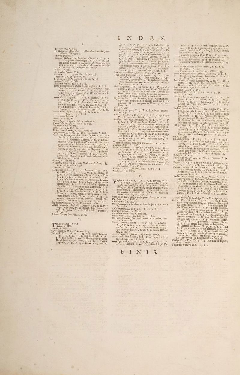 $. &amp;?u93 Os , v. Offa. Salivoíae, Glandulae, v. Glandelas Parotidas, Ma- Xillares , fublinguales. Salivofi Du&amp;tus, i5. ] ; eanguis, Relatio ejus fecüedum Chemiflas, T. o3. F. 15. Confpe&amp;us Miécrofcopio, T. ea. F. 16. nul- lae Fibrae poffunt in eo cerni, ;?. Fibrarum fpe- cies oritur a feri coagulatione , ze. alter modus ejus examinandi, z5. quomodo fit, Iperod, Stabula, v. Offa. — Serobiculus Cordis, T. Y... n ) Werotum , T. 41. Septum illud dividens, ib. Secundina, 7. 59. quid fit, z/. Senfatio quo Medio peragitur, 7: IO. Introd. Sefamoidea Offa. v. Offa. Similares Partes, quid T. 4. F. 6. einus Lopgitudinalis Durae Matris apertus, T. 2. É. r. Pars ejus aperta, T. 6. F. 3. Pars ejus potterior aperta, 7. 6..F. 2. Laflatus. &amp; ficcatus. T. 8. K./5. fe&amp;us tranfverfe, T. e42. F. 4. Ofcula Venarum in GO TOISB. Quo. S. B f. | e—— Lateralis apertus, 7. 6. F. 2. ficcatus , T. 8. F. I, 2. Repletus Cera, 44». F. 30. Pars ejus Tortuofa aperta, T. 6. F. 4. Kepleta Cera, 24455. F. 26. In- fra eam abfciffüs, «fpp. F. 28. Pars Bulbofa, T.6. F. 4,5. ejus Ufus, i2. L'2amenta Tranfverfa , T. 6. F.2. ———— Quartus, T. 8. F. ». Repletus Cera, App. F. 30. -—5 Faleis IMferior Siccatus, T* '$. F. 1. 4. Superior , App. F. 26. Ipfertor , ib. EITCDISTISS EP. Specus Vertebrarum, v. Offa Vertebrarum; Specus Offis Petrofi, v. Ofüa Temporum. Sphenoides Os, v. Offa. Spina Dorfi, v. Offa fce ctum. Spinae Vertebrarum , v. Otla Vertebrae. Sponziofam Os, v. Oda Maxil'ae Superioris. &amp; Tali. Splen five Lien, pars ej.s Infeiior iz fitu, T. 41. Foe- ?2:, T. 63. Pars Coóncava, T. 36. F. 1. Pars ejus nudata, ;$. Membrana Externa, T. 36. F. r. Qua- drupedis, F. 4. Membrana Propria , ze. latus ejus internum, F. s. Cellulae in Lrutis, T. 36. F. 4. Exi(tunt in Hominibus, earumque Differentia, i4. Fibrae, T. ead. F. 4, 6. Atteriae Repletae, 7. 36. F. 1, 3, 6. 4455. F. 3. Venae, T. ead. F. r. Reple. tae, F. 3, 6. Plexus Nervous, T. 36. F. 6. Lym- phaedu&amp;tus, T. eaZ. F. 1. 6. Unde oriuntur, F. r. Officium ejus, Intro4. Stapes, v. Offa Auris. Staggers, Brutorum Morbus, Cauf: ejus &amp; Cura; T. 89. F. 1. videtur effe vertigo. Sternum , v. Offa. Stomachus in f4, T. 33, 4r. Exemtus, T: 34. 4. d ejus Ofcula, 7. 34. F. $02 235-2bs 8i. Inflatus, E a ÀÀ [ooo] tio, T. 35. F. i, 2. Mufcularis Membrana, T. 35. F. 4, 5. Ordines Fibrarum , i2. Membrana Interior dividi poteft in Tres, Sciz. Villofam , &amp; quomodo demonítratur, 7. 35. F. 6. Glandulofam, quomodo oftenditur, i2. Tendineam five Nervofam, F. 7. Superiora &amp; Inferiora Vafa Coronatia, T. SU EE e. T. 35. F. 5. Anaftomofes eorum, T. 95 P: 109. : Plexus, F. 3. Plexus vaforum fanguiferorum fuper latere Interno, F. 8. Plexus Nervofus, T. 24. Ka54 Vulnera ejus. non femper mortifera, eorum fym- 7. ptomata, Duo Exempla memorata, T. 35...F. Io. Styloides Proceffus. v. offa Temporum , Uj/za. Sutura Coronaiis , Sagittalis , Lambdoidalis, T. 9r. F. r; faepe irregulares, ib. ut adparent fuper latere in- terno Calvariae, F. ». In Infantibus &amp; puerulis , Jor EE. Suturae Nothae five Falfae, T. 95. T. attüs Organa , Introd. Talus, v. Offa. Tarfus , v. Offa. Teffes Cerebri, T. 10. F. 1. 445. F. 930. JL eíticuli; 77741,3427 44. T. AS F.FLIIEXut Tunicis, TASA PI9. IAG. Ho D.52, (eC tranfverfe, T. 36. F. 3. pro ratione majores in Quadrupedibus quam Hominibus, ejufque Ratio, T. 45. F. 9. Tunica Vaginalis , T. 45. F. 1, 2. Tuniia Albuginea , T. ; dv Dou 45. F. 2. T. 46. F. t, 2, 5. vafa feminalia, T. 45, T. Y1,2, 95 44 BpdyNAL ETE 4s. .E. f, 9. quomodo conflatur, T. 4s. F. 3. T. 46. F. 2. Vas Deferens, T. 42, 44. F. 2. T. 45. F. RO OU MT 46. F. I. T. 47, F. I. ejus Contortiones, 7. às. F. 2, 5. T. 46. F. r. Tunica Vaginalis, T. 45. F. . 1, 2. 3. Origo, Progreffus, 'Terminatio defcribun- tur, T. 46. F. s. Arteriae, v. Arteriae fpermaticae, Venae, v. venae fpermaticae. Extremitates amba- rum minores quam in aliis partibus, T. 46. F. 4. lyervüs frage UE ArOUDR SEES Lympbaedu- &amp;us , T. 45. F. 2. eorum Oro qoo PP. T. Thalami Nervorum Opticorum T. Yo. F. 1. 4p. E. 30. Thoricicus Ductus Mercurio repletus, 1p. ETII.ejus$ Infertatio, T. 4o. F. 3, 4. Cera repletus, 44. F. 12. Divifiones, &amp; valvulae, 4. F. 11. Lymphaedu&amp;us ilum ingredicntes, 445. F. 12. fitus ejus commo- dus notatus, 4p. F. rr. Tberax apertus, T. 2r. in Foetu, T. 63. Vifcera ejus exemta, 7: 24. F. I. Cavitas, 3; 26. Vulnera in eo fubito poffunt fieri mortifera fine Vi/cerum lae- fione: hujus ratio, &amp; cura, T. £2. Aer externusar- ceri debet, Obfervatio illud confirmans, ;5. Thymus in fitu, T. 91. in Foetu, T. 63. Obfervationes fuper ejus magnituine in diverfis aetatibus &amp; Lo- minibus , 7. 2r. nunquam defideratur, ;&amp;. ejus, Ufus, i5. Tibia, v. Offa. Tonfillae, 12» fiw, T. 13. F. x. fuperficles externd, 415. F. 9. Torcuuar Herophili , T. G6. F. 2. T. 8. F. 2. WXUE. 39 Vena fe evacuans ad illud, 7. 8. F. 2. drachea, pars ejus Anterior, T. 15. F. 2. T. 24. F, I, 7. I. 25. F..8. 445. . F-- $2. Pofterior ,^7X 24.F. 6. «4p. F. zo, 23. Glandulae parvae , quae fuper ea adparent , earum Ufüs, 4p. F. 20. Portio ejus ab- fciffa, 7. 25. F. 1. Aperta, 44p. F. 21. Membrana Externa, 7. 25. F. 1. Fafciculi Mufculares inter- jacentes ejus Cartilagines, T. ead. F. 2. Membrana Glandulofa, T. 25. F. 3. Membrana Interna, T. ead. F. 4. J4p. F. 21. Ordo Fibrarum ejus , ea- rumque Üfus, z2. | Trepanum fumma cum cura ufurpandum , T. 9r. p. 2. Trocblea Oculi, T. 11. F. 7. Iubae Fallopiazae , T. 49, So. in Foetu, T. 63. Aper- tae, T. SI. F. 5... 53. F. 9. Diítentae , iz Coi- Luc spoiled. Tuco cE. r2; Quomodo, F. 2, Tempus ejus incertum ,. z5. Ofcula, T. SIG 5. Cavitas, T. so. Interna Membrana Rugofa, T. SI. F. S. Expanífa, 1. 55. F. 93. Fimbriae T. DO, 5I. F. 5$. T. 53. F. 2. Ampie&amp;tentes Ovaria , T. ead. F. 1. Numerus Vaforum fanguiferorum ac Co« lor notatus, 2. $23. F. 2. Tympanum, wv. Auris. V, agina Uteri aperta, T. 51. F. 3, 4. Inver(a, T. 53. V F. 1. Anguftatur iz Coit4, &amp; quomodo, T. sr. F. I. Corpus Glandofum T. $1. F. 3. Ejus Du&amp;us &amp; Ufus, ib. Aliae Glandulae, earum Du&amp;us, &amp; ufus defcriptus, i5. Membrana Rugofa defcripta , -15. Carunculae Myrtiformts &amp; Hymen, ib. Infertatio Meatus Urinalis, T. 51. F. 3 Vapores in Exfpiratione unde proveniunt, «15. F. 20. Vas Deferens , v. 'Tefticuli. Vafía Brevia, T. 36. F. 1. Vaía Praeparantia in viro, v. Arteria fpermatica , vera fpermatica. Vafa Praeparantia in Femina, T. 50,559. E, 1,4. Valvulae in Venis , v. Venae. Valvulae Conniventes ; v. Inteftina. Valvulae Tricufsides five Mitrales, v. Cor. Valvulae Sigmoides live Semilunares , v. Arteriae, 4or- £4 , Pulmonaria. Venae, earum Tunicae, T. 23. F. z, 2, 3. Valvulie, T. ead. F. 7, 8, 9, 10, 11, 12, 13. Canales continui ab Arteriis, 45. F. 4, s. Ufüs valvularum, eatum- que numerus notatus, T. 26. F. 6. earum Diftan- tia, T. ead. F. 14. — Z4zygos, ÍC. fine Pari, ejus Ufus, Imtrod. ——— Umbilicalis Aperta, T. 61. F. 4. Repleta, F. Se Ingrediens Hepar, T. 62, 63. —— Spermatica, T. 42, 44. F. 2. T. 45 BAT; 9 T. 46. F. 1. Repleta, T. ead. F. 5. Ramuli fuper Te. IspenN—ÍDSS ficulis, T. 4z. F. r. Plexus Pampiniformis feu Va. ricofus, T. 44. F. 2. quomodo fe evacuant, T. 42. quare in hominibus Tortuofae, &amp; in Quadrupedi- bus Rettaes. T^ 43. Fi 5. w«— Jugularis Interna , T. 6. F. 4, 5. T. 15. Fr, 9. Animadverti debet in iis fecandís qui funt obtorto collo, ;». Si vulnerata, quomodo tractanda , ;7, —— Subclavia vulnerata, &amp; quomodo curata, T. r«. E99. — —- Supeft Intergo, Latere Drachu CTLEGAEE 19. —— — [n Poplite, 7.. 77. — — Mufículortm in Antica parte Tibiae, T. 82. Correfpondentes ztrteriae Bronchiali » T. 24. F. T. ——— Pulmonaria fuperjacens Bronchiis, T. 24. F, a. lugrediens Cor, 77 o2, €. 42... Vena Cava, Truncus Defcendens, T. 24. E. t. Afcen- dens, T. 41. 42, 49, 5o. Rami lliaci, T. 42, 50. Emvlgentes, T. 5o. v. Renes. Vertebrales, T. 5o. Vena Portarum , ejus Utus, 1mtrod. Ventriculi Cordis, v. Cor. Ventriculi Cerebxi, T. ro, F. 1. apa fao, afi Vertebrae , v. Offa. Veficulae Seminales , earum pars Antica, T. 47. F. r.In- iigt26,-1. 44. F. x. Divifaes 35 47... 2« Mealm- brana , T. 47. F. I. Veficulae , F. 2. Seminales Du&amp;us, ;5. Va(ía Sanguifera, T. 47. F. 1. Veftéui- lae Minores, Mp. F. 2c. Vefica Urinalis viri iz (iz&amp; T. Ar. exemta, T. 41. F. 2. Feminae i» fitu T. 49. exemta, T. so. Foetüs ia fit 'T. 63. F..r. exemta, F. 2. Pars poíterior tecta pinguedine, T. 44. F. 2. Pars anterior dSbertt P, 48. F. r. Sufpenfa Uracho, 'T. 44. F. 2. fitus ejus, 75. fi*u&amp;ura, i&amp;. Ufus, ;zb. Glandulze ejus &amp; Fibrae interdum tumefactae, &amp; inde crafTe(cunt látera, i2. Vefica Polfga 3» T:.374 F..3. T. 28.1.59 4» 92. CHR Tes &amp;us, T. 37. F. ». T. 38. F. 3. 5. Membrana Ductüs interna, T. 38. F. 3. Valvulae in eo quomodo fa- &amp;ae earumque Ufüs, ;5. Du&amp;tus fellei eam ingre- diuntur, non in veficam; probatur, T. 38. F.3. Ulna, v. Offa. Umbilicalis Funis, T. 56, 57. F. 3, 7. T. $0.760. R. 3. T. 62, 63. Membrana ejus laxa, T. 6o. F. 7a Fibrae, F. 4. Tubi fucciferi, T. 6o. F. 4. Con- je&amp;ura fuper eorum Ufuü, T. 58. Pars Externae ejus fuperficiei, in vaccis plena T'uberculis x deus. Curíus ejus varius, T. $6. Vaía ejus laefa produ« cunt mala Effecta; Duo exempla mirabilia, ;4. Umbilicus, T. r. R. Umbilicalia vafa, v. Arteriae, Venae, Urachus, &amp; Ex- cretorii Ductus. Ungues, T. 105. F. 5. eorum Origo &amp; Compofitio, i5, Urachbus , T. ib. F. 3.47 T: 62,63. ejus Relatio, T. 49; Ureteres , 22. fit , T. 4t. in Feetu, 'T. 63. exemti, T. 42. so. eorum Origo, T. 45. F. 1, 2, 5 «Gaz. Infertatio, T. 44. F. 2. Membranae examinatae Mi- Crofcopio. 'T':. 44. F. r. Urethra, ubi fle&amp;itur fub Os Pais, T. 44. F.2. inter- dum vulnerata ab Lithotomiftis ignorantibus ; Exem- pla tradita, i5. Bulbus Corporis Cavernofi, T. 44. F. 2. in ea Induratio impedit GiazZis Ere&amp;tionem, Obfervatio id convincens, T. 47. F. 5. Aperta, T. 47. F. s. T. 48. F. r. Caruncula &amp; Offiola Pro- ftatarum in ea, T. 48. F4. fe&amp;a tranfverfe , F. 6. Capfula , T. 48. F. 6. ubidividitur in Lithotomia. dq. 47 c. Urinalis Meatus in Feminis, T. sr. F. r. Apertus, F. 4. Urerus, T. 50. Apertus,. T. sr. F. 4. Cavitas &amp; Craffi- tudo ante praegnationem , ;$. Pars Antica brevi poft Praegnationem, T. 53. F. r. Vafà fanguifera ma- gis diftentà quam antea, ij. Pats Poftica ejusdem , T. ead. F. 4. vafa fanguifera repleta , i2. a feptimo menfe graviditatis, T. 54. eadem divifa, T. 55,56. Venae multum dilatatae , T. 54. Inaequalitates fu- perficiei Interioris , T. 56 Vafa Anaftomofes faci- unt cum vafis 2lacentae, 'T. 54. Membrana Exter- D2; T. 53. F. 4. Ligamentum Rotundum, T. 50, 53. F. 1. 4. earum Compofitio &amp; Progreffüs, T. 50. Ligamentum Latum, T. so, 53. F. r. 4. Quid fit, T. 50. Cervix nudata fua communi membrana, 1:53. P 1. Aperta, T.-er. E. 4. ejus Ofculum , i&amp;. Rugae s ib, Occlufa materia glutinofa poft praegna- tionem, 2b. craffefcit pro partus incremento, T. 54. Periculofum, fi manet tumidus a Partu. ;P. Uvula, T. 13. F. r. T. 14. F. 3. Ufus ejus in degluti- tione, Iztrod. Vulnerum profluvia unde , 445. F. 2i