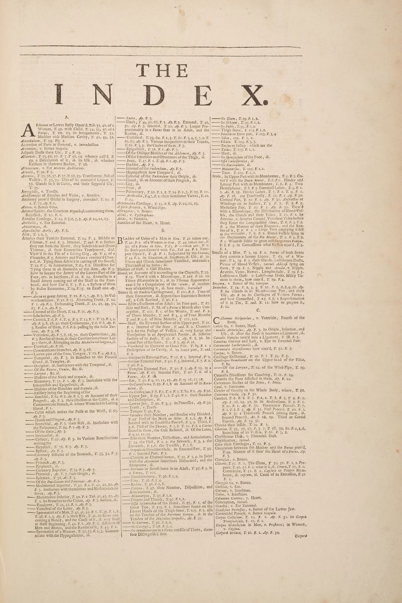——Iliack, T 49, 50. 63. F. 2. Ap. F.9. External, 7. 42, | . §0. Ap. F. 3. Internal, ZT. 50. 4p. F. 3. Larger Pro-| portionably in a Fetus than in an Adult, and the| Dhigh-Bone, ZT. 1039.8. 142. Reafon, id. | Patella or Knee- = pan, 2.103. F. 3, 4: tO mbilicaly, ©2450, 600 Fal, 5c, teOl. F944 5, 71K a| ————— Mavia,, Lom. Biotan ee 62,63. 4p. F.3; Various Inequalities in their Trunks, | Fibula, T. 104. F. 3, 33 _ Bdomen or Lower Belly Open’d, Tab. 33, 40. al Woman, T. 49. with Child, T. 54,55, Beard Fetus, T. 62, 63. its Integuments, T. 31. | Mufcles vide Mufcles. Cavity, ZT. 41, 49, 52. Acetabulum, T. 99. Fig. 2. | Accretion of Parts in General, v. Introduétion. Os Ifchinm , T. 99. F.1, 2. Os Pubts , T.99.F.1, 2. Acromion, v. Bones Scapula. Adipofe Duéts their Ufe, 7.4. F. 13. Hllantois ,T.55,56, 57. F. 7.T 58,59. whence call’d, 7 59. a Defcription of it, 2. its Ufe, ib. whether Exiftent in Humane Bodies, T 58. ‘Alvearium, v. War Meatus Auditorius. Alveoli, T. 9t.F.5. Amnios, T.55,56,57-F. 37.7. 58,59. Lranfparent, full of Vefiels; ©. 55,59. Ufes of its contain’d Liquor, T. 58. Glands in it in Cows, and their fuppos’d Ufe, dary Amygdals, v. Tonfils. Anaftomofes of Arteries and Veins, v. Arteries. Anatomy prov’d Ufeful in Sargery, Ivtroduét. T. 15. F. 2. L572. Ap. F. 2. incon. Vv. Bones Ulva. Animal Spirits, the Common Hypothefis concerning them, Rejected, TF. 10. F.:6. Annular Cartilage, T. 24. F.5,6, 7, 8. Ap. F. 20, 22, 23. Anthelix, v. Ear External. Antitragus, ib. | Aquadutius Auris, Ap. F. 8. eons es iors: they run from the Heart, they Subdivide and Grow Thinner, 76. their Extremities Tranfparent, did. View’d in the Fin of a Living Grig, 4p. F. 4. of a Flounder, F. 5. Arteries and Veins a continu’d Chan- nel,ib. Tying them Advis’d in cutting off the Breaft, T.19.F.5. in Amputation, T. 64.F. 8. Direétion for I. 61. F. 3,5. the Caufes of them , F..9. ——— Epieattnie,, Js 99rIF. 0. Ap. Poot —— Ofthe Oblique Mofcles.of the Abdomen, -Ap. F. 3. ~—— Ofthe Extenfors and Obturators of the Thigh, 7d. Penis, T.47.F. 1. 2. 48. F.1. Ap. F. 3; Bladder , 4p. F. 3. —— Internal of the Pudendum, Ap. F.3. —— Hypogaftrick how Compos’d, 76. External of the Padendum their Origin, ibs ——Crural, i2.an Account of their Pregrefs, ib. Meo; 7. =Foot, ib —— Pulmonary; Too. F. 1.8. 0 24. 959, eos. F. LO. Fer eK ,I.97.F. 1. their Semilunar Valves , J) 22. Bice Arytenoides Cartilage, T. 24. F.8. Ap. F. 20, 22, 23. A pera Arteria, v. Wind-Pipe. Aftragalas, v. Bones. Atlas, v. Fpifiropheus. Atlas, v. Vertebra. Auricles of the Heart, v. Heart: Bs Be ee of Urine of a Mani Situ, T. qi: taken out, T. 42. F.2. ofa Woman in Situ, T. 49. taken out, Z- 50. ofa Fetus in Situ, T.63. F. 1-taken ont, F 2. its Back-part Cover’d with Fat, Tab 44. F. 2 Fore- part Open’d, 7. 48. F. 1. Sufpended by the Uracus, T 44.F.2. its Situation, 2, Struéture, 7d. Ute, ib. its Fibres and Glands fometimes Tumified, andcaufea Thicknefs of its Sides, 7b. Face, exc. in Incifions, 7.12. F. 14. Aneurifmin a Small Artery coming out of the Skull to the Fore- head, and how Cur’d, T. 5. F.1. a Syftem of them by Bidloo Erroneous, T.24.F.15. an Exact one. 4p. F. 3. ~—— Aorta or great Artery, T. 22. F. 1,7. Ap. F. 3. its Val- ves Semilunar, 7.22. F.13. Afcending Trunk, T. 24. F. 1. Ap. F.3. Defcending Trunk, 7. 41, 42, 49, 50, O38: FT... 28 ARE. 3. ——— Coronal of the Heart, T. 22. F. 11. Ap. F. 3. ——— Subclavian, 4p. F. 3. ~— Carotid, 7. 6.F. 6.T. 9. F.3.7.14.F. 1. I. 1§. F. 1, 2. Ap. F.3, 8, 28, 30. their Contortions , T. 6. F. 6. 4p. F. 3. Reafon of them, T.6.F. 6. pafling by the Sella Tur- cica, Ap. F. 3, 26. —— Vertebral, 4p. F.3, 8, 28, 30. their Contortions, 4p. F. 3. Reafon of them, 2. their Cavities fometimes Lar- ger there,ib. Afcending onthe Medulla Oblongata,ib. —— Cervical, 4).F. 28. Communicant Branches, 4p. F. 3,28. + Lower-part of the Face, Tongue, 7. 12. F. 4. 4p.F.3. +—— Temporal, 4p. F. 3. its Branches to the Parotid Gland, ib. Temples, 7. . ——— Occipital, 7d. Inofculates with the Temporal , 7b. ——- Of the Fauces, Uvula, &amp;c. 1b, —— Larynx , &amp;c. 716. -—— Mufcles ofthe Neck and Scapula, ib. —— Mammary, T. 32. F. 1. Ap. F. 3. Inofculate with the Intercoftals and Epigaftrick, 7d. —— Mufcles ofthe Shoulder and Scapula, ib. ——Axillary being the Beginning ofthe ~—— Brachial, 7.64: F.8. 4p. F. 1,3. an Account of their Progrefs, 4p. F. 3. their Divifion at the Cubit, ib.a Communicant Branch, 6. where Wounded in Letting Blood, F. I. —— Cubit which makes the Ap. F. 3. | ——— Handsand Fingers , 4). F. 3. —-— Bronchial, 4p.F. 3. their Rife , id. Inofculate with the Pulmonary, T. 24. F. 1. 4p. F. 3. ~——— Ofthe Gula, Ap. 3. Intercoftal, 7. has ——~Celiack, T. 42. 4p. F. 3. its Various Ramifications makingthe ~——— Hepatick, T: 38. F.5. Ap. F. 3. —— Syftick, Ap F. 3. . Coronary Inferior of the Stomach, TZ. 33, 34, Ap. F. 3. , —— Pylorick, 4p. F. 3. ——— Epiploick, 72. ——— Coronary Superior, T, 34. F. 5. Ap. 3- ~— Phrenick , 4. F.3.their Origin, 70. ——Splenick, T. 36. Ap. F. 3- —— Of the Duodenum and Pancreas , Ap. F.3- =—— Mefenterick Superior, T. 40. F.2.T. 41, 42,50. Ap. F. 3. Inofculate with themfelves and Mefenterick In. ferior, Ap. F. 3. —— Mefenterick Inferior, T. 40. F.2-T4. 41,42, 50. 4p. F. 3. its Branches to the Colon, 4p. F. 3. Reéium, id, —— Emulgent, T. 42, 43.F. 1. 4p. F. 3- ~—— Vertebral of the Loins, 4p. F. 3. —— Spermatick of a Man, T. 41, 42, 44. F. 2. T. 45. F. 1, T. 46.F. 1,5. Ap. F. 3. their Rife, Z. 42. an Error con- cerning it Noted, andthe Caufe ofit, i. very fmall . Pulfe at the Wrift, 7. 67. FE. 5: F.15. View’d with a Microfcope , T. ead. F.16. no Fibres difcernable in it, 2b. its Fibrous Appearance caus’d by a Coagulation of the Serum, ib. another way of examining it, 2b. how made, Introduct Bones in an Embrio Cartilaginous, T. 100.F. 6. ‘lime of their Formation, id. Appendixes fometimes Broken On: a Calerkecited, 7. 06. Fa; AllinaSt%elleton ofan Adult; its Fore.part, T. 87. Side and Back, T. 88. of a Fetus a Month after Con- ception, T. 10c. F. 1. of Six Weeks, 7. ead. F. 2. of Three Months, T. ead. F. 3, 4. of Four Months T. ead. F.5,6. of Nine Months, T. rot, 1c2. Skull, the External Surface ofits Upper-part, T. 91. F. 1. Internal of the fame, T. ead. F. 2. Channels in it forthe Paffage of Veffels, id. very Large and Tranfpatent in an Apoplectick Perfon , ib. Inferior Surface of its Bafis, T. 92. F. 2. Ap. F. 8, 36. In- ternal Part ofthe fame, T. 9. F.3. 4p. F. 26. Forehead its Convext or Outer Part, T. 89.F. ¥- a Defcription of its Cavity, ib. its Inner-part, T. ead. KE, 2s Sinciput its External Part, T.oo. F.1. Internal, F 2. — Occiput External Part , T. go. F. 3, Internal, T. 7. F. 2. T. QO. F.°4. Temples External Part, ZT. 90. F. 5. 4p. F. 15. in a Fetus, Ap. F. 17. Internal Part, TZ. 90. I, 6: of a Fotus, Ap. F. 18. Ear, T. 90. F.9, 10, 11, 12. Ap. F. 15, 16,17; 18. _——- Os Cuneiforme, T. 89. F-1,2 an Account of its Fora- mina, ib. —— Os Cribro/um,T.8. F.3.T. 9. F.3.T. 89. F.2. Ap. F.26. Upper. Jaw, 7. 89. F.1, 2.7. 92.F.1. their Number and Defcription, 2. Lowet-Jaw., T..92. F. 3; 5. Teeth, v. Teeth. Tongue T. 92, F,9. ; vertebra their Number, and Reafon why Divided , T. 93° Firftof the Neck or Atlas, F. 1,2. a eee Second with its Toothlike Procefs, F. 3, 4s Third, F. 5,6. Firft of the Thorax, F.7,8- T. 10. Fs: 8.a Caries foundin them, the Cafe Related, 7b. Of the Loins, FnG, JOe Lys 2). _—» Ribs their Number, Diftinétion, and Articulations, T. OA. the Firth, we.tn: 2 the Seventh, F. 3, 4. the Eleventh, F: 5,6. rhe Twelfth, F.7, 8. Scapula or Shoulder-blade, its External Part, T. 95. F.1. Internal Part, F.2. al Clavicle or Channel-bones, T-. 95. F. 3,4. its Joint with the Acromion fometimes Diflocated, and the Symptoms, 7. ; Sternum or Breaft-bone in an Adult, Z. 9§.¥F. 5. in 4. Fotus.,, L.TOx. Shoulder-bone ,. T. 96. F. 1, 2s th, Tey OG Ey ote Radius, T. 96.F.5, 6. tite Carpus, T.97. their Number, Difpofition, and Articulations, 7. Metacarpus, T.97,F.1,2. | —— Fingers and Thumb, 7.97. F.1, 2. Offa Se/amoidea of the Hand, T. 97, F. 1;-of the Great Toe, ZT. 105. F. 2. fometimes found on the Lower Heads of the Thigh-bone, T. 103. F.2. alfo, onthe Tendon of the Peroneus Longus, ib. in the Tendon of the Mu/fculus Stapedis, 4p. F. 37. its Proceffes, Ap. F. 32. Men and Brutes, andthe Reafonofit, 7. 45. F. 2. ——— Spermatick of a Woman, T. 50, 53.F.1, 3. Comimu- nicate with the Hypogaltricks , id. ——— Os Coccygis, T. 98. F..3, 4. —— Os Innominatumin a Fetus confills of Three, there- fore Diftinguith’d into: Tar/{us or [nftep ; which are the TAlgs>, Ie Lost Bs Ty. -— Heel, ib: —— Os Spongiofum of the Foot, 28. Offa Cuneiformia , ib. ——— Os Naviculare, ib. ——— ‘Metatar[us, T. 105. F.1,2. ‘Toes’, 2. 105. F. 1, 2. Brain, its Upper-Part with its Membranes, T. 5: F. 2. Coa ver’d with the Dura Mater, T.6.F.1. Hinder and Lateral Part with its Membranes, T. 6. F. 4. Two Hemifpheres , 7.8 F.5. Foremoft Lobes, T. 9. F. 1. 2. Ap. F. 28. Hinder Lobes, 7.7. F. 1. ZT 9. F. 1s Aber, 28. .cut Grantverlly, Pilon F. Tiapy Figo: Cortical Part, 7. 10. F. 1. Ap. F. 30. Anfratius or Windings on its Surface, 5 F. 2. T. 8: F. 5. Medullary Part, 7. 10. F. 1. Ap. F. 30. View'd with a Microfcope, the Diftribution of Blood-Vef- fels, the Glands and their Tubes, 7. ro. F. 2. its Arteries , v: Arteries Carotid, Vertebral Veins before they Enter the Longitudinal Sinus, T. 6. F.3.T. 8. F. 4, the Manner of their Entrance, and the Rea- fon of it, T. 6. ® 9 « Large Vein emptying it felf at the Torcular, 7. 8. F. 2. Blood-Veffels lying in che Dunlicature of the Pia Mater, T. 5. F.2.T. 8. F. 5. Wounds liable to great and dangerous Fungus. T. 8. F. 5. in Concuffions what Veffels injur’d , 7 5 emer Breafts of a Man, T. I, 19. F. 2. Fetus of both Sexes they contain a Serous Liquor, T. 63. of a Wo- man, 7.2, 19. F. 1. their Glands, Lactiferous Ducts, Plexus of Blood Veffels, Sacculi Adipoft lying on them, Z. 19: F. 1. Nipple and. <dAreola,v. Nipple. Arteries, Veins, Nerves, Lymphedutts, T. 19. F.§. Lattiferous Duéts. v- Lattiferous Duéts. Milky Tu- mors in them, how caus'd, T. 19. F.4. Bregma, v. Bones of the Sinciput. Bronchia, T. 24. F. 2, 3, 4. T- 25. F. 5, 6,8,9;10. Ap. F. 20. Glands in its Membranous Part, and their Ufe, Ap. F. 20. its Cartilages of Various Forms , and how Conneéted, T. 25- F. 8. a Reprefentation of it in Tin, ZT. ead. F. 11: how to prepare it, elo. C; Alamus Scriptorius , v. Ventricle; Fourth of the Brain. Calcis Os, v. Bones, Heel. ute Canalis Arteriofus, Ap. F. 3. its Origin, Infertion, and Ufe, ib. after the Birth it becomes a Ligament, 75. Canalis Venofus turn’d into a Ligament, T. 38. F. 5. Canthus Greater and Lefs, v. Eye its External Parts Caruncula Lachrymalis , ib. Carunéula Myrtiformes how caus’d, T. 51. F. 33 Carpus, v. Bones. | Cartilage Enfiformal, T. 20- F. 1. T. 95. F. 5. . Cartileges Semilunar on the Upper-head of the Tibias T. 84. —— Of the Larynx, T. 24. of the Wind-Pipe, T. 25. F, 8. Cataracts Direétions for Couching, ZT. 17. F. 24. Catarrhs the Parts Affected in them, 4p. F, 20. Cavernous Bodies of the Pewis, vs Penis. Caul, v. Omentum. ; Center of Gravity to the Whole Body, where, T. 82. Centrum Ovale, Ap. F. 30. Gerebel, Wo GoP lo. Ty. FF. Xs MT. 8s Fase Te, One ts Ap. F, 28,29, 30, 31 its Meditullium, T. 9. F. 1: T..10.,F.-tA ApaF. 231. ,,WVermicular. .Brocels, 27.7. F907, 8.F..5< Ape; FE. 31.cR ink Process i tow FE, 1 Ap. F. 31. a Tranfverfe Procefs joining them , ib. Second Procefs, 4p. F. 28, 29. Third or Cordal Procefs,.Ap. F. 29, 31. Cheeks their Infide, T.14. F. I. | Chorion, T. 55» 56, 57s F, 3) 7° T. 58, 59; 60. F, 1,2, 6 Branching of its Veffels, T. 61. F. 7, 8. Chyliferous Dué&amp;, v. Thoracick Dutt. Chylification , Zztrod. Cilia their Cartilages, T. 11. F. 5. . Circulation between the Mother and the Fetus prov'd, T.54. Manner of it thro’ the Heart ofa Farus, Ap: B. 3. Clavicles, v. Bones; Clitoris, T.51. F. 1. The Glans, T 50, 5%: ¥. 1, 2. Pre- puce, J. 50, 51. F. 1. what it ish. Crura,T. 51. F. 1s Contexture, I. 51. F. 2. Cap/ula or Proper Meme brane, ib. septum, ib. Caufe of its Extenfion, T. 5% ) Seas Coccyzis Os, v; Bones. Cochlea, v. Ear. Caecum, v. Inteftines. Colon, v. Inteftines. Columne Carnea, v. Hearts Conception, Ivtrod, Concha, v. Ear External. | Condylus Proceffus , vs Bones of the Lower Jaw. Coracoidal Procefs, v. Bones Scapula. Corpus Callofum, T. to. F. I- Ap. F. 30. its Corpus Tranfverfale, T- 10. F. 1. Corpus Glandojum in Men, v. Proftates; in Womeit s Vv. Vaginas Corpora Striata, T: 10; F. Ie Ape F. 30% | Corpora
