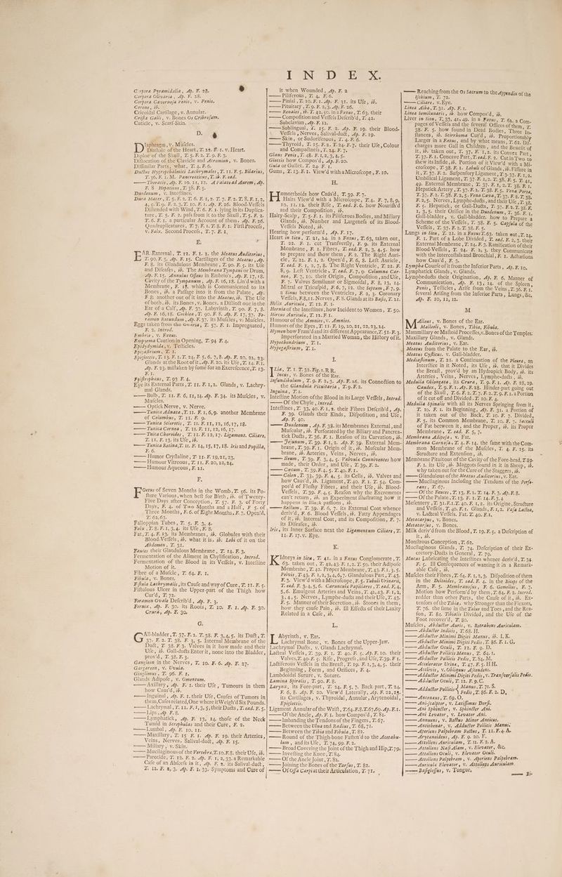 Corpora Pyramidalia, Ap. F. 28. Corpora Olivaria, Ap. F. 28. | Corpora Cavernofa Penis, V. Penis. Corone, ib. Cricoidal Cartilage, v. Annular. Crifta Galli, v. Bones Os Cribro[um. Cuticle, v. Scarf-Skin, D. é F \laphragm , v. Mutcles. ~ D Diaftole of the Heart, T. 22. F. 1. v. Heart. Diploe of the Skull, T. 5.2. 7.9. F. 3. Diflocation of the Clavicle and Acromion, v. Bones: Diffimilar Parts, what, ZT. 4. F.6; me Ducttus Hygropthalmici Lachrymales ,T. 11. F.5. Bilarius, T.36.F. 1.M. Pancreaticus , T. ib. F. ead. —— Thoracis, Ap. F.10, 11,12. 4 Palatoad Aurem, Ap. F. 8 Hepaticus , T. 38. F. 5. Duodenum, v. Inteftines. Dita Mater fo 5k. 2, Te 6. Foi, 2. 72 E o.T SFY. 9. A, 5: 0 9. F. 2, 3.7. 10. F. 1. Ap. F. 26; Blood-Veflels Dittended with Wind, T. 6. F. 1. lying in its Duplica- fures c. 5. F. 2. palsirom itto the skull” 7 5, ee o T. 6. F. 1. a particular Account of them, 4p. F. 26. Quadruplicatures, 7 7: F. 1.7. 8. F. 12 FirftProcefs , v. Falx. Second Procefs, 7.7: Fi 1, 1Dp AR External, T. 12. F. 1. 2. the Meatus Auditorins , T. 90. F. 5. dp. F.15. Cartilages of the Meatus , Ap. F. 8. its Glandulous Membrane, T. 9o. F. 5; its Uie and Difeafes, 2. The Membrana Tympani or Drum, Ap. F.15. |Annulus Offeus in Embrio’s, 4p. F. 17, 18: Cavity of the Tympanum, Ap. F. 16,18. Lin’d witha Membrane, F. 18. whicth is Communicated to its Bones, i. a Paflage into it from the Palate, 4p: Af. Be another out of it into the Meatus,ib. The Ule of both, 7. its Bones, v. Bones. a Diftiné one inthe Kar ofa Calf, 4. F. 37. Labyrinth, T. 90. E. 7, 8. Ap. F. 16,18. Cochlea,T. 90. F. 8. Ap. F. 17,97. Fo- ramen Rotundum , Ap. F.37. its Mufcles, v: Mufcles. Eggs taken from the Owarja, T. 57. F. 1: Impregnated , F. 2: Introd. Embrio, Vs Fetus: Empyema Cautionin Opening, T. 94 F. 4. Epidydymide,v. Tetticles. Epigaftrium, T. 1. . Epiglottis, T. 13. F.1.T. 24. F. 5, 6, 7, 8. Ap. F. 20, 22, 23: Glands at the Root of it, 4p. F. 20. its Ule,T. 14: Fr. Ap. F. 23. miftaken by fome for an Excrefcence,7. 13. Bos F piftrophaus, TAOS ar. 4. Eye its External Parts, 7. 11. F. 1,2. Glands, v. Lachry- mal Glands. ——— Bulb, 7. 11. F. 6, 11, 14. 4p. F. 34. its Mufcles, v. Mutcles. ~——— Optick Nerve, v. Nerve. —— Tunica Adnata ,T.11. F.1,6,9. another Membrane of Columbus, T. 11. F: 9. —— Tunica Sclerotis, T: 11. F. 11, 12, 16,17, 18. Tunica Cornea, T. it. F. 11, 12, 16, 17. ———— Tnica Choroides , T. 11. F. 12,17: Ligament. Ciliare, TEI: Fo TIvies.Wie, 76, -——— Tunica Retina,T. t. F. 14,1§,17,18. Irisand Pupilla, ERO ——~Humor Ory faline 7? ir Friojar. 29, ~—— Humour Vitreous, T. 11. F. 20, 22,24. -—— Humour Aqueous, F, 21. 18 | haste of Seven Months in the Womb,T. 56. its Po- {ture Various, when beft for Birth, ib. of Twenty- Five Days after Conception, T. 57. F. 3. of Forty Days, F. 4. of Two Months and a Half, F 5. of Three Months, F. 6. of Eight Months, F. 7. Open’d, Z. 62,63. Falloppian Tubes, T. 5. F. 3, 4. Fale 31.8: F. 1, 3,40 its Ufe , FS Fat, 7. 4.F.13. its Membranes, ib. Globules with their Blood-Vetiels , 74. what itis, 7b; Lobi of it on the Abdomen, T. 31. Fauces their Glandulous Membrane, T. 14. F. 3. Fermentation of the Aliment in Chylification, Introd. Fermentation of the Blood in its Veffels, v. Inteftine Motion of it. Fibre of a Mufcle, 7 64. F. ¥. Fibula, v. Bones. Fifiula Lachrymalis , its Caufe and way of Cure, T. 11. F. 5. Fiftulous Ulcer in the Upper-part of the Thigh how Curd. - 799 Foramen Ovale Defcrib’d , Ap. F. 3. Fornix, Ap. F. 30. its Roots, Z lo. F. J. Ap. F. 30: Crura, Ap. F. 30. G: ‘Coe Siege 2 Tn Ook, 9 Ae. its uct so 37. F. 2. T. 38. F. 3, §. Internal Membrane of the Duct, T 38. F.3. Valves in it how made and their Ufe, ib. Gall-duéts Enter it, none into the Bladder, prov’d, T. 38. F. 3. Gangleon in the Nerves, T, 10, F. 6. Ap. F. 27. Gargareon, Vv. Uvula. Ginglimus, T. 96. F. 1. Glands Adipofe, v. Omentum. -——— Axillary, 4p. F. x. their Ufe, Tumours in them how Caus’d, 76. Inguinal, 4p. F. 1. their Ufe, Caufes of Tumors in them,Cafes related,One where itWeigh’d Six Pounds. -——— JLachrymial, 7. 11. F,.1,3, 5;their Ducts, T ead. F. Se == MOS aap abe. LLymphatick, 4p. F. 13, 14. thofe of the Neck Tumid in Scrophulas and their Cure, F. 2. -——~ Maxillary, T. 15 F. 1. 4p. F. 19. their Arteries, Veins, Nerves, Salival-duct, 4p. F. 15. ——— Miliafy ,* v..Skin. -—— Mucilaginous of the Vertebra,T. 10.F.8. their Ufe, ib. Parotide, T. 12. F. 2. Ap. F. 1, 2, 33.a Remarkable Cafe of an Abfcefs in it, 4p. F. 2. its Salival-duct , IN D Ex it when Wounded, 4. F. 2 -——— Piliferous, T. 4. F. 6. Pinial ,T. 10. F. 1. 4p. F. 31. its Ufe, ib. Pituitary , TZ. 9. F. 2,3. 4p. F. 26. ~—— Renales , 1b. T. 42, 50. ina Fetus , T. 63. their Compofition and Veffels Defcrib’d, T: 42, Subclavian , 4p. F. 12. ——— Sublingual, 4. 15. F. 2. Ap. F. 19. their Blood- Veffels , Nerves, Salival-duét, Ap. F. 19. —— Skin, or Sudoriferous, T. 4. F. 6. Thyroid, T. 15. F.2. 7.24. F.7. their Ufe, Colour and Compattnefs, T. 24. F. 7. Glaus Penis ,T. 48. F.1,2, 3, 4,5. Glottis how Compos’d, Ap, F.20. Gula or Gullet, T. 24. F. 1, Gums, Z.13.F.1. View’d with a Microfcope, F. 10. Hi. | igepetaes how Caus’d, T. 39. F. 7. Hairs View’d with a Microfcope, T.4. F. 7, 8,9, 10, 11,12. their Rife, T. ead. F.6. how Nourifh’d and their Compofition, 7d. Hairy-Scalp, T.5.F. 1. its Piliferous Bodies, and Miliary Glands, 76. Number and Largenefs of its Blood- Veffels Noted, 76. Hearing how perform’d, Ap. F. 17. Heart im Situ, T. 21, 24. in a Fetus, T. 63, taken out, T. 22. #& 1. cut Tranfverfly; F. 9. its External Membrane, F. 1. Fibres, T. ead. F. 2, 3, 4,5. how to prepare and fhow them, F. 2. The Right Auri- cle, T, 22. F, 1, 2. Open’d, F. 6, 8. Left Auricle, T. ead. F. 1, 2,7, 8. The Right Ventricle, T. 22. F. 8,9. Left Ventricle, T. ead. F.7, 9. Columne Car- nea, F. 7,10. their Origin, Compofition , and Ufe, F. 7. Valves Semilunar or Sigmoidal, F. 8, 13, 14. Mitral or Tricufpid, F.6,7, 12. the Septum, F-.7, 9. a Sinus between the Ventricles, F. 2, 3. Coronary ,._. Wellels, F.8,11. Nerves, F. 8. Glands at its Ba/is, T. 21. Helix Auricula, T. 12. F. 1. Hernia of the Inteftines , how Incident to Women, T. 5o. Hircus Auricula, T. 12.F-1. Humour of the Amnios,v. Amnios. Humors of the Eyes, T. 11. F. 19, 20, 21, 22, 222k Hymen how Fram’dand its different Appearance,T. 51. F. a Imperforated ina Married Woman, the Hiftory ofit. Hypochondrium , T.1. Hypogaftrium, T.1. i Lid, T. 1. 7,32. Fier. RR. incus, V. Bones of the Rar. Infundibulum , T.9. F. 2,3. Ap. F. 26. its Connection to the Glandula Pituitaria, T.9.F.2. Inguina, T.1. Inteftine Motion ofthe Blood in its Large Veffels , Introd: Of the Chyle , Iutrod. Inteftines , 7. 33, 40. F: 1,2. their Fibres Defcrib’d » Ap: F. 39. Glands their Kinds, Difpofition, and Ufe, Ap. F. 40. mam Duodenum , Ap. F. 38. its Membranes External sand Mufcular, 76. Perforated by the Biliary and Pancrea- tick Ducts, T. 36. F. 1. Reafon of its Curvation, ib. om Fejunum,T. 39. F.1,2. Ap. F. 39. External Mem- brane, T. 39.F.1. Origin of it, ib. Mufcular Mem- brane, 7b. Arteries, Veins, Nerves, ib. mm Ileum, T. 39. F. 3,4, 5. Valuule Conniventes how made, their Order, and Ufe, T. 39. F. 2. sme C08? 1639. Fal, Se Le AOR PTs —— Colon ,T. 33, 39. F. 4, 5. its Cells, 26. Valves and how Caus’d, id. Ligament, T. 40. F. 1. T. 54; Com- pos’d of Flefhy Fibres, and their Ufe, id. Blood- Veffels, 7.39. F. 4,5. Reafon why the Excrements can’t return, zd. an Experiment illuftrating how it happens in Iliack paffions , 76. rome Relium, T. 39. F. 6, 7. its External Coat whence deriv'd, F. 6. Blood-Veffels, ib. Fatty Appendages of it, i. Internal Coat, and its Compofition, F. 7. its Difeafes, 7b. Iris, its Inner Surface next the Ligamentum Ciliare , T. I}. F. 17.v. Eye. K, Kies in Situ, T: 4t. in a Fetus Conglomerate , T. 63. taken out, T 42, 43. F. 1,2. T. 50. their Adipofe Membrane, T. 42. Proper Membrane, T. 43. F.1, 2B Pelvis , T-43. F. 1,2, 3,4, 6, 7 Glandulous Part , T. 43. F.3. View'd witha Microfcope, F. 5. Tubuli Urinarii, T. ead. F. 3,.4,5, 6. Caruncula Papiliares , T. ead. F, 4, 5,6. Emulgent Arteries and Veins, T. 42, 43. F. 1,2, 3,4,5. Nerves, Lymphe-dutts and their Ufe, T. 43. F. 5. Manner oftheir Secretion, 7b. Stones in them, how they caufe Pain, 7b. Ill Effects of their Laxity Related in a Cafe, 3. i Abyrinth, v. Ear. Lachrymal Bone, v. Bones of the Upper-Jaw. Lachrymal Duéts, vy. Glands Lachrymal. Latteal Veffels., 7.99. F. 1. 40.8. 5. ApoF. 10.. their Valves,T. 40. F. 5. Rife , Progrefs ,and Ufe, 7.39. F I. LactiterousVetlels in’ the Breatt, 72 19. °8.1,.9,-4,.5. their Beginning , Form, and Orifices, F. 4. Lambdoidal Suture, v. Suture. Lamina Spiralis, T. 90. F. 8. Larynx, its Fore-part, T. 24. F.5, 7. Back-part, T. 24, F. 6, 8. Ap. F. 20. View'd Laterally, Ap. F. 22,28. ———— Reaching from the Os Sacrum to the Appendix of the Wchium, T. 72. ———— C4 ares Vv. Byes Linea Alba,T.31. Ap. F.1. Linea Semilunaris, ib. how Compos’d, ib. Liver in Situ, T, 33, 41, 49. in a Fetus, T. 62. a Com- ~ pages of Veflels and the feveral Offices of them 9 38- F. 5. how found in Dead Bodies , Three In- ftances, 7b. Scirrhoma Curd, i. Proportionab| Larger in a Fetus, and by what means, T. 62. Dit. charges more Gall in Children, and the Benefit of it, 7b. taken out, T. 37, F. I,2. its Convex Part T. 37. F. 1. Concave Part ,T. ead. F. 2. Cutin Two to thew its Infide, #4. Portion of it View’d with a Mi- crofcope, T- 38. F. 1. Lobuli of Glands , 16. Fiffure in it, T. 37. F. 2. Sufpenfory Ligament, JOU BE Bite i toh Umbilical Ligament, T. 37. F. 1,2. T. 38. F. 5. & At 49. External Membrane, T. 37. F. 1, 9.7. 38. F. I. Hepatick Artery , T. 37. F.2. T. 38. F.5. Vena Porta T. 37. F.2. T. 38. F. 2,5. Vena Cava,T. SOR sae @ 38. F.2,5. Nerves, Lymphe-duéts, and their Ufe i383. F. 5. Hepatick, or Gall-Duétts, T. 37. F.2. T. 38. F, I, 3,5. their Orifice in the Duodenum, T. 36. F. 1. Gall-bladder, v. Gall-bladder. how to Prepare a Scheme of the Veffels, T. 38. F, 5- Capfula of the Voeflels , Tiag7 ak. 227 98.58.’ Lungs iv Situ, T. 21. in a FetusT.63. taken out ,T. 24. F. 1. Part of a Lobe Divided, T. ead, F. 2, 3. their External Membrane, T. 24. F. 3. Ramification of their Blood-Veffels, T. 24. F. 2, 3. they Communicate with the Intercoftals and Bronchial, F, 1, Adhefions how Caus’d, F. 3. Lympha Courfe of it from the Inferior Parts » 4p. F. 10. Lymphatick Glands, v. Glands. Lympheduéts their Origination, 4p. F. 6. Manner of Communication, 4p. F. 13, 14. of the Spleen , Penis, Tefticles, Arife from the Veins ,T. 36. F. t. feveral Arifing from the Inferior Parts , Lungs, &c, Mp. F. 10, 11, 12. M. Alleus, v» Bones of the Ear. Malleolt, v. Bones, Tibia, Fibula. Mammillary or Maftoid Proceffes,v. Bones of the Temples: Maxillary Glands, v. Glands, Meatus Auditorius, v. Ear. Meatus Cyfticus. v. Gall-bladder. Mediaftinum, T. 21. a Continuation of the Pleura, an Interftice in it Noted, its Ufe, ib. that it Divides the Breaft, prov’d by an Hydropick Body, id. its Arteries, Veins, Nerves, Lymphe-duéts , id, Medulla Oblongata, its Crura, T. 9.F.1. Ap. F. 28, 29. Caudex, T. 9. F.1.4p.¥F.28. Hinder-part going out of the Skull, 7.6. F.2.T. 7. F.2.T7. 9. F.1.a Portion of it cut off and Divided. T. to. F. 4, Medulla Spinalis with all its Nerves Springing from it, I. to. F. 1. its Beginning, 4p. F. 31. a Portion of it taken out of the Back, T. 10. F. 7. Divided, F. 5. its Common Membrane, T. 10. F, 7. Sacculé of Fat between it, and the Proper, id. its Proper Membrane, T. ead. F. 5, 7. Membrana Adipofa, v. Fat. Membrana Carnofa, T. 4. ¥F.14. the fame with the Com- mon Membrane of the Mufcles, T. 4. F. T5euits Structure and Extenfion, 74. é Membrane Pituitous of the Cavity of the Fore-head, T.89. F. 1. its Ufe ,i2. Maggots found in it in Sheep, ib. why taken out for the Cure of the Staggers, ib. Glandulous ofthe Meatus Auditorius,v. Ear. Mucilaginous Inclofing the Tendons of the Perfe- rans, T: 67. Of the Fauces ,T. 13. F. 1. T. 14. F. 3. Ap. F. 8. Of the Palate, 7. 19. F., 4.2. 14.38.34 Mefentery ,T. 31.F.1.T. 40. F. 1,2. its Origine, Stru€ure and Veffels , T. 40. F.1. Glands, F. 1,2. Vala Lattea, v; Latteal Veffels. Fat. T. 40. F.t. Metacarpus, v. Bones. Metatarf{us, v. Bones. Milk deni from the Blood, T. 19. F.5. a Defcription of IC e7us Monttrous Conception , T: 62. Mucilaginous Glands, T. 74. Defcription of their Ex- cretory-Dutts in General, T. 70. Mucus Lubricating the Inteftines whence deriv’d, T. 34. F. 5. Il Confequences of wanting it in a Remark- able Cafe , 28. Mufcles their Fibres , T. 64. F. 1, 2, 3. Difpofition of them in the Deltoides, T. cad. ¥. 4. in the Biceps of the Arm, F. 5. Membranofus, F. 6. Gemellus, F. 7. Motion how Perform’d by them, T. 64. F. 2. Introd. redder than other Parts, the Caufe of it, ib. Ex- tenfors ofthe Tibia, why Stronger than the Flexors, T. 76. the fame in the Talus and Toes , and the Rea- fon, TZ. 84. Tibialis Divided, and the Ule of the Foot recover’d, T. 8o. Mulfcles, Abduétor Auris, v. Retrahens Auriculam. —— Abduttor Indicis, T.68. H. —— Abduttor Minimi Digiti Manus, ib. I, K. —— Abduttor Minimi Digiti Pedis ,T. 86. F. 1. Ge ——— Abduttor Oculi, T. 12. F. g. D. —— Abduttor Pollicis Manus, T. 64.1. —— Abduttor Pollicis Pedis, T. 84. M. Accelerator Urina, T. 47. F.5.HH. —— Acclivis, v. Obliquus Afcendens. : —— Addultor Minimi Digiti Pedis ,v. Tran[ver{alis Pedis. — Addultor Oculi, T. 12. F.9.C. _.» J Manus ,T. 71. S. ——— Adduttor Pollicis Pedis ,T. 86. F. &% D, Epiglottis. Ligament Annular of the Wrift, T.64.F.8.7.67,69-Ap. F.1. Of the Ancle, 4p. ¥F.1. how Compos’d, T. 81. Imbanding the Tendons of the Fingers , T. 67. ——— Between the Ulva and Radius, T. 68, 71. -—— Round of the Thigh-bone Faften’d to the Acetabu- lum, andits Ufe, T. 74, 99. F. 2. , -———~ Broad Covering the Joint of the Thigh and Hip,779. Invefting the Knee, T. 84. ——— OF the Ancle Joimts 7 82, ~—— Joining the Bones of the Tarfus , T. 82. momen Of Offa Carpiat their Articulation, Z: 71. Ani-{calptor , v. Latiffimus Dorf. Ani Sphintter, V. Sphintter Ani. ——— Ant Levator, v. Levator Ani. Annuens, V. Rettus Minor Anticus. Antithenar, v. Adduétor Pollicis Manus. —— Arytanoideus, Ap. F. 9. 20. F. —— Attollens Auriculam, T.12. F.2.A. —— Attollens Nafi Alam, v. Elevator, &C. —— Attollens Oculi, v. Elevator Ocult. —— Attollens Palpebram , v. Aperiens Palpebram. —— Auricule Elevator, v. Attollegs Aurisulam. <“e