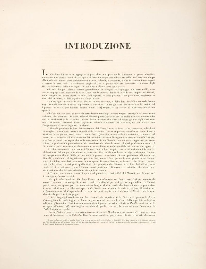 INTRODUZIONE $i: Macchina Umana è un aggregato di parti dure, e di parti molli. E siccome a questa Macchina semovente non poteva servir di sostegno o di base un corpo non abbastanza saldo, così facevano duopo alla medesima alcune parti sufficientemente dure, valevoli, e resistenti, e che in somma fosser capaci a reggere le parti molli, e facilmente pieghevoli; ed è quanto dire era necessaria la durezza degli Ossi, e l'elasticità delle Cartilagini, di cui queste ultime parti sono dotate. Gli Ossi dunque, oltre a servire generalmente di sostegno, e d’appoggio alle parti molli, sono ancora impiegati nel costruire le casse Ossee per la custodia dentro di loro di certi importanti Visceri, onde vengano ad essere sicuri, e difesi dall’ ingiurie, e dalle pressioni, cui potrebbero soggiacere in virtù dell'incontro, e dell’impulso dei Corpi esterni. Le Cartilagini mercè della forza elastica in esse inerente, e della loro flessibilità naturale hanno negli Animali una destinazione appropiata a diversi usi, e tra gli altri per incrostare le cavità, ed i processi articolari, per formare diverse unioni, varj Organi, e per servire ad altre particolarità più speciali . Gli Ossi poi sono posti in moto da certi determinati Corpi, ovvero Organi principali del movimento animale, che chiamansi Muscoli. Affine di doversi questi Ossi articolare in molte maniere, e contribuire così ai movimenti della Macchina Umana faceva mestieri che oltre ad essere gli uni cogli altri con- nessi, vi fossero parimente alcuni Legamenti valevoli a ritenerli nel loro sito, ma che tuttavia non s opponessero al moto degli Ossi medesimi. I Muscoli prendono la loro denominazione dal Nome Latino di Topo, Mus, scorticato, e dividonsi in semplici, e composti. Tutti i Muscoli della Macchina Umana si possono considerare come Lieve o Vetti del terzo genere, aventi cioè il punto fisso, {pomoclio, in una delle sue estremità, la potenza nel mezzo, e la resistenza all’altra estremità dei medesimi. Siccome distinguonsi in ciascun Muscolo il corpo , e le due estremità, ne segue che nella contrazione di un Muscolo qualunquesiasi apparisce un esteso rilievo, 0 gonfiamento proporzionato alla grandezza del Muscolo stesso , il qual gonfiamento occupa il di lui corpo, ed al contrario un abbassamento, o avvallamento molto sensibile nei due estremi opposti ?. Il colore rosso-cupo, che hanno i Muscoli, non è loro proprio, ma è ad essi somministrato dai globetti rossi del sangue, che dentro vi circolano. Una sottile membrana involge, e ricuopre i Muscoli nel tempo stesso che si divide in una serie di processi membranosi, i quali penetrano nell’interno dei Muscoli, e foderano, ed inguainano, per così dire, tanto i fasci quanto le fibre primitive dei Muscoli stessi. Le Fibre muscolari terminano in una specie di corde bianche, e lucenti, che diconsi tendini, quali abbracciano, e stringono quelle fibre. La proprietà dei Muscoli è la loro /rritabilità , ossia quella tal forza sui generis, che i Muscoli stessi possiedono , di raccorciarsi stimolati che sieno, e di rilasciarsi tostochè l’azione stimolante sia appieno cessata. I Tendini non godono punto di questa tal proprietà, o irritabilità dei Muscoli, ma hanno bensì il vantaggio d’essere elastici. Alla più volte nominata Macchina Umana non solamente era duopo aver Ossi per conservarla eretta, Legamenti per collegarli, e tenerli uniti , Cartilagini per tutti gli usi sopraindicati, e Muscoli per il moto, ma queste parti avevano ancora bisogno d'’ altre parti, che fossero idonee a procacciare il senso, ed il moto, attribuzione speciale dei Nervi, non meno che le varie separazioni, il nutrimento, e l’accrescimento del Corpo animale, e tutto ciò che si eseguisce, e si elabora dai Nervi, e dal Sangue, che circola per i Vasi Sanguigni. I Vasi Sanguigni terminano coi loro estremi alla superficie della Cute, ove appunto le Arterie s' attortigliano in varie foggie, e danno origine con tal mezzo alle Vene. Sulla superficie della Cute tali attortigliamenti di Vasi formano numerosissimi piccoli incavi e rilievi, o Papille destinate a far occupare all’estesa Pelle una maggior superficie di quella, che sarebbe stata nel caso d’esser tutta la Pelle levigata ed eguale. Questa Pelle, o Cute è ricoperta esternamente da una Membrana senza senso, ch'è conosciuta sotto nome d’Epidermide, e di Cuticola. Essa Cuticola manifesta quegli stessi rilievi, ed incavi, che sonosi 1 Questo gonfiamento addiviene non in virtù d’altra forza se non che della contrattibilità, ed irritabilità delle fibre carnose, le quali risiedono nel corpo del Muscolo, ed accade nel medesimo tempo alle due estremità l’avvallamento a causa dell’ inazione, od inerzia delle fibre fendizose, o aponeurotiche, da cui le fibre carnose rimangono inviluppate, ed astrette.