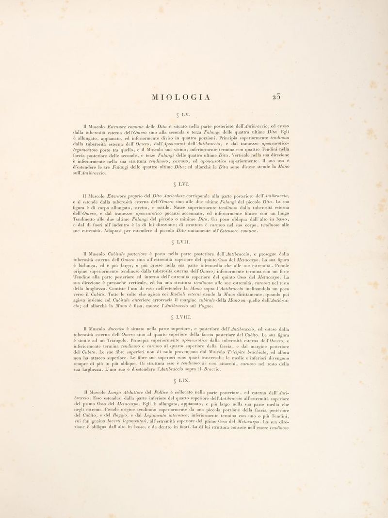 6 LV. Il Muscolo Estensore comune delle Dita è situato nella parte posteriore dell’Antibraccio, ed esteso dalla tuberosità esterna dell’Omero sino alla seconda e terza Falange delle quattro ultime Dita. Egli è allungato, appianato, ed inferiormente diviso in quattro porzioni. Principia superiormente tendinoso dalla tuberosità esterna dell’ Omero, dall’ Aponeurosi dell’Antibraccio, e dal tramezzo aponeurotico- legamentoso posto tra quello, e il Muscolo suo vicino; inferiormente termina con quattro Tendini nella faccia posteriore delle seconde, e terze Falangi delle quattro ultime Dita. Verticale nella sua direzione è inferiormente nella sua struttura tendinoso, carnoso, ed aponeurotico superiormente . Il suo uso è d’estendere le tre Falangi delle quattro ultime Dita; ed allorchè le Dita sono distese stende la Mano sull’Antibraccio . 6 LVI. Il Muscolo Estensore proprio del Dito Auricolare corrisponde alla parte posteriore dell’Antibraccio, e si estende dalla tuberosità esterna dell’Omero sino alle due ultime Falangi del piccolo Dito. La sua figura è di corpo allungato, stretto, e sottile. Nasce superiormente tendinoso dalla tuberosità esterna dell’ Omero, e dal tramezzo aponeurotico pocanzi accennato, ed inferiormente finisce con un lungo Tendinetto alle due ultime Falangi del piccolo o minimo Dito. Un poco obliqua dall’ alto in basso, e dal di fuori all’ indentro è la di lui direzione; di struttura è carnoso nel suo corpo, tendinoso alle sue estremità. Adoprasi per estendere il piccolo Dito unitamente all’ Estensore comune. 6 LVII. Il Muscolo Cubitale posteriore è posto nella parte posteriore dell’ Antibraccio, e prosegue dalla tuberosità esterna dell’Omero sino all'estremità superiore del quinto Osso del Metacarpo. La sua figura è bislunga, ed è più largo, e più grosso nella sua parte intermedia che alle sue estremità . Prende origine superiormente tendinoso dalla tuberosità esterna dell’Omero; inferiormente termina con un forte Tendine alla parte posteriore ed interna dell’ estremità superiore del quinto Osso del Metacarpo. La sua direzione è pressochè verticale, ed ha una struttura tendinosa alle sue estremità, carnosa nel resto deila lunghezza. Consiste l’uso di esso nell’estender la Mano sopra l’Antibraccio inclinandola un poco verso il Cubito. Tutte le volte che agisca coi ftadiali esterni stende la Mano dirittamente; quando poi agisca insieme col Cubitale anteriore arrovescia il margine cubitale della Mano su quello dell’Antibrac- cio; ed allorchè la Mano è fissa, muove l'Antibraccio sul Pugno. GU VADI, IH Muscolo Anconèo è situato nella parte superiore, e posteriore dell’ Antibraccio, ed esteso dalla tuberosità esterna dell’Omero sino al quarto superiore della faccia posteriore del Cubito. La sua figura è simile ad un Triangolo. Principia superiormente aponeurotico dalla tuberosità esterna dell’Omero, e inferiormente termina tendinoso e carnoso al quarto superiore della faccia, e dal margine posteriore del Cubito. Le sue fibre superiori non di rado provengono dal Muscolo Tricipite brachiale, ed allora non ha attacco superiore. Le fibre sue superiori sono quasi trasversali; le medie e inferiori divengono sempre di più in più oblique. Di struttura esso è tendinoso ai suoi attacchi, carnoso nel resto della sua larghezza. L'uso suo è d’estendere l’Antibraccio sopra il Braccio. CLI, Il Muscolo Lungo Abduttore del Pollice è collocato nella parte posteriore, ed esterna dell’ Anti- braccio. Esso estendesi dalla parte inferiore del quarto superiore dell’Antibraccio all'estremità superiore del primo Osso del Metacarpo. Egli è allungato, appianato, e più largo nella sua parte media che negli estremi. Prende origine tendinoso superiormente da una piccola porzione della faccia postériore del Cubito, e del Raggio, e dal Legamento interosseo; inferiormente termina con uno o più Tendini, cui fan guaina lacerti legamentosi, all’ estremità superiore del primo Osso del Metacarpo. La sua dire- zione è obliqua dall’alto in basso, e da dentro in fuori. La di lui struttura consiste nell’essere tendinoso