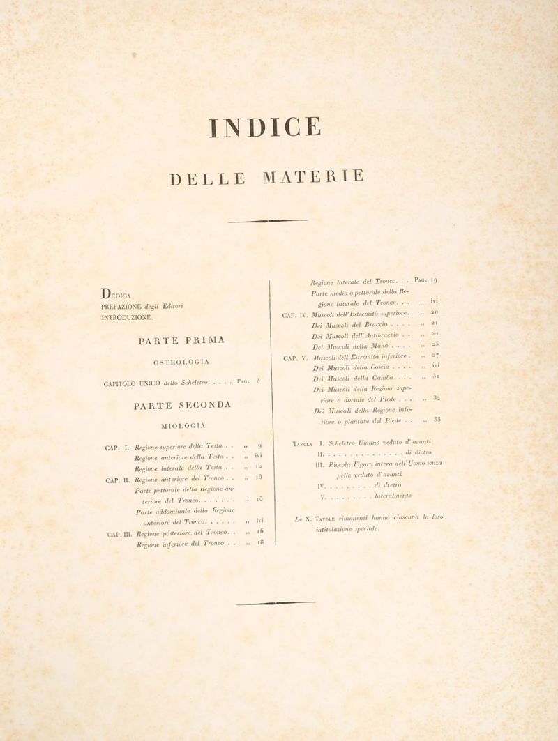 Deprca PREFAZIONE degli Editori INTRODUZIONE. PARTE PRIMA OSTEOLOGIA CAPITOLO UNICO dello Scheletro. . . . - PARTE SECONDA MIOLOGIA CAP. I. Regione superiore della Testa . . Regione anteriore della Testa . . Regione laterale della Testa . . CAP. Il. Regione anteriore del Tronco . . Parte pettorale della Regione an- teriore del Tronco. . . . . . - Parte addominale della Regione anteriore del Tronco. . . è. . - CAP. III. Regione posteriore del Tronco. . Regione inferiore del Tronco . . UD Regione laterale del Tronco, x «Pac. 19 Parte media o pettorale della Re- gione laterale del Tronco. . . ©» ivi CAP. IV. Muscoli dell’ Estremità superiore . 33 SEZIO Dei Muscoli del Braccio ... « <-> 21 Dei Muscoli dell’ Antibraccio . - go Dei Muscoli della Mano . < |.» 29 CAP. V. Muscoli dell’ Estremità inferiore . ST Dei Muscoli della Coscia . . . .. ©» ivi Dei Muscoli della Gamba. . «+...» II Dei Muscoli della Regione supe- riore o dorsale del Piede . . . 32 Dei Muscoli della Regione infe- riore o plantare del Piede . . La I. Scheletro Umano veduto d’ apanti CI la ea di dietro III. Piccola Figura intera dell'Uomo senza TAVOLA pelle veduto d’ apantt Ve: La ca: di dietro Le X. TavoLe rimanenti hanno ciascuna la loro intitolazione speciale.