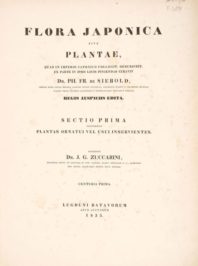 SIVE PLANTAE, QUAS IN IMPERIO JAPONICO COLLEGIT, DESCRIPSIT, EX PARTE IN IPSIS LOCIS PINGENDAS CURAVIT Dr. PH. FR. ve SIEBOLD, ORDINIS REGII LEONIS BELGICI, CORONAE CIVILIS BAVARICAF, IMPERIALIS RUSSICI S, WLADIMIRI QUARTAE CLASSIS EQUES, PLURIUM ACADEMIARUM SOCIETATUMQUE DOCTARUM SODALIS, REGIS AUSPICIIS EDITA. SECTIO PRIMA CONTINENS PLANTAS ORNATUI VEL USUI INSERVIENTES. DIGESSIT Dr. J. G. ZUCCARINI, BOTANICES OECON., ET SALTUAR. IN UNIV. MAXIMIL, LUDOV. PROFESSOR P. O., ACADEMIAE REG, MONAC, ALIARUMQUE SOCIET. DOCT. SODALIS, CENTURIA PRIMA. LUGDUNI BATAVORUM APUD AUCTOREM 1830.