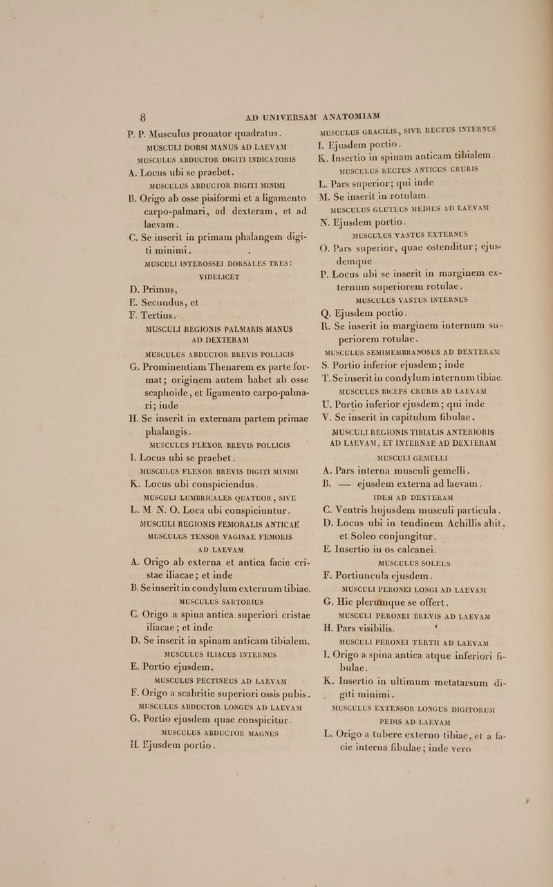 P. P. Musculus pronator quadratus. MUSCULI DORSI MANUS AD LAEVAM MUSCULUS ABDUCTOR DIGITI INDICATORIS A. Locus ubi se praebet. MUSCULUS ABDUCTOR DIGITI MINIMI B. Origo ab osse pisiformi et a ligamento carpo-palmari, ad dexteram, et ad laevam . C. Se inserit in primam phalangem digi- ti minimi. MUSCULI INTEROSSEI DORSALES TRES: VIDELICET D. Primus, E. Secundus, et F. Tertius. MUSCULI REGIONIS PALMARIS MANUS | AD DEXTERAM MUSCULUS ABDUCTOR BREVIS POLLICIS G. Prominentiam Thenarem ex parte for- mat; originem autem habet ab osse scaphoide , et ligamento carpo-palma- r1; inde H. Se inserit in externam partem primae phalangis.- MUSCULUS FLEXOR BREVIS POLLICIS. I. Locus ubi se praebet. MUSCULUS FLEXOR BREVIS DIGITI MINIMI K. Locus ubi conspiciendus. MUSCULI LUMBRICALES QUATUOR , SIVE L. M. N. O. Loca ubi conspiciuntur. MUSCULI REGIONIS FEMORALIS ANTICAE MUSCULUS TENSOR VAGINAE FEMORIS | AD LAEVAM À. Origo ab externa et antica facie cri- stae iliacae ; et inde B. Seinseritin condylum externum tibiae. MUSCULUS SARTORIUS C. Origo a spina antica superiori cristae iliacae ; et inde | D. Se inserit in spinam anticam tibialem. MUSCULUS ÍLIACUS INTERNUS E. Portio ejusdem. MUSCULUS PECTINEUS AD LAEVAM F. Origo a scabritie superiori ossis pubis. MUSCULUS ABDUCTOR LONGUS AD LAEVAM G. Portio ejusdem quae conspicitur. MUSCULUS ABDUCTOR MAGNUS i1. Ejusdem portio. MUSCULUS GRACILIS, SIVE RECTUS INTERNUS I. Ejusdem porto. K. Insertio in spinam anticam tibialem. MUSCULUS RECTUS ANTICUS CRURIS L. Pars superior; qui inde M. Se inserit in rotulam. MUSCULUS GLUTEUS MEDIUS AD LAEVAM N. Ejusdem portio. J MUSCULUS VASTUS EXTERNUS O. Pars superior, quae ostenditur; ejus- demque P. Locus ubi se inserit in marginem ex- ternum superiorem rotulae. MUSCULUS VASTUS INTERNUS Q. Ejusdem porto. | R. Se inserit in marginem internum su- periorem rotulae. MUSCULUS SEMIMEMBRANOSUS AD DEXTERAXM S. Portio inferior ejusdem; inde T.Seinserit in condylum internum tibiae. MUSCULUS BICEPS CRURIS AD LAEVAM U. Portio inferior ejusdem ; qui inde V. Se inserit in capitulum fibulae. MUSCUL! REGIONIS TIBIALIS ANTERIORIS AD LAEVAM, ET INTERNAE AD DEXTERAM. | MUSCULI GEMELLI ÁÀ. Pars interna musculi gemelli. Db. — ejusdem externa ad laevam. IDEM AD DEXTERAM C. Ventris hujusdem musculi particula. D. Locus ubi in tendinem Achillis abit, et Soleo conjungitur. E. Insertio in os calcanei. MUSCULUS SOLEUS F. Portiuncula ejusdem. MUSCULI PERONEI LONGI AD LAEVAM G. Hic plerumque se offert. MUSCULI PERONEI BREVIS AD LAEVAM H. Pars visibilis. d MUSCULI PERONEI TERTII AD LAEVAM. I. Origo à spina antica atque inferiori fi- bulae. ! | K. Insertio in ultimum metatarsum di- giti minimi. MUSCULUS EXTENSOR LONGUS DIGITORUM PEDIS AD LAEVAM L. Origo a tubere externo tibiae, et a fa- cie interna fibulae ; inde vero