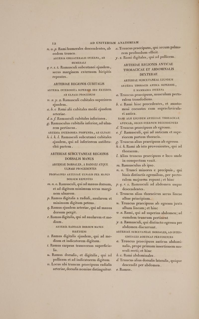 eodem trunco. ARTÉRIA COLLATERALIS INTERNA , AB HUMERALI q. r. s. t. Ramusculi subcutanei ejusdem, secus marginem externum bicipius repentes. ARTERIAE REGIONIS CUBITALIS ARTERIA INTEROSSEA SUPERIOR SEU EXTERNA AB ULNARI PROCEDENS v. x. y. z. hamusculi cubitales superiores ejusdem. | &.b. c Rami alii cubitales medii ejusdem arteriae. d. e. f: Ramusculi cubitales inferiores. g. Ramusculus cubitalis inferior, ad ulna. rem perünens. ARTERIA INTEROSSEA PROFUNDA , AB ULNARI h. i. k. l. Ramusculi subcutanei cubitales ejusdem, qui ad inferiorem antibra- chii partem . | ARTERIAE SUBCUTANEAE REGIONIS 1 DORSALIS MANUS ARTERIAE DORSALES , A RADIALI ATQUE ULNARBI PROCEDENTES PROPAGINES ARTERIAE ULNARIS PER MANUS DORSUM REPENTES m. n. o. kamusculi, qui ad manus dorsum, et ad digitum minimum secus margi- nem ulnarem. p. Ramus digitalis a radiali, anularem et minimum digitum petens. q. Ramus ejusdem arteriae, qui ad manus dorsum pergit. - | r. Ramus digitalis, qui ad anularem et me- dium. ARTERIA RADIALIS DORSUM MANUS IRRETIENS s. Ramus digitalis ejusdem, qui ad me- dium et indicatorem digitum. £L. Ramus carpeus transversus superficia- lis. u. Ramus dorsalis, et digitalis, qui ad pollicem et ad indicatorem digitum. v. Locus ubi truncus praecipuus radialis arteriae, dorsalis nomine distinguitur. rem profundum efficit. ARTERIAE REGIONIS ANTTICAE THORACICAE ET ABDOMINALIS - DEXTERAE ARTERIAE SUDCUTANEAE EJUSDEM ARTÉRIA THORACIS ANTICA SUPERIOR , E MAMMARIA INTERNA a. Truncus praecipuus, musculum pecto- ralem transfodiens. | b. c. Rami hinc procedentes, et anasto- mosi coeuntes: cum supraclavicula- ri antica. RAMI ALII EJUSDEM ARTERIAE TIIORACICAE ANTICAE, SECUS STERNUM DECURRENTES d. Truncus praecipuus ab egressu. e. f. Ramusculi, qui ad anucam et supe- - riorem partem thoracis. £. Truncus alius praecipuus ab egressu. h. i. k. Rami ab isto provenientes, qui ad thoracem. l. Alius truncus praecipuus e loco unde in conspectum venait. m. Ramusculus ab ipso. n. 0. 'Trunci minores e precipuis, qui binis distinctis egressibus, per pecto- ralem majorem repunt; et hinc p. 4. r. 5. Ramusculi ad abdomen usque descendentes. £. Truncus alius thoracicus secus lineae albae principium. ' u. lruncus praecipuus ab egressu juxta albam lineam ; et hinc v. x. Rami, qui ad superius abdomen ; ad eumdem truncum pertinent y. £z. Ramusculi, qui distincto egressu per abdomen discurrunt. ARTERIAE SUBCUTANEAE DORSALES, AD INTER- COSTALES AORTICAS PERTINENTES a. Truncus praecipuus anticus abdomi- nalis, prope primam insertionem mu- sculi recti; et hinc b. c. Rami abdominales . d. Truncus alius dorsalis lateralis, quique descendit per abdomen. e. hamus.