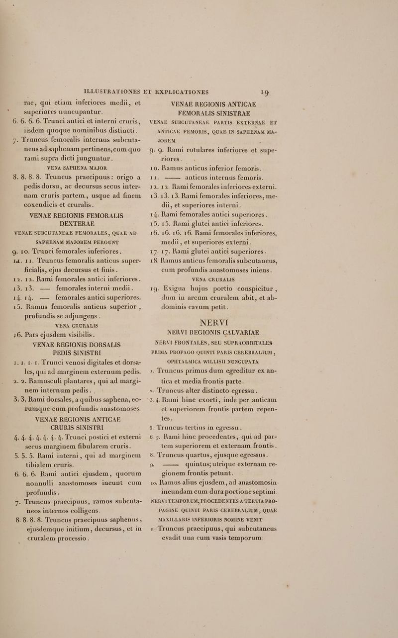 rae, qui etiam inferiores medii, et superiores nuncupantur. 6. 6. 6. 6. Trunci antici et interni cruris, iisdem quoque nominibus distincti. 7. Truncus femoralis internus subcuta- neus ad saphenam pertinens, cum quo rami supra dicti junguntur. VENA SAPHENA MAJOR 8. 8. 8. 8. Truncus praecipuus: origo a pedis dorsu, ac decursus secus inter- nam cruris partem , usque ad finem coxendicis et cruralis. VENAE REGIONIS FEMORALIS DEXTERAE VENAE SUBCUTANEAE FEMORALES, QUAE AD SAPHENAM MAJOREM PERGUNT 9. 10. Trunci femorales inferiores. 14. 11. Truncus femoralis anticus super- ficialis, ejus decursus et finis . 12. I2. Rami femorales antici inferiores. 3. 1:2. 14. 14. — femorales anuci superiores. 15. —— femorales interni medu. Ramus femoralis anticus superior , profundis se adjungens . VENA CRURALIS 16. Pars ejusdem visibilis . VENAE REGIONIS DORSALIS PEDIS SINISTRE — 1. 1. I. I. Trunci venosi digitales et dorsa- les, qui ad marginem externum pedis. 2. 2. Ramusculi plantares , qui ad margi- nem internum pedis. 3. 5. Rami dorsales, a quibus saphena, eo- rumque cum. profundis anastomoses. VENAE REGIONIS ANTICAE CRURIS SINISTRI Á. &amp;. 4. 4. 4. 4. 4. Trunci postici et externi secus marginem fibularem cruris. 5. 5. 5. Rami interni, qui ad marginem tibialem cruris. 6. 6. 6. Rami antici ejusdem, quorum nounulli anastomoses ineunt cum profundis . 7. 'Truncus praecipuus, ramos subcuta- neos internos colligens. | 8. 8. 8. 8. Truncus praecipuus saphenus, ejusdemque initium, decursus, et iu cruralem processio. VENAE REGIONIS ANTICAE FEMORALIS SINISTRAE VENAE SUBCUTANEAE PARTIS EXTERNAE ET ANTICAE FEMORIS, QUAE IN SAPIENAM MA- JOREM | , 9. 9. Rami rotulares inferiores et supe- riores. 10. Ramus anticus inferior femoris. 11. anticus internus femoris. 12. 12. Bhami femorales inferiores externi. 12. I3. 123. Rami femorales inferiores , me- dii, et superiores interni. 14. Rami femorales antici superiores. 15. 15. Rami glutei antici inferiores. 16. 16. 16. 16. Rami femorales inferiores, medi, et superiores externi. 17. 17. Rami glute!i antici superiores. 18. Ramus anticus femoralis subcutaneus, cum profundis anastomoses iniens. VENA CRURALIS 19. Exigua hujus portio conspicitur , dum 1n arcum cruralem abit, et ab- dominis cavum petit. NERVI NERVI REGIONIS CALVARIAE NERVI FRONTALES, SEU SUPRAORBITALES PRIMA PROPAGO QUINTI PARIS CEREBRALIUM , OPHTALMICA WILLISII NUNCUPATA. 1. Truncus primus dum egreditur ex an- tica et media frontis parte. ». Truncus alter distincto egressu. et superiorem frontis partem repen- tes. 5. Truncus tertius in egressu. 6. 5. Rami hinc procedentes, qui ad par- tem superiorem et externam frontis. 5. Truncus quartus, ejusque egressus. 9. quintus; utrique externam re- gionem frontis petunt. 1o. Ramus alius ejusdem, ad anastomosin. ineundam cum dura portione septimi. NERVI! TEMPORUM, PROCEDENTES A TERTIA PRO- PAGINE QUINTI PARIS CEREBRALIUM , QUAE MAXILLARIS INFERIORIS NOMINE VENIT :. Truncus praecipuus, qui subcutaneus evadit una cum vasis temporum.