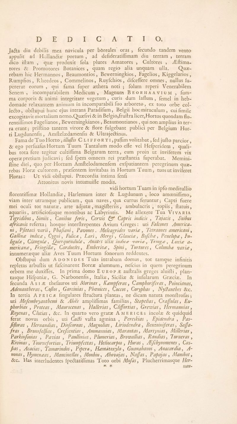 D Z3 .Bh-khc.lA.X BH. Ja&amp;a diu debilis mea nàávicula per boreales oras , fecundo tandem vento appulit ad Hollandie portum , ad defideratifhimam diu terram , terram dico iftam , quz produxit íola plures Amatores , Cultores , ;Eftima. tores &amp; Promotores Botanices , quam regio alia unquam ulla. | Quz- rebam hic Hermannos, Beaumontios, Bewerniagkios, Fagelios, Kiegelarios , Rumpfios, Rheedeos , Commelinos, Ruyíchios, difceflere omnes , nullus fu- pererat eorum , qui fama fuper zthera noti ; folum reperi Venerabilem Senem , incomparabilem Medicum , Magnum BEonHAAvIUuM , fum- ma corporis &amp; animi integritate vegetum , curis dum laffum , femel in heb- domade relaxantem animum in incomparabili fuo arboreto, ex toto orbe col- le&amp;o, obftupui hunc ejus intrans Paradifum, Belgii hocmiraculum, cui fimile excogitavit mortalium nemo.Quzfivi &amp; in Belgio;fruítra licet, Hortos quondam flo. rentif[imos Fagelianos , Bewerningkianos , Beaumontianos , qui non amplius in ter- ra erant; priftino tantem virore &amp; flore fulgebant publici per Belgium Hor- ti Lugdunenfis , Amftelzdamenfis &amp; Ultrajectinus. | Fama de Tuo Horto , ///pf/is C Lir FOR T1, paffim volitabat , fed jufto parcior , &amp; ego perfuafus Hortum 'T'uum Tantalum modo effe vei Hefperidem , quali- bus tota fere tegitur cultiffima Belgarum terra, eum proin ut inviferem vix operz pretium judicavi; fed fpem omnem rei przítantia fuperabat. — Memini- [tine diei, quo per Hortum Amftelodamenfem exfpatiantem peregrinum quae- rebas Florz cultorem, przíentem invitabas in Hortum Tuum, tuos ut inviferet Floras: | Ut vidi obítupui. Przcordia intima fenfi Attonitus novis intumulffe modis. vidi hortum 'Tuam in ipfo meditullio florentifimz Hollandiz, Harlemum inter &amp; Lugdunum , leco ameniffimo, viam inter utramque publicam , qua naves, qua currus feruntur; Capti fuere mei oculi tot nature, arte adjute , magifteriis,, ambulacris , topiis, ftatuis, aquariis, artificiofisque montibus ac Làbyrints. X Me allexere 'Tua VtivAR1A Tigridibus , Sinus ,| Canibus. feris ,| Cervis € Capris indicis ,| Tajacis ,| uibus africanis veferta; hosque interflrepentes Avium Greges: uti Fakoses America- i, Pfittaci varii, Pbafani , Pavones. Meleagrides varie , Tetraoues americam , Galue indue, Cygn, Fulee , Lari, Mergi , Glauie, Bofcbe , Penelohe , Fa- hgule , Glaugule , Querqueudule , IAnates aliae zudiee varie , Trigo , Loxie a- mericaug , Pringille, Carduefes, | Emberize , Spi, Turtares ,| Columbae varia , innumereque alie Aves Tuum Hortum Ífonorum reddentes. Obftupui dum ADOoNIDES Tuas intrabam domus, tot tamque infinitis repletas arbuftis ut fafcinarent Borez alumnum, neícius in quem peregrinum orbem me duxiffes. In prima domo E uno» X aufítralis greges aluifti, plan- tasque Hifpani, G. Narbonenfis, [talig, Sicilie &amp; infülarum Gracix. In íecunda A s1&amp; thefauros uti Morimas , Kempferas , Campbhoriferas , Poincianas, Adenautberas , Coflos , Garcimas , Pbamces , Coccos , Corypbas ,| NyBantbes &amp;c. In tertia ArR1Ic fingulares ftructura plantas, ne dicam natuta monftrofas ; uti Mefembryauntbemi &amp; Aloés ampliffimas familias, SzapeZas, Craffulas, | Eu- phorbias , Proteas ,| Maurvocenas ,| Hallerias , Cüffortias , Grewias, Hermannias , Royeuas , Clutias , &amp;c. In quarto vero grate AMERICESs incole &amp; quidquid ferat novus orbis, uti Ca&amp;; vafta agmina , Peresbias , Epidendra , Pas- f'flovas , Heruaudias, Diofcoreas , Magnolias , Liriodendra ,' Denzoimferas , Saffa- fras , Bruusfelfias , Crefcentias ,, Ammanmas , Marantas, Martynias | Mierias , Parkifomas , Pavias , Paullnias , Plumerias, Browalhas , Randias, Turueras , Rrvinas , Tournefortias , Triumpfettas , Heliocavpos , Huvas ,| ZEfcbynomenes , Cas- fias ,. Acacias , Tamarindos , Pipera, Hemátoxyla , Guanabanos , Auacardia, A- nonds , Hymeneas, Maucinellas , Monbin, Abovajas , Naffas, Papajas , Manibot , &amp;c. Kas interludentes fpectatiffimas 'T'oto orbi Mz/as, Plucherrimasque Her- ! We. s an-
