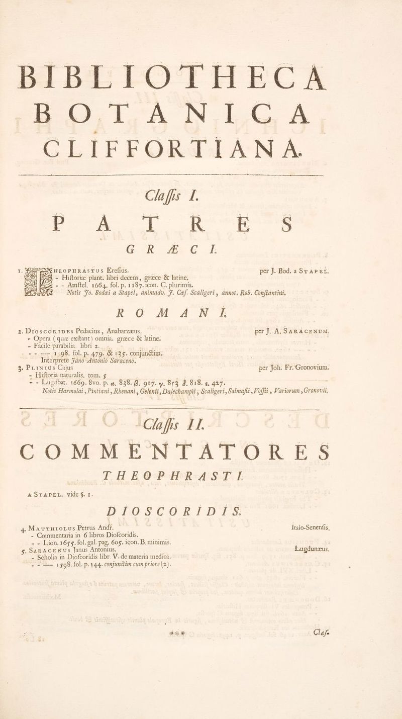 Claffs I, [. Io 37E' 3 Gr 4c Zz-XHEoPHRAsTUS Erefius. per J. Bod. a Sr A» £r. y25 - Hiítoriz plant. libri decem , graece &amp; latine; - - Amftel. 1664. fol. p. 1187. 1con. C. plurimis. Notis 9fó. Bódei a Stapel, animado. J- Caf. Scáligeri, annot. Rob. Conftantini. RO MAN E 2. Droscon1iDprs Pedacius, Anabarzaus. — per J. A. SaRAcENUM.  Opera ( quz exftant) omnia. Sig &amp; latine; - Facile parabilia.. libri 2, (o2 2o —— 3598. fol. p. 479. &amp; 125. conjunctim; /' Interprete jáno Antonio Saraceno. du oe NS 3. PriN 105 Cajus per Joh. Fr. Gronovium. - Hiltoria naturalis, tom. $ - - Lugdbat. 1669. 8vo. p. a, 838. G. 917. y. 8r3 3. 818. 6427. ! | Notis Harmolai , Pintiani , Rhenani , Gelenii Dates Gcaligeri , Salmafü , Vo[fü , Variorum , Gronovii, co Quis 11 COMMENTATORES IHEOPHRASTIE A STAPEL. vide $. 1. DIOSCORIDIS 4. MA TTHIOLUSs Petrus Andk. sica Italo-Senenfis, - Commentaria in. 6 libros Diofcoridis. - - Lion. 16$ 5. fol. gal. pag. 605. 1con. B. minimis, | ! 4. SARACENUSs lanus Antonius. | Lugdunzus, - Scholia in Diofcoridis libr. V. de materia medica. | - « —— 1$98.fol. p. 144. conjunctim cum priore (2). IS | Claf-